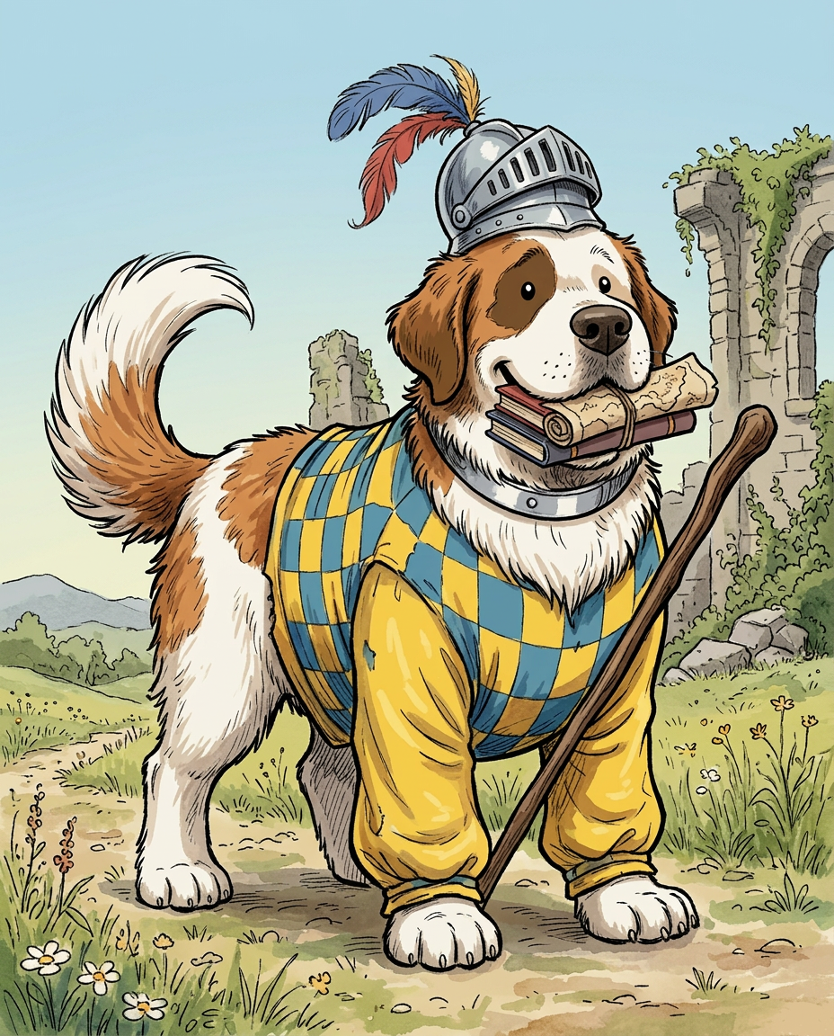 AI Design for # 🐶 Rufus Stonepaw

If Jasper is the dreamer and Milo is the scholar, then **Rufus is the heart of the group**.

The moment somebody sees Rufus, they should smile.

---

## First Impression

Rufus is big.

Very big.

Not scary big.

Comforting big.

The kind of dog who takes up half a bench when he sits down.

He's the tallest member of the friend group and much broader than everyone else.

When he walks, his footsteps feel heavy.

When he laughs, everyone hears it.

When he enters a room, people notice.

---

## Fur

Rufus has mostly white fur.

Across his body are patches of warm brown.

Most notably:

🤎 Around one eye.

🤎 Along parts of his back and shoulders.

🤎 Small patches scattered naturally across his body.

The colors make him look rustic and approachable.

Like a farm dog who somehow became a knight.

---

## Face

His face is friendly.

Very friendly.

Big smile.

Big nose.

Soft eyes.

His eyes aren't sharp or intimidating.

They're warm.

The kind of eyes that say:

> "Don't worry. I'll help."

Even when he has absolutely no idea what's going on.

---

## The Helmet

His most iconic feature.

A knight's helmet.

Silver.

Polished.

Decorated with:

🔵 Blue feathers

🔴 Red feathers

The funny part?

The helmet is too small.

Way too small.

It clearly doesn't fit him properly.

Yet he wears it proudly.

Like the greatest knight in the kingdom.

Everyone recognizes him because of it.

---

## Clothing

Rufus wears a knight-inspired outfit.

Not heavy armor.

More like a colorful medieval tunic.

Pattern:

🟡 Yellow

🔵 Blue

Checkerboard design.

The colors are vibrant without being bright.

They make him stand out immediately.

The outfit is worn and comfortable.

You can tell he's actually lived in it.

---

## The Silver Collar

Around his neck sits a silver collar.

Simple.

Clean.

Almost like a badge of honor.

Not flashy.

Just part of who he is.

---

## Pose

Rufus rarely looks serious.

Most illustrations show him:

😁 Laughing.

🍗 Eating.

🐾 Helping somebody carry something.

🛡 Proudly standing guard.

Or trying very hard to act knightly.

---

## Personality Through Art

The illustrator should communicate:

* Loyalty.
* Courage.
* Kindness.
* Enthusiasm.

Rufus is brave.

But he isn't trying to prove it.

He helps because helping feels right.

---

## Silhouette

Even as a black shadow, you'd instantly recognize him.

🐶 Huge body.

🪖 Tiny helmet.

🛡 Broad shoulders.

The silhouette is unmistakable.

---

## Storybook Illustration Example

Imagine a chapter illustration.

The group is crossing a stream.

Jasper carefully balances on a log.

Milo is checking a map.

Shadow is drawing notes.

Meanwhile Rufus has simply picked up three of his friends at once and is carrying them across.

He's grinning from ear to ear.

His tiny helmet is sliding sideways.

Nobody asked him to do this.

He just thought it would help.

And honestly?

It did.

That single image tells you everything about Rufus Stonepaw:

A giant dog with a tiny helmet, a huge heart, and the unwavering belief that every problem can be solved with courage, friendship, and perhaps a second helping of stew. 🐶🛡️🍲✨
quadropedal big chubbylonge sleeves comic boook art stzle insired  bold thivk lines dot ezes comic book stzle no other charachters are around him he is alone smiling comic book stzle of drawing  bold thick black lines