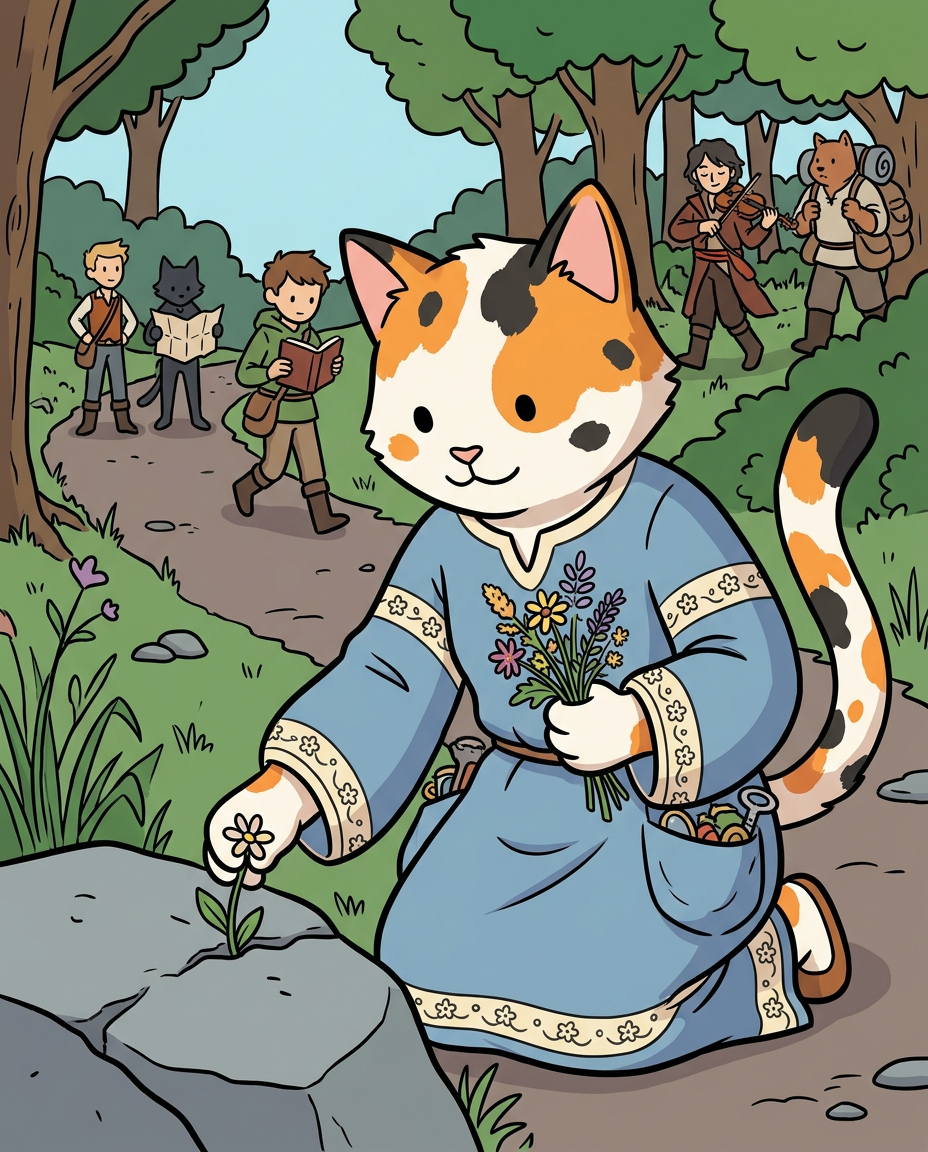 AI Design for � Pippa Sunpatch
Pippa Sunpatch is sunshine in cat form.
Not because she's loud.
Not because she's constantly talking.
But because whenever she's around, things feel a little brighter.
First Impression
Pippa is a calico cat.
Her fur is mostly white, covered in patches of:
🧡 Orange
🖤 Black
🤍 White
The patches are scattered naturally across her body.
When sunlight hits her fur, it almost looks like little pieces of sunlight resting on her coat.
That's where the name Sunpatch comes from.
Face
Pippa has a warm, friendly face.
Her eyes are bright and curious.
Not mischievous like Ashen.
Not focused like Jasper.
Not scholarly like Milo.
Just genuinely interested in the world.
She notices things other people miss.
Clothing
You mentioned blue, and I think blue works perfectly.
Not royal blue.
Not bright blue.
A soft storybook blue.
Something like:
🔵 Cornflower blue
🔵 Sky blue
🔵 Dusty blue
Her outfit could be a simple medieval dress or tunic.
Nothing fancy.
Just comfortable and practical.
Maybe small cream-colored embroidery along the sleeves.
Tiny flower patterns near the edges.
Subtle details.
Accessories
Pippa isn't the type to carry weapons everywhere.
Instead she might carry:
🌼 A flower pouch
🌿 Small gardening tools
📜 Little notes
🍎 Snacks
🐚 Interesting things she finds
Her pockets are always full of random treasures.
Personality
Pippa is kind.
But not in a boring way.
She's the friend who notices when someone feels left out.
The friend who remembers birthdays.
The friend who saves a flower because it looked lonely.
Her Role in the Group
This is important.
Every group needs someone who helps everyone stay connected.
That's Pippa.
When Jasper gets too obsessed with Rowan...
Pippa brings him back to earth.
When Milo disappears into research...
Pippa reminds him to eat.
When Shadow spends twelve hours drawing maps...
Pippa convinces him to take a break.
When Rufus gets discouraged...
Pippa encourages him.
When Ashen gets carried away...
Pippa laughs along with him.
She's the glue.
Pose
In illustrations she's often:
🌼 Holding flowers
🌿 Sitting in gardens
🐦 Feeding birds
📖 Listening to stories
😊 Smiling at friends
Not because she isn't adventurous.
Because she appreciates small beautiful things.
Silhouette
Even in silhouette:
🐱 Cat ears
👗 Simple blue outfit
🌼 Flower in paw
Recognizable immediately.
Storybook Illustration Example
Imagine a chapter illustration.
The group is walking along a forest road.
Jasper is looking ahead.
Shadow is studying a map.
Milo is reading while walking.
Ashen is playing his fiddle.
Rufus is carrying half the supplies.
Meanwhile, Pippa has stopped.
Not because she's tired.
Not because she's distracted.
A tiny wildflower is growing through a crack in a stone beside the road.
She's kneeling beside it.
Just admiring it for a moment.
Then she smiles and catches up with the group.
The Feeling She Gives
If Jasper is the adventure...
If Milo is the knowledge...
If Shadow is the exploration...
If Rufus is the courage...
If Ashen is the joy...
Then Pippa is the warmth.
She's the reason the group feels like friends instead of simply a team.
The kind of character readers remember because she makes the world feel kinder, brighter, and more alive. 🌼🐱💙✨
comic book art style with dot eyes bold black lines minimal shading simple colours baggz oneseie vibrant colours clothinkg middle ages style