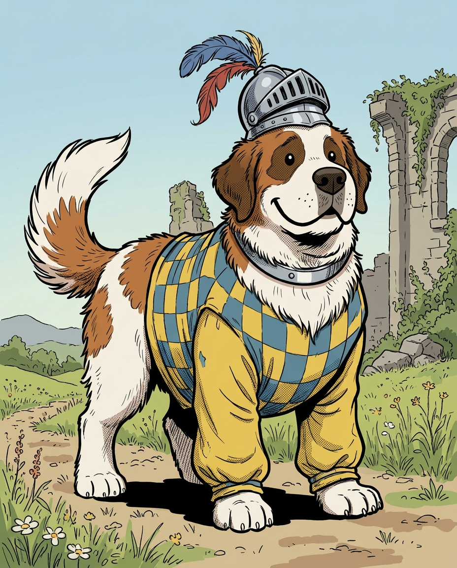 AI Design for # 🐶 Rufus Stonepaw

If Jasper is the dreamer and Milo is the scholar, then **Rufus is the heart of the group**.

The moment somebody sees Rufus, they should smile.

---

## First Impression

Rufus is big.

Very big.

Not scary big.

Comforting big.

The kind of dog who takes up half a bench when he sits down.

He's the tallest member of the friend group and much broader than everyone else.

When he walks, his footsteps feel heavy.

When he laughs, everyone hears it.

When he enters a room, people notice.

---

## Fur

Rufus has mostly white fur.

Across his body are patches of warm brown.

Most notably:

🤎 Around one eye.

🤎 Along parts of his back and shoulders.

🤎 Small patches scattered naturally across his body.

The colors make him look rustic and approachable.

Like a farm dog who somehow became a knight.

---

## Face

His face is friendly.

Very friendly.

Big smile.

Big nose.

Soft eyes.

His eyes aren't sharp or intimidating.

They're warm.

The kind of eyes that say:

> "Don't worry. I'll help."

Even when he has absolutely no idea what's going on.

---

## The Helmet

His most iconic feature.

A knight's helmet.

Silver.

Polished.

Decorated with:

🔵 Blue feathers

🔴 Red feathers

The funny part?

The helmet is too small.

Way too small.

It clearly doesn't fit him properly.

Yet he wears it proudly.

Like the greatest knight in the kingdom.

Everyone recognizes him because of it.

---

## Clothing

Rufus wears a knight-inspired outfit.

Not heavy armor.

More like a colorful medieval tunic.

Pattern:

🟡 Yellow

🔵 Blue

Checkerboard design.

The colors are vibrant without being bright.

They make him stand out immediately.

The outfit is worn and comfortable.

You can tell he's actually lived in it.

---

## The Silver Collar

Around his neck sits a silver collar.

Simple.

Clean.

Almost like a badge of honor.

Not flashy.

Just part of who he is.

---

## Pose

Rufus rarely looks serious.

Most illustrations show him:

😁 Laughing.

🍗 Eating.

🐾 Helping somebody carry something.

🛡 Proudly standing guard.

Or trying very hard to act knightly.

---

## Personality Through Art

The illustrator should communicate:

* Loyalty.
* Courage.
* Kindness.
* Enthusiasm.

Rufus is brave.

But he isn't trying to prove it.

He helps because helping feels right.

---

## Silhouette

Even as a black shadow, you'd instantly recognize him.

🐶 Huge body.

🪖 Tiny helmet.

🛡 Broad shoulders.

The silhouette is unmistakable.

---

## Storybook Illustration Example

Imagine a chapter illustration.

The group is crossing a stream.

Jasper carefully balances on a log.

Milo is checking a map.

Shadow is drawing notes.

Meanwhile Rufus has simply picked up three of his friends at once and is carrying them across.

He's grinning from ear to ear.

His tiny helmet is sliding sideways.

Nobody asked him to do this.

He just thought it would help.

And honestly?

It did.

That single image tells you everything about Rufus Stonepaw:

A giant dog with a tiny helmet, a huge heart, and the unwavering belief that every problem can be solved with courage, friendship, and perhaps a second helping of stew. 🐶🛡️🍲✨
quadropedal big chubbylonge sleeves comic boook art stzle insired  bold thivk lines dot ezes comic book stzle no other charachters are around him he is alone smiling comic book stzle of drawing  bold thick black lines
