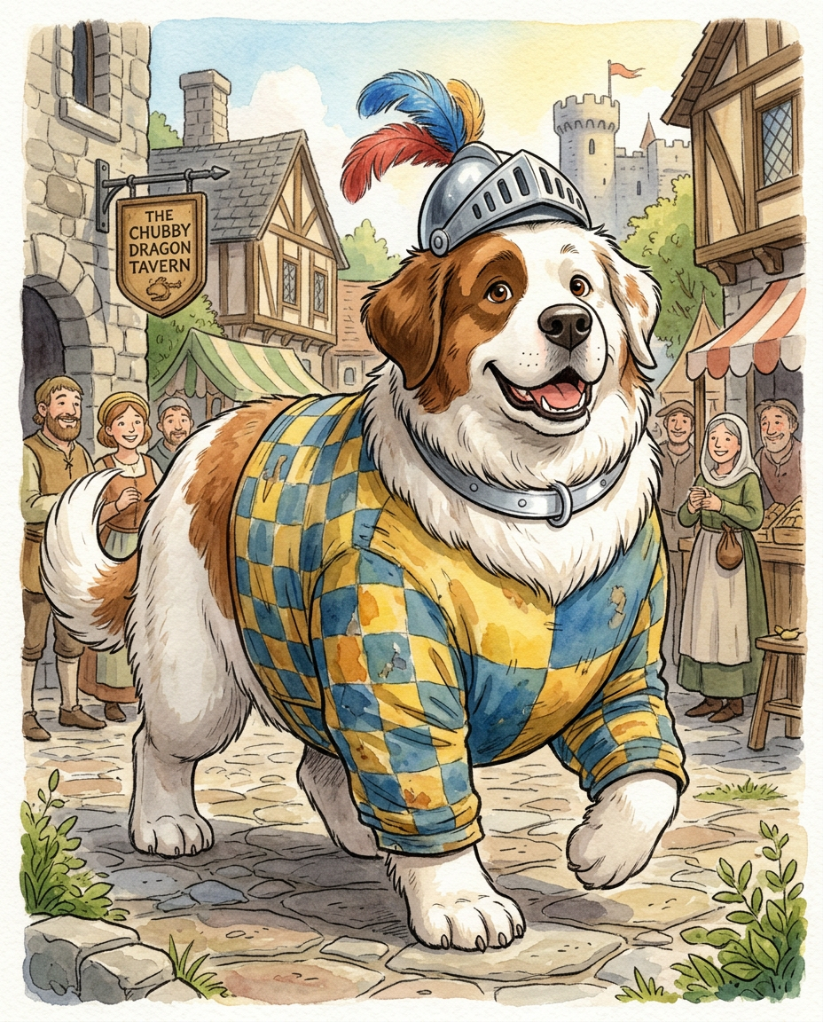AI Design for # 🐶 Rufus Stonepaw

If Jasper is the dreamer and Milo is the scholar, then **Rufus is the heart of the group**.

The moment somebody sees Rufus, they should smile.

---

## First Impression

Rufus is big.

Very big.

Not scary big.

Comforting big.

The kind of dog who takes up half a bench when he sits down.

He's the tallest member of the friend group and much broader than everyone else.

When he walks, his footsteps feel heavy.

When he laughs, everyone hears it.

When he enters a room, people notice.

---

## Fur

Rufus has mostly white fur.

Across his body are patches of warm brown.

Most notably:

🤎 Around one eye.

🤎 Along parts of his back and shoulders.

🤎 Small patches scattered naturally across his body.

The colors make him look rustic and approachable.

Like a farm dog who somehow became a knight.

---

## Face

His face is friendly.

Very friendly.

Big smile.

Big nose.

Soft eyes.

His eyes aren't sharp or intimidating.

They're warm.

The kind of eyes that say:

> "Don't worry. I'll help."

Even when he has absolutely no idea what's going on.

---

## The Helmet

His most iconic feature.

A knight's helmet.

Silver.

Polished.

Decorated with:

🔵 Blue feathers

🔴 Red feathers

The funny part?

The helmet is too small.

Way too small.

It clearly doesn't fit him properly.

Yet he wears it proudly.

Like the greatest knight in the kingdom.

Everyone recognizes him because of it.

---

## Clothing

Rufus wears a knight-inspired outfit.

Not heavy armor.

More like a colorful medieval tunic.

Pattern:

🟡 Yellow

🔵 Blue

Checkerboard design.

The colors are vibrant without being bright.

They make him stand out immediately.

The outfit is worn and comfortable.

You can tell he's actually lived in it.

---

## The Silver Collar

Around his neck sits a silver collar.

Simple.

Clean.

Almost like a badge of honor.

Not flashy.

Just part of who he is.

---

## Pose

Rufus rarely looks serious.

Most illustrations show him:

😁 Laughing.

🍗 Eating.

🐾 Helping somebody carry something.

🛡 Proudly standing guard.

Or trying very hard to act knightly.

---

## Personality Through Art

The illustrator should communicate:

* Loyalty.
* Courage.
* Kindness.
* Enthusiasm.

Rufus is brave.

But he isn't trying to prove it.

He helps because helping feels right.

---

## Silhouette

Even as a black shadow, you'd instantly recognize him.

🐶 Huge body.

🪖 Tiny helmet.

🛡 Broad shoulders.

The silhouette is unmistakable.

---

## Storybook Illustration Example

Imagine a chapter illustration.

The group is crossing a stream.

Jasper carefully balances on a log.

Milo is checking a map.

Shadow is drawing notes.

Meanwhile Rufus has simply picked up three of his friends at once and is carrying them across.

He's grinning from ear to ear.

His tiny helmet is sliding sideways.

Nobody asked him to do this.

He just thought it would help.

And honestly?

It did.

That single image tells you everything about Rufus Stonepaw:

A giant dog with a tiny helmet, a huge heart, and the unwavering belief that every problem can be solved with courage, friendship, and perhaps a second helping of stew. 🐶🛡️🍲✨
quadropedal big chubbylonge sleeves
