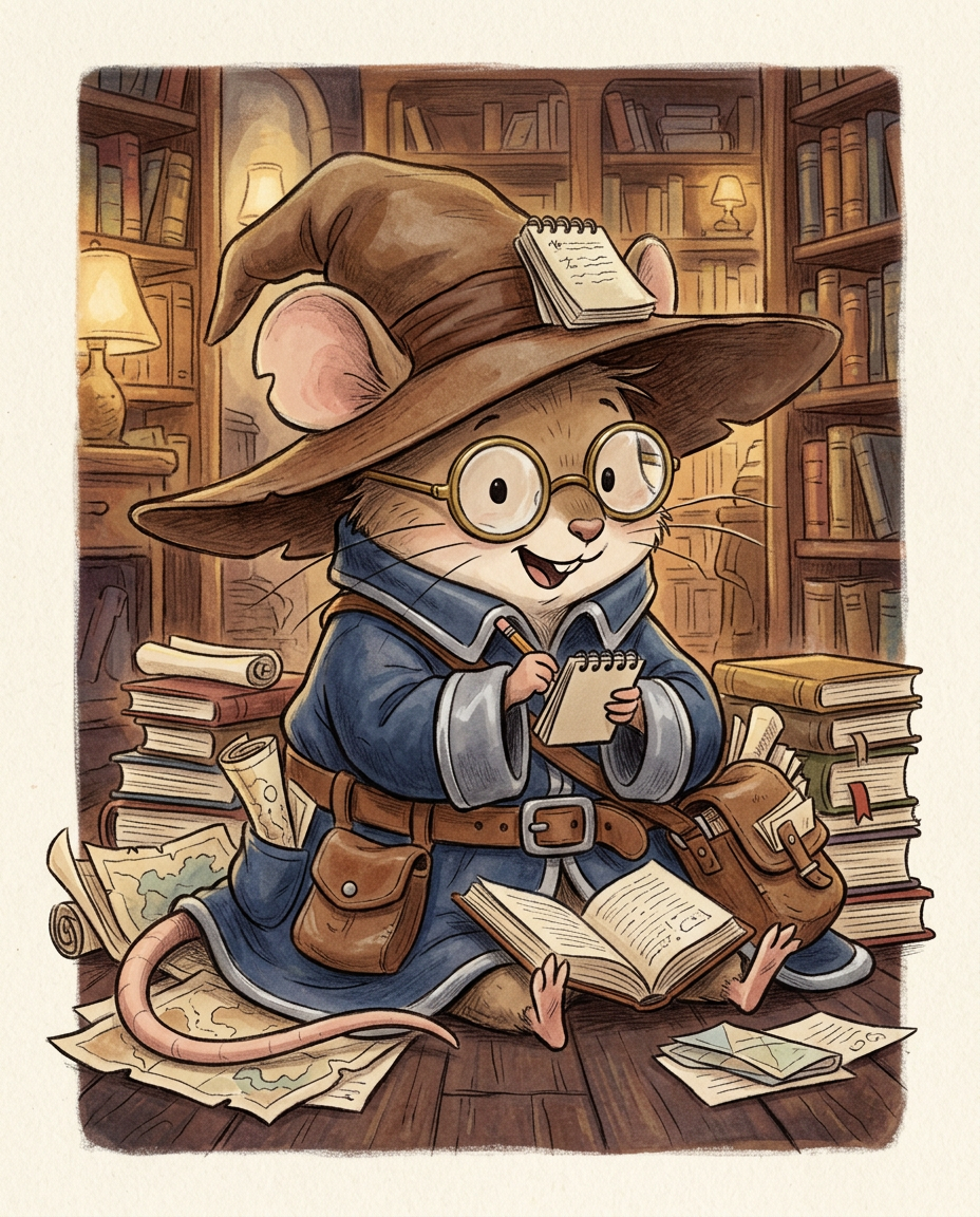 AI Design for Sure! Based on everything you've described so far, this is how I imagine **Milo Underburrow** in the *Embermane Chronicles* storybook art style.
---
# 🐭 Milo Underburrow
Milo is a small mouse, noticeably shorter than almost everyone else in the group.
At first glance, he looks like somebody who accidentally wandered out of a library and into an adventure.
---
## Face
Milo has a soft, friendly face.
His eyes are simple storybook eyes:
⚫ Small black dots or tiny ovals.
Not realistic.
Not anime.
Very expressive despite their simplicity.
His nose is small and dark.
His whiskers stick out in every direction, making him look a little untidy.
Like he forgot to comb them because he was busy reading.
---
## Glasses
One of his most recognizable features.
Large round spectacles.
Slightly oversized for his face.
They constantly slide down his nose.
Sometimes he pushes them back up while talking.
The glasses make him look:
* Curious
* Intelligent
* Slightly goofy
---
## Hat
His hat is enormous.
Almost comically large.
A floppy traveler's hat.
The brim droops slightly.
It casts a shadow over his face.
The hat always looks a little too big for him.
That's part of the charm.
---
## Clothing
Milo wears very baggy clothing.
Loose sleeves.
Oversized coat.
Big pockets everywhere.
The clothes almost look inherited from somebody twice his size.
Colors:
🔵 Deep blue
⚪ Silver-gray details
🟤 Brown belt
Nothing flashy.
Practical.
Comfortable.
A mouse who expects to spend all day reading.
---
## Accessories
Books.
Always books.
Not one book.
Several.
He often carries:
📚 A satchel full of notes
📚 Scrolls sticking out of pockets
📚 Little notebooks
📚 Folded maps
Sometimes papers fall out while he walks.
---
## Pose
When illustrated, Milo rarely stands still.
He's usually:
📖 Reading
📝 Writing notes
🔍 Examining something interesting
🤔 Thinking
Or excitedly explaining something nobody asked about.
---
## Personality Through Art
The illustrator should make him look:
* Enthusiastic
* Intelligent
* Curious
* Slightly chaotic
Not a serious scholar.
Not a boring professor.
More like:
> A mouse who got distracted researching one thing and accidentally discovered twelve more things.
---
## Silhouette
This is important.
Even completely blacked out, you'd recognize him instantly:
🎩 Huge floppy hat
👓 Round glasses
📚 Stack of books
🧥 Oversized coat
🐭 Small body
That silhouette becomes uniquely Milo.
---
## Storybook Illustration Example
Imagine a chapter illustration.
Milo is sitting cross-legged on a library floor.
Books are piled around him.
One book is open.
Another is balanced on his knee.
A third is somehow resting on top of his hat.
His glasses have slipped down his nose.
His tail curls around a stack of papers.
Meanwhile he's grinning because he's just discovered a fascinating fact about Rowan Embermane.
That single image tells you exactly who Milo is.
Not a warrior.
Not a king.
Not a hero in the traditional sense.
Just a wonderfully curious little mouse who loves learning almost as much as Jasper loves adventuring. 🐭📚✨