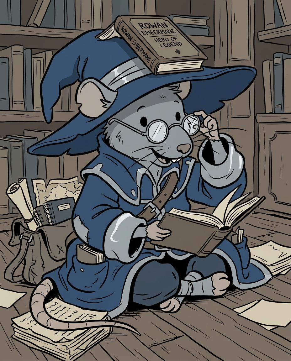 AI Design for Sure! Based on everything you've described so far, this is how I imagine **Milo Underburrow** in the *Embermane Chronicles* storybook art style.
---
# 🐭 Milo Underburrow
Milo is a small mouse, noticeably shorter than almost everyone else in the group.
At first glance, he looks like somebody who accidentally wandered out of a library and into an adventure.
---
## Face
Milo has a soft, friendly face.
His eyes are simple storybook eyes:
⚫ Small black dots or tiny ovals.
Not realistic.
Not anime.
Very expressive despite their simplicity.
His nose is small and dark.
His whiskers stick out in every direction, making him look a little untidy.
Like he forgot to comb them because he was busy reading.
---
## Glasses
One of his most recognizable features.
Large round spectacles.
Slightly oversized for his face.
They constantly slide down his nose.
Sometimes he pushes them back up while talking.
The glasses make him look:
* Curious
* Intelligent
* Slightly goofy
---
## Hat
His hat is enormous.
Almost comically large.
A floppy traveler's hat.
The brim droops slightly.
It casts a shadow over his face.
The hat always looks a little too big for him.
That's part of the charm.
---
## Clothing
Milo wears very baggy clothing.
Loose sleeves.
Oversized coat.
Big pockets everywhere.
The clothes almost look inherited from somebody twice his size.
Colors:
🔵 Deep blue
⚪ Silver-gray details
🟤 Brown belt
Nothing flashy.
Practical.
Comfortable.
A mouse who expects to spend all day reading.
---
## Accessories
Books.
Always books.
Not one book.
Several.
He often carries:
📚 A satchel full of notes
📚 Scrolls sticking out of pockets
📚 Little notebooks
📚 Folded maps
Sometimes papers fall out while he walks.
---
## Pose
When illustrated, Milo rarely stands still.
He's usually:
📖 Reading
📝 Writing notes
🔍 Examining something interesting
🤔 Thinking
Or excitedly explaining something nobody asked about.
---
## Personality Through Art
The illustrator should make him look:
* Enthusiastic
* Intelligent
* Curious
* Slightly chaotic
Not a serious scholar.
Not a boring professor.
More like:
> A mouse who got distracted researching one thing and accidentally discovered twelve more things.
---
## Silhouette
This is important.
Even completely blacked out, you'd recognize him instantly:
🎩 Huge floppy hat
👓 Round glasses
📚 Stack of books
🧥 Oversized coat
🐭 Small body
That silhouette becomes uniquely Milo.
---
## Storybook Illustration Example
Imagine a chapter illustration.
Milo is sitting cross-legged on a library floor.
Books are piled around him.
One book is open.
Another is balanced on his knee.
A third is somehow resting on top of his hat.
His glasses have slipped down his nose.
His tail curls around a stack of papers.
Meanwhile he's grinning because he's just discovered a fascinating fact about Rowan Embermane.
That single image tells you exactly who Milo is.
Not a warrior.
Not a king.
Not a hero in the traditional sense.
Just a wonderfully curious little mouse who loves learning almost as much as Jasper loves adventuring. 🐭📚✨
gray rat cartoonz bold lines minimal shadind comic book INSpO not copzing