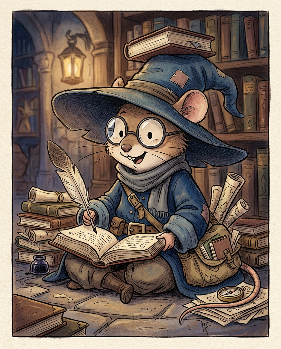 AI Design for Sure! Based on everything you've described so far, this is how I imagine **Milo Underburrow** in the *Embermane Chronicles* storybook art style.
---
# 🐭 Milo Underburrow
Milo is a small mouse, noticeably shorter than almost everyone else in the group.
At first glance, he looks like somebody who accidentally wandered out of a library and into an adventure.
---
## Face
Milo has a soft, friendly face.
His eyes are simple storybook eyes:
⚫ Small black dots or tiny ovals.
Not realistic.
Not anime.
Very expressive despite their simplicity.
His nose is small and dark.
His whiskers stick out in every direction, making him look a little untidy.
Like he forgot to comb them because he was busy reading.
---
## Glasses
One of his most recognizable features.
Large round spectacles.
Slightly oversized for his face.
They constantly slide down his nose.
Sometimes he pushes them back up while talking.
The glasses make him look:
* Curious
* Intelligent
* Slightly goofy
---
## Hat
His hat is enormous.
Almost comically large.
A floppy traveler's hat.
The brim droops slightly.
It casts a shadow over his face.
The hat always looks a little too big for him.
That's part of the charm.
---
## Clothing
Milo wears very baggy clothing.
Loose sleeves.
Oversized coat.
Big pockets everywhere.
The clothes almost look inherited from somebody twice his size.
Colors:
🔵 Deep blue
⚪ Silver-gray details
🟤 Brown belt
Nothing flashy.
Practical.
Comfortable.
A mouse who expects to spend all day reading.
---
## Accessories
Books.
Always books.
Not one book.
Several.
He often carries:
📚 A satchel full of notes
📚 Scrolls sticking out of pockets
📚 Little notebooks
📚 Folded maps
Sometimes papers fall out while he walks.
---
## Pose
When illustrated, Milo rarely stands still.
He's usually:
📖 Reading
📝 Writing notes
🔍 Examining something interesting
🤔 Thinking
Or excitedly explaining something nobody asked about.
---
## Personality Through Art
The illustrator should make him look:
* Enthusiastic
* Intelligent
* Curious
* Slightly chaotic
Not a serious scholar.
Not a boring professor.
More like:
> A mouse who got distracted researching one thing and accidentally discovered twelve more things.
---
## Silhouette
This is important.
Even completely blacked out, you'd recognize him instantly:
🎩 Huge floppy hat
👓 Round glasses
📚 Stack of books
🧥 Oversized coat
🐭 Small body
That silhouette becomes uniquely Milo.
---
## Storybook Illustration Example
Imagine a chapter illustration.
Milo is sitting cross-legged on a library floor.
Books are piled around him.
One book is open.
Another is balanced on his knee.
A third is somehow resting on top of his hat.
His glasses have slipped down his nose.
His tail curls around a stack of papers.
Meanwhile he's grinning because he's just discovered a fascinating fact about Rowan Embermane.
That single image tells you exactly who Milo is.
Not a warrior.
Not a king.
Not a hero in the traditional sense.
Just a wonderfully curious little mouse who loves learning almost as much as Jasper loves adventuring. 🐭📚✨
