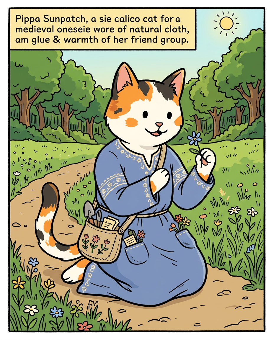 AI Design for � Pippa Sunpatch
Pippa Sunpatch is sunshine in cat form.
Not because she's loud.
Not because she's constantly talking.
But because whenever she's around, things feel a little brighter.
First Impression
Pippa is a calico cat.
Her fur is mostly white, covered in patches of:
🧡 Orange
🖤 Black
🤍 White
The patches are scattered naturally across her body.
When sunlight hits her fur, it almost looks like little pieces of sunlight resting on her coat.
That's where the name Sunpatch comes from.
Face
Pippa has a warm, friendly face.
Her eyes are bright and curious.
Not mischievous like Ashen.
Not focused like Jasper.
Not scholarly like Milo.
Just genuinely interested in the world.
She notices things other people miss.
Clothing
You mentioned blue, and I think blue works perfectly.
Not royal blue.
Not bright blue.
A soft storybook blue.
Something like:
🔵 Cornflower blue
🔵 Sky blue
🔵 Dusty blue
Her outfit could be a simple medieval dress or tunic.
Nothing fancy.
Just comfortable and practical.
Maybe small cream-colored embroidery along the sleeves.
Tiny flower patterns near the edges.
Subtle details.
Accessories
Pippa isn't the type to carry weapons everywhere.
Instead she might carry:
🌼 A flower pouch
🌿 Small gardening tools
📜 Little notes
🍎 Snacks
🐚 Interesting things she finds
Her pockets are always full of random treasures.
Personality
Pippa is kind.
But not in a boring way.
She's the friend who notices when someone feels left out.
The friend who remembers birthdays.
The friend who saves a flower because it looked lonely.
Her Role in the Group
This is important.
Every group needs someone who helps everyone stay connected.
That's Pippa.
When Jasper gets too obsessed with Rowan...
Pippa brings him back to earth.
When Milo disappears into research...
Pippa reminds him to eat.
When Shadow spends twelve hours drawing maps...
Pippa convinces him to take a break.
When Rufus gets discouraged...
Pippa encourages him.
When Ashen gets carried away...
Pippa laughs along with him.
She's the glue.
Pose
In illustrations she's often:
🌼 Holding flowers
🌿 Sitting in gardens
🐦 Feeding birds
📖 Listening to stories
😊 Smiling at friends
Not because she isn't adventurous.
Because she appreciates small beautiful things.
Silhouette
Even in silhouette:
🐱 Cat ears
👗 Simple blue outfit
🌼 Flower in paw
Recognizable immediately.
Storybook Illustration Example
Imagine a chapter illustration.
The group is walking along a forest road.
Jasper is looking ahead.
Shadow is studying a map.
Milo is reading while walking.
Ashen is playing his fiddle.
Rufus is carrying half the supplies.
Meanwhile, Pippa has stopped.
Not because she's tired.
Not because she's distracted.
A tiny wildflower is growing through a crack in a stone beside the road.
She's kneeling beside it.
Just admiring it for a moment.
Then she smiles and catches up with the group.
The Feeling She Gives
If Jasper is the adventure...
If Milo is the knowledge...
If Shadow is the exploration...
If Rufus is the courage...
If Ashen is the joy...
Then Pippa is the warmth.
She's the reason the group feels like friends instead of simply a team.
The kind of character readers remember because she makes the world feel kinder, brighter, and more alive. 🌼🐱💙✨
comic book art style with dot eyes bold black lines minimal shading simple colours baggz oneseie vibrant colours clothinkg middle ages style
