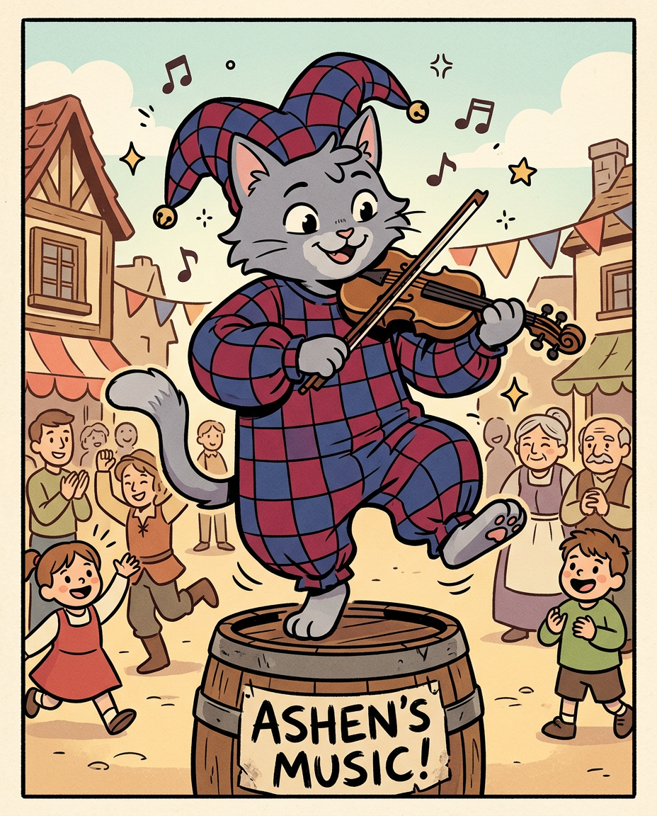AI Design for # � Ashen Greybrook
If Jasper is the hero, Milo is the scholar, Shadow is the explorer, and Rufus is the knight...
**Ashen is the spark.**
He's the friend who makes every scene more fun the moment he walks into it.
---
## First Impression
Ashen is a medium-sized gray cat.
Not as tall as Shadow.
Not as large as Rufus.
Not as small as Milo.
He sits right in the middle.
But somehow he always stands out.
---
## Fur
Soft ash-gray fur.
Lighter than Shadow's.
His fur has a slightly messy look to it.
Not dirty.
Just the kind of fur that never stays perfectly neat.
Especially after running around all day.
---
## Face
Ashen always looks like he's about to say something.
Or do something.
Or accidentally cause something.
His eyes are bright and lively.
His smile comes easily.
Sometimes a little mischievous.
Sometimes completely innocent.
Usually both.
---
## Clothing
One of the most recognizable outfits in the group.
A loose, comfortable outfit made of:
🔴 Deep red
🔵 Deep blue
In a checkered pattern.
Not royal.
Not flashy.
Just colorful enough to make him instantly recognizable.
The clothes are slightly oversized.
They move when he runs.
They sway when he dances.
And they make him look like he belongs at a festival.
---
## The Fiddle
His signature item.
🎻 A fiddle carried almost everywhere.
Not because somebody told him to.
Because he genuinely loves music.
Whenever there's silence...
Ashen fills it.
---
## Personality
Ashen is cheerful.
Very cheerful.
He's the sort of person who can turn a boring walk into an adventure.
A rainy afternoon into a game.
A quiet dinner into a celebration.
He's not reckless.
He's just enthusiastic.
---
## His Role in the Group
People often think every fantasy group needs:
* A hero
* A fighter
* A scholar
But Ashen fills a different role.
He keeps everyone's spirits high.
When things get tense...
Ashen tells a joke.
When people argue...
Ashen changes the subject.
When the road feels long...
Ashen starts playing music.
---
## Pose
In illustrations he's often:
🎻 Playing his fiddle
🕺 Dancing
😄 Laughing
🎶 Teaching someone a song
Or doing something slightly ridiculous.
---
## Silhouette
Even in black silhouette you'd know it's him.
🐱 Cat ears
🎻 Fiddle
🧥 Loose checkered outfit
Energetic pose
Instantly recognizable.
---
## Storybook Illustration Example
Imagine a chapter illustration.
The group has stopped at a village fair.
Milo is examining books.
Shadow is studying a town map.
Jasper is trying an archery game.
Pippa is looking at flowers.
Rufus is carrying too much food.
And right in the middle of the square...
Ashen is standing on a barrel.
Playing his fiddle.
A crowd of children is dancing.
A few adults are clapping.
Even Rufus is trying to dance.
The whole scene feels alive because Ashen is there.
---
## The Feeling He Gives
Ashen isn't the strongest.
He isn't the smartest.
He isn't the leader.
But if he disappeared for a day, everyone would notice.
Because he's the one who brings laughter, music, and energy wherever he goes.
He's the friend who reminds everyone that adventures aren't just about reaching the destination.
They're about having fun along the way. 🎻🐱✨🌟comic book art style with dot eyes bold black lines minimal shading simple colours jester hat baggz oneseie vibrant colours