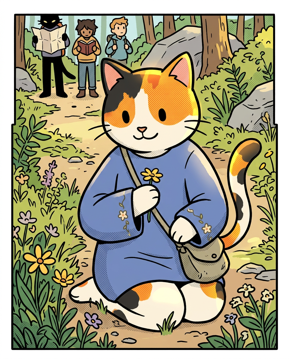 AI Design for � Pippa Sunpatch
Pippa Sunpatch is sunshine in cat form.
Not because she's loud.
Not because she's constantly talking.
But because whenever she's around, things feel a little brighter.
First Impression
Pippa is a calico cat.
Her fur is mostly white, covered in patches of:
🧡 Orange
🖤 Black
🤍 White
The patches are scattered naturally across her body.
When sunlight hits her fur, it almost looks like little pieces of sunlight resting on her coat.
That's where the name Sunpatch comes from.
Face
Pippa has a warm, friendly face.
Her eyes are bright and curious.
Not mischievous like Ashen.
Not focused like Jasper.
Not scholarly like Milo.
Just genuinely interested in the world.
She notices things other people miss.
Clothing
You mentioned blue, and I think blue works perfectly.
Not royal blue.
Not bright blue.
A soft storybook blue.
Something like:
🔵 Cornflower blue
🔵 Sky blue
🔵 Dusty blue
Her outfit could be a simple medieval dress or tunic.
Nothing fancy.
Just comfortable and practical.
Maybe small cream-colored embroidery along the sleeves.
Tiny flower patterns near the edges.
Subtle details.
Accessories
Pippa isn't the type to carry weapons everywhere.
Instead she might carry:
🌼 A flower pouch
🌿 Small gardening tools
📜 Little notes
🍎 Snacks
🐚 Interesting things she finds
Her pockets are always full of random treasures.
Personality
Pippa is kind.
But not in a boring way.
She's the friend who notices when someone feels left out.
The friend who remembers birthdays.
The friend who saves a flower because it looked lonely.
Her Role in the Group
This is important.
Every group needs someone who helps everyone stay connected.
That's Pippa.
When Jasper gets too obsessed with Rowan...
Pippa brings him back to earth.
When Milo disappears into research...
Pippa reminds him to eat.
When Shadow spends twelve hours drawing maps...
Pippa convinces him to take a break.
When Rufus gets discouraged...
Pippa encourages him.
When Ashen gets carried away...
Pippa laughs along with him.
She's the glue.
Pose
In illustrations she's often:
🌼 Holding flowers
🌿 Sitting in gardens
🐦 Feeding birds
📖 Listening to stories
😊 Smiling at friends
Not because she isn't adventurous.
Because she appreciates small beautiful things.
Silhouette
Even in silhouette:
🐱 Cat ears
👗 Simple blue outfit
🌼 Flower in paw
Recognizable immediately.
Storybook Illustration Example
Imagine a chapter illustration.
The group is walking along a forest road.
Jasper is looking ahead.
Shadow is studying a map.
Milo is reading while walking.
Ashen is playing his fiddle.
Rufus is carrying half the supplies.
Meanwhile, Pippa has stopped.
Not because she's tired.
Not because she's distracted.
A tiny wildflower is growing through a crack in a stone beside the road.
She's kneeling beside it.
Just admiring it for a moment.
Then she smiles and catches up with the group.
The Feeling She Gives
If Jasper is the adventure...
If Milo is the knowledge...
If Shadow is the exploration...
If Rufus is the courage...
If Ashen is the joy...
Then Pippa is the warmth.
She's the reason the group feels like friends instead of simply a team.
The kind of character readers remember because she makes the world feel kinder, brighter, and more alive. 🌼🐱💙✨
comic book art style with dot eyes bold black lines minimal shading simple colours baggz oneseie vibrant colours
