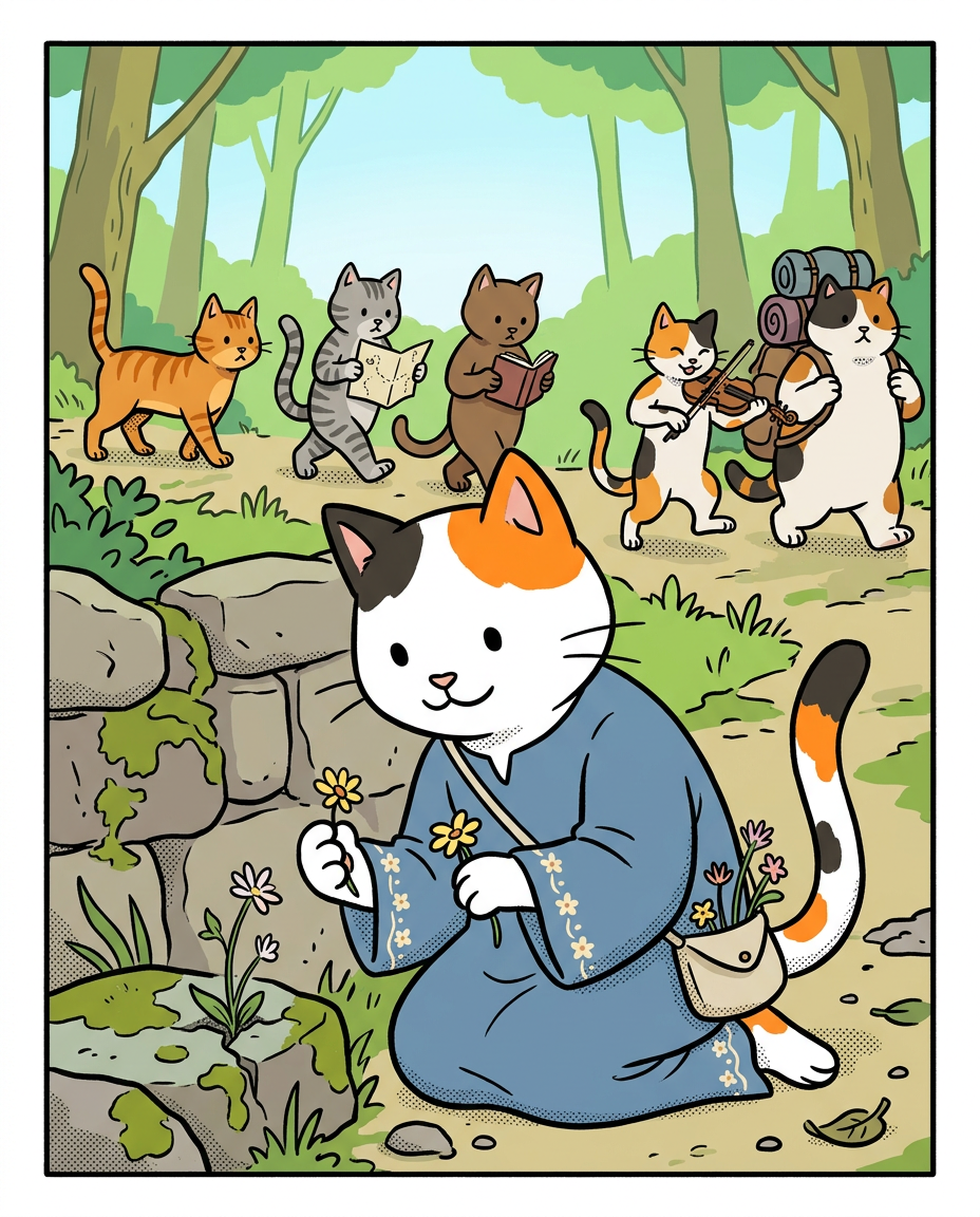 AI Design for � Pippa Sunpatch
Pippa Sunpatch is sunshine in cat form.
Not because she's loud.
Not because she's constantly talking.
But because whenever she's around, things feel a little brighter.
First Impression
Pippa is a calico cat.
Her fur is mostly white, covered in patches of:
🧡 Orange
🖤 Black
🤍 White
The patches are scattered naturally across her body.
When sunlight hits her fur, it almost looks like little pieces of sunlight resting on her coat.
That's where the name Sunpatch comes from.
Face
Pippa has a warm, friendly face.
Her eyes are bright and curious.
Not mischievous like Ashen.
Not focused like Jasper.
Not scholarly like Milo.
Just genuinely interested in the world.
She notices things other people miss.
Clothing
You mentioned blue, and I think blue works perfectly.
Not royal blue.
Not bright blue.
A soft storybook blue.
Something like:
🔵 Cornflower blue
🔵 Sky blue
🔵 Dusty blue
Her outfit could be a simple medieval dress or tunic.
Nothing fancy.
Just comfortable and practical.
Maybe small cream-colored embroidery along the sleeves.
Tiny flower patterns near the edges.
Subtle details.
Accessories
Pippa isn't the type to carry weapons everywhere.
Instead she might carry:
🌼 A flower pouch
🌿 Small gardening tools
📜 Little notes
🍎 Snacks
🐚 Interesting things she finds
Her pockets are always full of random treasures.
Personality
Pippa is kind.
But not in a boring way.
She's the friend who notices when someone feels left out.
The friend who remembers birthdays.
The friend who saves a flower because it looked lonely.
Her Role in the Group
This is important.
Every group needs someone who helps everyone stay connected.
That's Pippa.
When Jasper gets too obsessed with Rowan...
Pippa brings him back to earth.
When Milo disappears into research...
Pippa reminds him to eat.
When Shadow spends twelve hours drawing maps...
Pippa convinces him to take a break.
When Rufus gets discouraged...
Pippa encourages him.
When Ashen gets carried away...
Pippa laughs along with him.
She's the glue.
Pose
In illustrations she's often:
🌼 Holding flowers
🌿 Sitting in gardens
🐦 Feeding birds
📖 Listening to stories
😊 Smiling at friends
Not because she isn't adventurous.
Because she appreciates small beautiful things.
Silhouette
Even in silhouette:
🐱 Cat ears
👗 Simple blue outfit
🌼 Flower in paw
Recognizable immediately.
Storybook Illustration Example
Imagine a chapter illustration.
The group is walking along a forest road.
Jasper is looking ahead.
Shadow is studying a map.
Milo is reading while walking.
Ashen is playing his fiddle.
Rufus is carrying half the supplies.
Meanwhile, Pippa has stopped.
Not because she's tired.
Not because she's distracted.
A tiny wildflower is growing through a crack in a stone beside the road.
She's kneeling beside it.
Just admiring it for a moment.
Then she smiles and catches up with the group.
The Feeling She Gives
If Jasper is the adventure...
If Milo is the knowledge...
If Shadow is the exploration...
If Rufus is the courage...
If Ashen is the joy...
Then Pippa is the warmth.
She's the reason the group feels like friends instead of simply a team.
The kind of character readers remember because she makes the world feel kinder, brighter, and more alive. 🌼🐱💙✨
comic book art style with dot eyes bold black lines minimal shading simple colours baggz oneseie vibrant colours clothinkg middle ages style