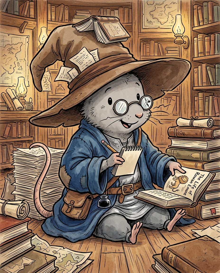 AI Design for Sure! Based on everything you've described so far, this is how I imagine **Milo Underburrow** in the *Embermane Chronicles* storybook art style.

---

# 🐭 Milo Underburrow

Milo is a small mouse, noticeably shorter than almost everyone else in the group.

At first glance, he looks like somebody who accidentally wandered out of a library and into an adventure.

---

## Face

Milo has a soft, friendly face.

His eyes are simple storybook eyes:

⚫ Small black dots or tiny ovals.

Not realistic.

Not anime.

Very expressive despite their simplicity.

His nose is small and dark.

His whiskers stick out in every direction, making him look a little untidy.

Like he forgot to comb them because he was busy reading.

---

## Glasses

One of his most recognizable features.

Large round spectacles.

Slightly oversized for his face.

They constantly slide down his nose.

Sometimes he pushes them back up while talking.

The glasses make him look:

* Curious
* Intelligent
* Slightly goofy

---

## Hat

His hat is enormous.

Almost comically large.

A floppy traveler's hat.

The brim droops slightly.

It casts a shadow over his face.

The hat always looks a little too big for him.

That's part of the charm.

---

## Clothing

Milo wears very baggy clothing.

Loose sleeves.

Oversized coat.

Big pockets everywhere.

The clothes almost look inherited from somebody twice his size.

Colors:

🔵 Deep blue

⚪ Silver-gray details

🟤 Brown belt

Nothing flashy.

Practical.

Comfortable.

A mouse who expects to spend all day reading.

---

## Accessories

Books.

Always books.

Not one book.

Several.

He often carries:

📚 A satchel full of notes

📚 Scrolls sticking out of pockets

📚 Little notebooks

📚 Folded maps

Sometimes papers fall out while he walks.

---

## Pose

When illustrated, Milo rarely stands still.

He's usually:

📖 Reading

📝 Writing notes

🔍 Examining something interesting

🤔 Thinking

Or excitedly explaining something nobody asked about.

---

## Personality Through Art

The illustrator should make him look:

* Enthusiastic
* Intelligent
* Curious
* Slightly chaotic

Not a serious scholar.

Not a boring professor.

More like:

> A mouse who got distracted researching one thing and accidentally discovered twelve more things.

---

## Silhouette

This is important.

Even completely blacked out, you'd recognize him instantly:

🎩 Huge floppy hat

👓 Round glasses

📚 Stack of books

🧥 Oversized coat

🐭 Small body

That silhouette becomes uniquely Milo.

---

## Storybook Illustration Example

Imagine a chapter illustration.

Milo is sitting cross-legged on a library floor.

Books are piled around him.

One book is open.

Another is balanced on his knee.

A third is somehow resting on top of his hat.

His glasses have slipped down his nose.

His tail curls around a stack of papers.

Meanwhile he's grinning because he's just discovered a fascinating fact about Rowan Embermane.

That single image tells you exactly who Milo is.

Not a warrior.

Not a king.

Not a hero in the traditional sense.

Just a wonderfully curious little mouse who loves learning almost as much as Jasper loves adventuring. 🐭📚✨
 gray rat cartoonz bold lines minimal shadind comic book INSpO not copzing