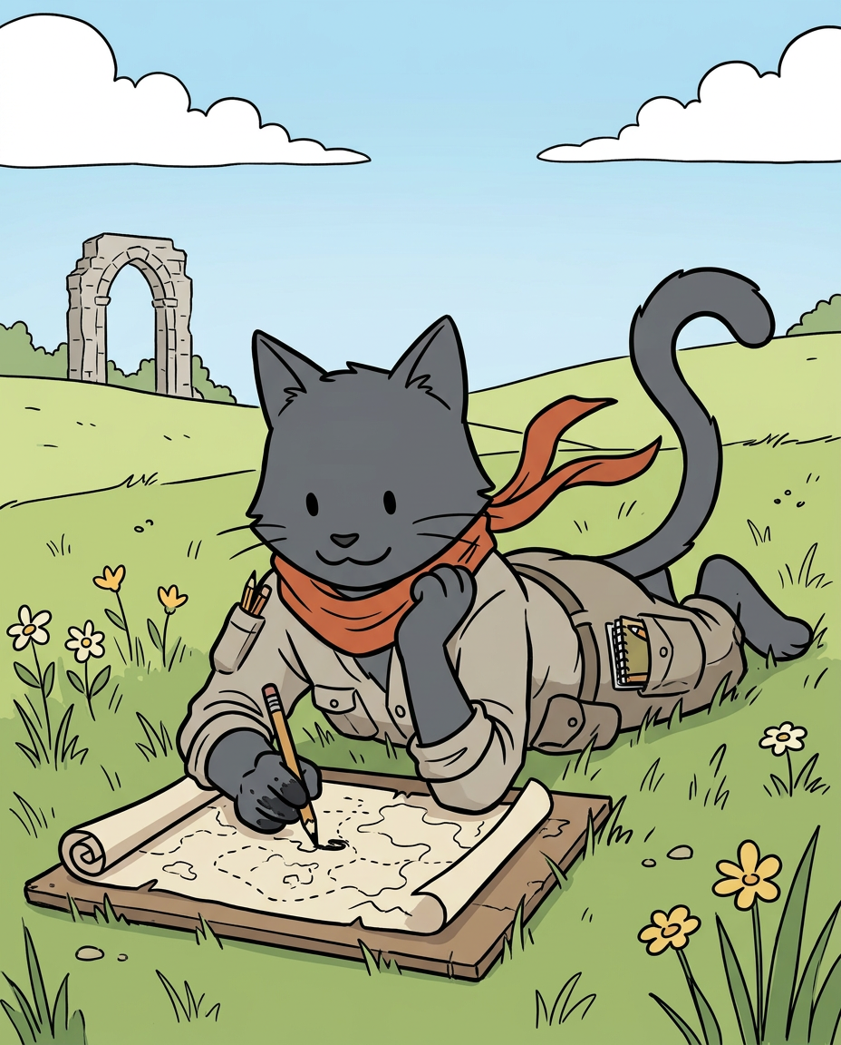 AI Design for � Shadow Nightwhisker

Shadow is probably the most misunderstood member of the group.

People see him sitting quietly with a notebook and assume he's serious.

They see him drawing maps and assume he's mysterious.

They see him standing apart from the others and assume he's lonely.

The truth?

Shadow is one of the happiest cats in the entire group.

He's just usually busy.

First Impression

Shadow is tall.

Very tall.

Not broad like Rufus.

Tall and lean.

His long legs and long tail make him seem older than he actually is.

When the group stands together, Shadow is often the highest head in the crowd.

Fur

Shadow has dark gray fur.

Not black.

Not gloomy.

A soft charcoal gray.

His fur is smooth and tidy because he's always traveling and hates getting dirt on his maps.

Face

His face is gentle.

He smiles often.

Not huge grins like Rufus.

More little smiles.

The kind you see when somebody is enjoying themselves.

His eyes are simple storybook eyes.

Expressive and warm.

When he discovers a new route or finishes a map, his entire face lights up.

The Scarf

His most recognizable feature.

A simple scarf.

Orange-red.

Wrapped around his neck.

The color contrasts beautifully against his gray fur.

It immediately draws attention to him.

When he runs through the countryside, the scarf trails behind him like a banner.

Clothing

Unlike some of the others, Shadow dresses very simply.

No armor.

No giant hat.

No flashy decorations.

Just practical travel clothes.

Neutral colors.

Comfortable fabrics.

Lots of pockets.

Because every pocket is filled with:

🗺️ Notes

🖊️ Pencils

📜 Map fragments

🌿 Interesting things he found

The Cartographer

This is Shadow's role.

He knows roads.

He knows trails.

He knows shortcuts.

He knows forgotten paths.

He knows where streams cross roads and where old bridges stand.

If somebody says:

"Has anyone been here before?"

Shadow probably has.

And if he hasn't?

He's excited to be the first.

Personality Through Art

The biggest mistake would be drawing him as edgy.

He isn't edgy.

He isn't brooding.

He isn't constantly standing in shadows.

He's cheerful.

Curious.

Energetic.

The reason he seems quiet is because he's usually concentrating on a map.

Pose

When illustrated, Shadow is often:

🗺️ Drawing maps

📍 Pointing at a route

✏️ Sketching landmarks

🏃 Exploring ahead

Or excitedly showing the group something he found.

Silhouette

Even in silhouette you'd recognize him.

🐱 Tall frame

🧣 Long scarf

🗺️ Rolled maps

📖 Notebook

Simple.

Clean.

Distinct.

Storybook Illustration Example

Imagine a chapter illustration.

The group has stopped on a hill.

Jasper is looking at the horizon.

Milo is reading.

Rufus is eating lunch.

Ashen is playing his fiddle.

Pippa is collecting flowers.

Meanwhile Shadow is lying flat on his stomach in the grass.

His scarf is spread out behind him.

A notebook is open in front of him.

He's carefully drawing the shape of a distant river.

And he's smiling the entire time.

Not because somebody told him to.

Not because it's important.

Just because he genuinely loves maps.

That's Shadow Nightwhisker:

A tall gray cat with an orange scarf, ink-stained paws, and the happiest cartographer in the kingdom. 🗺️🧣🐱✨ comic book art stzle dot eyes bold black lines alone in the image happyli drawing on map not watercolor more like simple colors with minimal shading