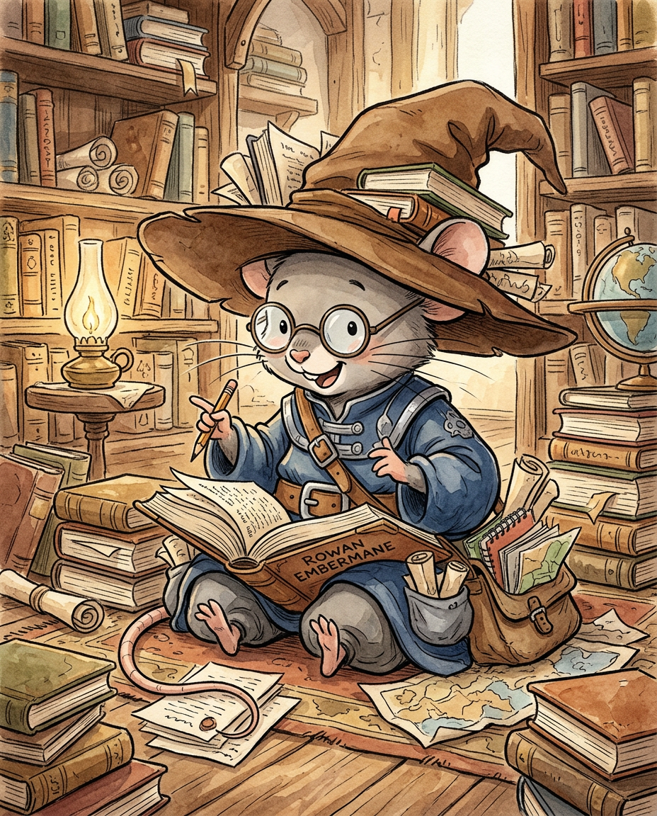 AI Design for Sure! Based on everything you've described so far, this is how I imagine **Milo Underburrow** in the *Embermane Chronicles* storybook art style.
---
# 🐭 Milo Underburrow
Milo is a small mouse, noticeably shorter than almost everyone else in the group.
At first glance, he looks like somebody who accidentally wandered out of a library and into an adventure.
---
## Face
Milo has a soft, friendly face.
His eyes are simple storybook eyes:
⚫ Small black dots or tiny ovals.
Not realistic.
Not anime.
Very expressive despite their simplicity.
His nose is small and dark.
His whiskers stick out in every direction, making him look a little untidy.
Like he forgot to comb them because he was busy reading.
---
## Glasses
One of his most recognizable features.
Large round spectacles.
Slightly oversized for his face.
They constantly slide down his nose.
Sometimes he pushes them back up while talking.
The glasses make him look:
* Curious
* Intelligent
* Slightly goofy
---
## Hat
His hat is enormous.
Almost comically large.
A floppy traveler's hat.
The brim droops slightly.
It casts a shadow over his face.
The hat always looks a little too big for him.
That's part of the charm.
---
## Clothing
Milo wears very baggy clothing.
Loose sleeves.
Oversized coat.
Big pockets everywhere.
The clothes almost look inherited from somebody twice his size.
Colors:
🔵 Deep blue
⚪ Silver-gray details
🟤 Brown belt
Nothing flashy.
Practical.
Comfortable.
A mouse who expects to spend all day reading.
---
## Accessories
Books.
Always books.
Not one book.
Several.
He often carries:
📚 A satchel full of notes
📚 Scrolls sticking out of pockets
📚 Little notebooks
📚 Folded maps
Sometimes papers fall out while he walks.
---
## Pose
When illustrated, Milo rarely stands still.
He's usually:
📖 Reading
📝 Writing notes
🔍 Examining something interesting
🤔 Thinking
Or excitedly explaining something nobody asked about.
---
## Personality Through Art
The illustrator should make him look:
* Enthusiastic
* Intelligent
* Curious
* Slightly chaotic
Not a serious scholar.
Not a boring professor.
More like:
> A mouse who got distracted researching one thing and accidentally discovered twelve more things.
---
## Silhouette
This is important.
Even completely blacked out, you'd recognize him instantly:
🎩 Huge floppy hat
👓 Round glasses
📚 Stack of books
🧥 Oversized coat
🐭 Small body
That silhouette becomes uniquely Milo.
---
## Storybook Illustration Example
Imagine a chapter illustration.
Milo is sitting cross-legged on a library floor.
Books are piled around him.
One book is open.
Another is balanced on his knee.
A third is somehow resting on top of his hat.
His glasses have slipped down his nose.
His tail curls around a stack of papers.
Meanwhile he's grinning because he's just discovered a fascinating fact about Rowan Embermane.
That single image tells you exactly who Milo is.
Not a warrior.
Not a king.
Not a hero in the traditional sense.
Just a wonderfully curious little mouse who loves learning almost as much as Jasper loves adventuring. 🐭📚✨
gray rat cartoonz bold lines minimal shadind comic book INSpO not copzing