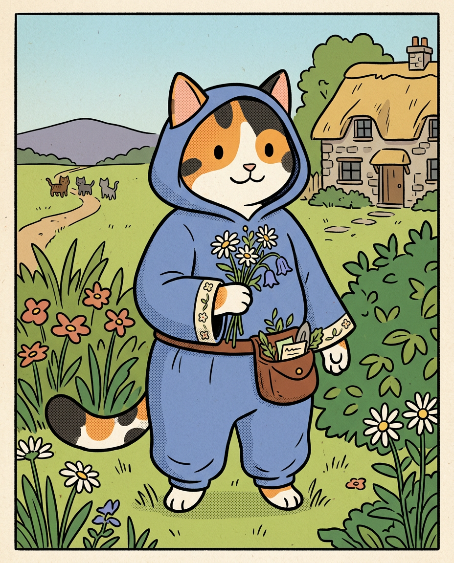 AI Design for � Pippa Sunpatch
Pippa Sunpatch is sunshine in cat form.
Not because she's loud.
Not because she's constantly talking.
But because whenever she's around, things feel a little brighter.
First Impression
Pippa is a calico cat.
Her fur is mostly white, covered in patches of:
🧡 Orange
🖤 Black
🤍 White
The patches are scattered naturally across her body.
When sunlight hits her fur, it almost looks like little pieces of sunlight resting on her coat.
That's where the name Sunpatch comes from.
Face
Pippa has a warm, friendly face.
Her eyes are bright and curious.
Not mischievous like Ashen.
Not focused like Jasper.
Not scholarly like Milo.
Just genuinely interested in the world.
She notices things other people miss.
Clothing
You mentioned blue, and I think blue works perfectly.
Not royal blue.
Not bright blue.
A soft storybook blue.
Something like:
🔵 Cornflower blue
🔵 Sky blue
🔵 Dusty blue
Her outfit could be a simple medieval dress or tunic.
Nothing fancy.
Just comfortable and practical.
Maybe small cream-colored embroidery along the sleeves.
Tiny flower patterns near the edges.
Subtle details.
Accessories
Pippa isn't the type to carry weapons everywhere.
Instead she might carry:
🌼 A flower pouch
🌿 Small gardening tools
📜 Little notes
🍎 Snacks
🐚 Interesting things she finds
Her pockets are always full of random treasures.
Personality
Pippa is kind.
But not in a boring way.
She's the friend who notices when someone feels left out.
The friend who remembers birthdays.
The friend who saves a flower because it looked lonely.
Her Role in the Group
This is important.
Every group needs someone who helps everyone stay connected.
That's Pippa.
When Jasper gets too obsessed with Rowan...
Pippa brings him back to earth.
When Milo disappears into research...
Pippa reminds him to eat.
When Shadow spends twelve hours drawing maps...
Pippa convinces him to take a break.
When Rufus gets discouraged...
Pippa encourages him.
When Ashen gets carried away...
Pippa laughs along with him.
She's the glue.
Pose
In illustrations she's often:
🌼 Holding flowers
🌿 Sitting in gardens
🐦 Feeding birds
📖 Listening to stories
😊 Smiling at friends
Not because she isn't adventurous.
Because she appreciates small beautiful things.
Silhouette
Even in silhouette:
🐱 Cat ears
👗 Simple blue outfit
🌼 Flower in paw
Recognizable immediately.
Storybook Illustration Example
Imagine a chapter illustration.
The group is walking along a forest road.
Jasper is looking ahead.
Shadow is studying a map.
Milo is reading while walking.
Ashen is playing his fiddle.
Rufus is carrying half the supplies.
Meanwhile, Pippa has stopped.
Not because she's tired.
Not because she's distracted.
A tiny wildflower is growing through a crack in a stone beside the road.
She's kneeling beside it.
Just admiring it for a moment.
Then she smiles and catches up with the group.
The Feeling She Gives
If Jasper is the adventure...
If Milo is the knowledge...
If Shadow is the exploration...
If Rufus is the courage...
If Ashen is the joy...
Then Pippa is the warmth.
She's the reason the group feels like friends instead of simply a team.
The kind of character readers remember because she makes the world feel kinder, brighter, and more alive. 🌼🐱💙✨
comic book art style with dot eyes bold black lines minimal shading simple colours baggz oneseie vibrant colours clothinkg middle ages style
