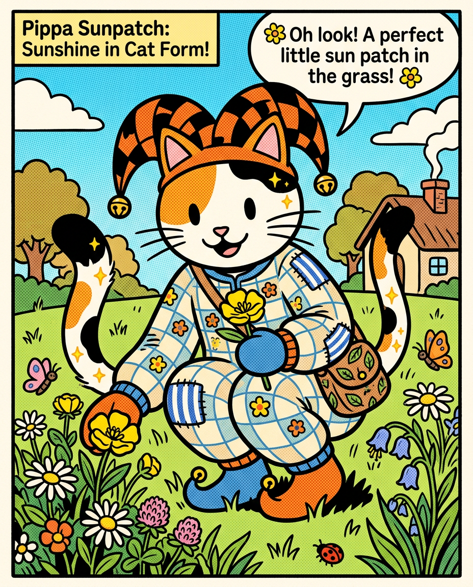 AI Design for � Pippa Sunpatch
Pippa Sunpatch is sunshine in cat form.
Not because she's loud.
Not because she's constantly talking.
But because whenever she's around, things feel a little brighter.
First Impression
Pippa is a calico cat.
Her fur is mostly white, covered in patches of:
🧡 Orange
🖤 Black
🤍 White
The patches are scattered naturally across her body.
When sunlight hits her fur, it almost looks like little pieces of sunlight resting on her coat.
That's where the name Sunpatch comes from.
Face
Pippa has a warm, friendly face.
Her eyes are bright and curious.
Not mischievous like Ashen.
Not focused like Jasper.
Not scholarly like Milo.
Just genuinely interested in the world.
She notices things other people miss.
Clothing
You mentioned blue, and I think blue works perfectly.
Not royal blue.
Not bright blue.
A soft storybook blue.
Something like:
🔵 Cornflower blue
🔵 Sky blue
🔵 Dusty blue
Her outfit could be a simple medieval dress or tunic.
Nothing fancy.
Just comfortable and practical.
Maybe small cream-colored embroidery along the sleeves.
Tiny flower patterns near the edges.
Subtle details.
Accessories
Pippa isn't the type to carry weapons everywhere.
Instead she might carry:
🌼 A flower pouch
🌿 Small gardening tools
📜 Little notes
🍎 Snacks
🐚 Interesting things she finds
Her pockets are always full of random treasures.
Personality
Pippa is kind.
But not in a boring way.
She's the friend who notices when someone feels left out.
The friend who remembers birthdays.
The friend who saves a flower because it looked lonely.
Her Role in the Group
This is important.
Every group needs someone who helps everyone stay connected.
That's Pippa.
When Jasper gets too obsessed with Rowan...
Pippa brings him back to earth.
When Milo disappears into research...
Pippa reminds him to eat.
When Shadow spends twelve hours drawing maps...
Pippa convinces him to take a break.
When Rufus gets discouraged...
Pippa encourages him.
When Ashen gets carried away...
Pippa laughs along with him.
She's the glue.
Pose
In illustrations she's often:
🌼 Holding flowers
🌿 Sitting in gardens
🐦 Feeding birds
📖 Listening to stories
😊 Smiling at friends
Not because she isn't adventurous.
Because she appreciates small beautiful things.
Silhouette
Even in silhouette:
🐱 Cat ears
👗 Simple blue outfit
🌼 Flower in paw
Recognizable immediately.
Storybook Illustration Example
Imagine a chapter illustration.
The group is walking along a forest road.
Jasper is looking ahead.
Shadow is studying a map.
Milo is reading while walking.
Ashen is playing his fiddle.
Rufus is carrying half the supplies.
Meanwhile, Pippa has stopped.
Not because she's tired.
Not because she's distracted.
A tiny wildflower is growing through a crack in a stone beside the road.
She's kneeling beside it.
Just admiring it for a moment.
Then she smiles and catches up with the group.
The Feeling She Gives
If Jasper is the adventure...
If Milo is the knowledge...
If Shadow is the exploration...
If Rufus is the courage...
If Ashen is the joy...
Then Pippa is the warmth.
She's the reason the group feels like friends instead of simply a team.
The kind of character readers remember because she makes the world feel kinder, brighter, and more alive. 🌼🐱💙✨
comic book art style with dot eyes bold black lines minimal shading simple colours jester hat baggz oneseie vibrant colours