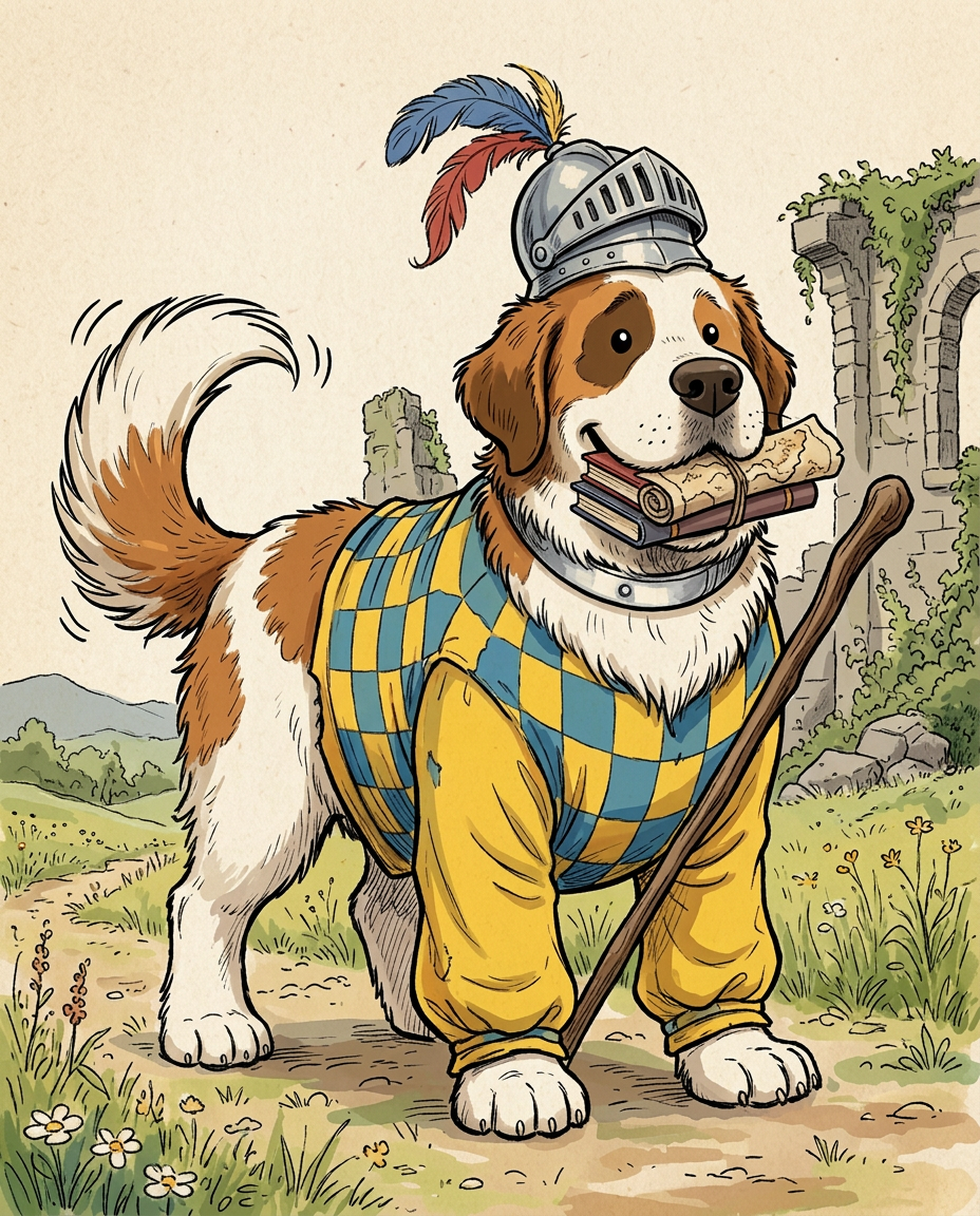 AI Design for # 🐶 Rufus Stonepaw

If Jasper is the dreamer and Milo is the scholar, then **Rufus is the heart of the group**.

The moment somebody sees Rufus, they should smile.

---

## First Impression

Rufus is big.

Very big.

Not scary big.

Comforting big.

The kind of dog who takes up half a bench when he sits down.

He's the tallest member of the friend group and much broader than everyone else.

When he walks, his footsteps feel heavy.

When he laughs, everyone hears it.

When he enters a room, people notice.

---

## Fur

Rufus has mostly white fur.

Across his body are patches of warm brown.

Most notably:

🤎 Around one eye.

🤎 Along parts of his back and shoulders.

🤎 Small patches scattered naturally across his body.

The colors make him look rustic and approachable.

Like a farm dog who somehow became a knight.

---

## Face

His face is friendly.

Very friendly.

Big smile.

Big nose.

Soft eyes.

His eyes aren't sharp or intimidating.

They're warm.

The kind of eyes that say:

> "Don't worry. I'll help."

Even when he has absolutely no idea what's going on.

---

## The Helmet

His most iconic feature.

A knight's helmet.

Silver.

Polished.

Decorated with:

🔵 Blue feathers

🔴 Red feathers

The funny part?

The helmet is too small.

Way too small.

It clearly doesn't fit him properly.

Yet he wears it proudly.

Like the greatest knight in the kingdom.

Everyone recognizes him because of it.

---

## Clothing

Rufus wears a knight-inspired outfit.

Not heavy armor.

More like a colorful medieval tunic.

Pattern:

🟡 Yellow

🔵 Blue

Checkerboard design.

The colors are vibrant without being bright.

They make him stand out immediately.

The outfit is worn and comfortable.

You can tell he's actually lived in it.

---

## The Silver Collar

Around his neck sits a silver collar.

Simple.

Clean.

Almost like a badge of honor.

Not flashy.

Just part of who he is.

---

## Pose

Rufus rarely looks serious.

Most illustrations show him:

😁 Laughing.

🍗 Eating.

🐾 Helping somebody carry something.

🛡 Proudly standing guard.

Or trying very hard to act knightly.

---

## Personality Through Art

The illustrator should communicate:

* Loyalty.
* Courage.
* Kindness.
* Enthusiasm.

Rufus is brave.

But he isn't trying to prove it.

He helps because helping feels right.

---

## Silhouette

Even as a black shadow, you'd instantly recognize him.

🐶 Huge body.

🪖 Tiny helmet.

🛡 Broad shoulders.

The silhouette is unmistakable.

---

## Storybook Illustration Example

Imagine a chapter illustration.

The group is crossing a stream.

Jasper carefully balances on a log.

Milo is checking a map.

Shadow is drawing notes.

Meanwhile Rufus has simply picked up three of his friends at once and is carrying them across.

He's grinning from ear to ear.

His tiny helmet is sliding sideways.

Nobody asked him to do this.

He just thought it would help.

And honestly?

It did.

That single image tells you everything about Rufus Stonepaw:

A giant dog with a tiny helmet, a huge heart, and the unwavering belief that every problem can be solved with courage, friendship, and perhaps a second helping of stew. 🐶🛡️🍲✨
quadropedal big chubbylonge sleeves comic boook art stzle insired  bold thivk lines dot ezes