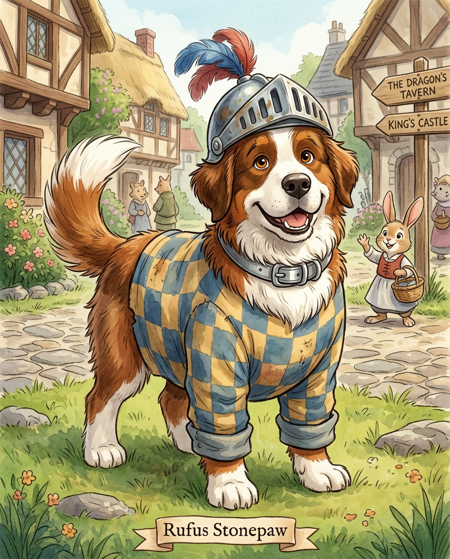 AI Design for # 🐶 Rufus Stonepaw

If Jasper is the dreamer and Milo is the scholar, then **Rufus is the heart of the group**.

The moment somebody sees Rufus, they should smile.

---

## First Impression

Rufus is big.

Very big.

Not scary big.

Comforting big.

The kind of dog who takes up half a bench when he sits down.

He's the tallest member of the friend group and much broader than everyone else.

When he walks, his footsteps feel heavy.

When he laughs, everyone hears it.

When he enters a room, people notice.

---

## Fur

Rufus has mostly white fur.

Across his body are patches of warm brown.

Most notably:

🤎 Around one eye.

🤎 Along parts of his back and shoulders.

🤎 Small patches scattered naturally across his body.

The colors make him look rustic and approachable.

Like a farm dog who somehow became a knight.

---

## Face

His face is friendly.

Very friendly.

Big smile.

Big nose.

Soft eyes.

His eyes aren't sharp or intimidating.

They're warm.

The kind of eyes that say:

> "Don't worry. I'll help."

Even when he has absolutely no idea what's going on.

---

## The Helmet

His most iconic feature.

A knight's helmet.

Silver.

Polished.

Decorated with:

🔵 Blue feathers

🔴 Red feathers

The funny part?

The helmet is too small.

Way too small.

It clearly doesn't fit him properly.

Yet he wears it proudly.

Like the greatest knight in the kingdom.

Everyone recognizes him because of it.

---

## Clothing

Rufus wears a knight-inspired outfit.

Not heavy armor.

More like a colorful medieval tunic.

Pattern:

🟡 Yellow

🔵 Blue

Checkerboard design.

The colors are vibrant without being bright.

They make him stand out immediately.

The outfit is worn and comfortable.

You can tell he's actually lived in it.

---

## The Silver Collar

Around his neck sits a silver collar.

Simple.

Clean.

Almost like a badge of honor.

Not flashy.

Just part of who he is.

---

## Pose

Rufus rarely looks serious.

Most illustrations show him:

😁 Laughing.

🍗 Eating.

🐾 Helping somebody carry something.

🛡 Proudly standing guard.

Or trying very hard to act knightly.

---

## Personality Through Art

The illustrator should communicate:

* Loyalty.
* Courage.
* Kindness.
* Enthusiasm.

Rufus is brave.

But he isn't trying to prove it.

He helps because helping feels right.

---

## Silhouette

Even as a black shadow, you'd instantly recognize him.

🐶 Huge body.

🪖 Tiny helmet.

🛡 Broad shoulders.

The silhouette is unmistakable.

---

## Storybook Illustration Example

Imagine a chapter illustration.

The group is crossing a stream.

Jasper carefully balances on a log.

Milo is checking a map.

Shadow is drawing notes.

Meanwhile Rufus has simply picked up three of his friends at once and is carrying them across.

He's grinning from ear to ear.

His tiny helmet is sliding sideways.

Nobody asked him to do this.

He just thought it would help.

And honestly?

It did.

That single image tells you everything about Rufus Stonepaw:

A giant dog with a tiny helmet, a huge heart, and the unwavering belief that every problem can be solved with courage, friendship, and perhaps a second helping of stew. 🐶🛡️🍲✨
quadropedal big chubbylonge sleeves