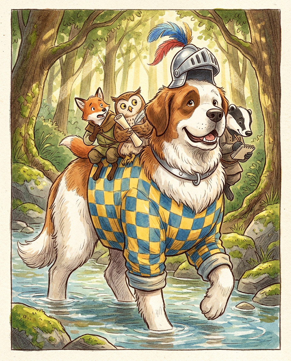 AI Design for # 🐶 Rufus Stonepaw

If Jasper is the dreamer and Milo is the scholar, then **Rufus is the heart of the group**.

The moment somebody sees Rufus, they should smile.

---

## First Impression

Rufus is big.

Very big.

Not scary big.

Comforting big.

The kind of dog who takes up half a bench when he sits down.

He's the tallest member of the friend group and much broader than everyone else.

When he walks, his footsteps feel heavy.

When he laughs, everyone hears it.

When he enters a room, people notice.

---

## Fur

Rufus has mostly white fur.

Across his body are patches of warm brown.

Most notably:

🤎 Around one eye.

🤎 Along parts of his back and shoulders.

🤎 Small patches scattered naturally across his body.

The colors make him look rustic and approachable.

Like a farm dog who somehow became a knight.

---

## Face

His face is friendly.

Very friendly.

Big smile.

Big nose.

Soft eyes.

His eyes aren't sharp or intimidating.

They're warm.

The kind of eyes that say:

> "Don't worry. I'll help."

Even when he has absolutely no idea what's going on.

---

## The Helmet

His most iconic feature.

A knight's helmet.

Silver.

Polished.

Decorated with:

🔵 Blue feathers

🔴 Red feathers

The funny part?

The helmet is too small.

Way too small.

It clearly doesn't fit him properly.

Yet he wears it proudly.

Like the greatest knight in the kingdom.

Everyone recognizes him because of it.

---

## Clothing

Rufus wears a knight-inspired outfit.

Not heavy armor.

More like a colorful medieval tunic.

Pattern:

🟡 Yellow

🔵 Blue

Checkerboard design.

The colors are vibrant without being bright.

They make him stand out immediately.

The outfit is worn and comfortable.

You can tell he's actually lived in it.

---

## The Silver Collar

Around his neck sits a silver collar.

Simple.

Clean.

Almost like a badge of honor.

Not flashy.

Just part of who he is.

---

## Pose

Rufus rarely looks serious.

Most illustrations show him:

😁 Laughing.

🍗 Eating.

🐾 Helping somebody carry something.

🛡 Proudly standing guard.

Or trying very hard to act knightly.

---

## Personality Through Art

The illustrator should communicate:

* Loyalty.
* Courage.
* Kindness.
* Enthusiasm.

Rufus is brave.

But he isn't trying to prove it.

He helps because helping feels right.

---

## Silhouette

Even as a black shadow, you'd instantly recognize him.

🐶 Huge body.

🪖 Tiny helmet.

🛡 Broad shoulders.

The silhouette is unmistakable.

---

## Storybook Illustration Example

Imagine a chapter illustration.

The group is crossing a stream.

Jasper carefully balances on a log.

Milo is checking a map.

Shadow is drawing notes.

Meanwhile Rufus has simply picked up three of his friends at once and is carrying them across.

He's grinning from ear to ear.

His tiny helmet is sliding sideways.

Nobody asked him to do this.

He just thought it would help.

And honestly?

It did.

That single image tells you everything about Rufus Stonepaw:

A giant dog with a tiny helmet, a huge heart, and the unwavering belief that every problem can be solved with courage, friendship, and perhaps a second helping of stew. 🐶🛡️🍲✨
quadropedal big chubbylonge sleeves