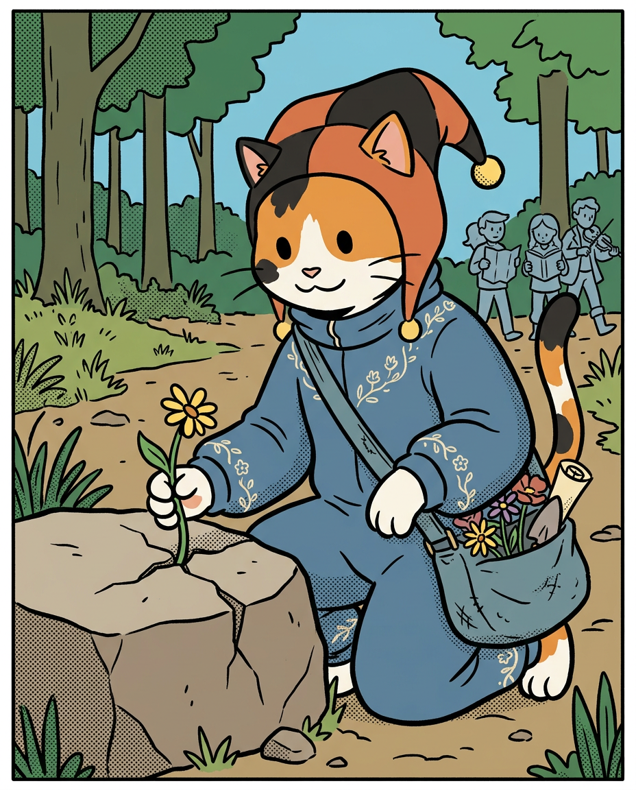 AI Design for � Pippa Sunpatch
Pippa Sunpatch is sunshine in cat form.
Not because she's loud.
Not because she's constantly talking.
But because whenever she's around, things feel a little brighter.
First Impression
Pippa is a calico cat.
Her fur is mostly white, covered in patches of:
🧡 Orange
🖤 Black
🤍 White
The patches are scattered naturally across her body.
When sunlight hits her fur, it almost looks like little pieces of sunlight resting on her coat.
That's where the name Sunpatch comes from.
Face
Pippa has a warm, friendly face.
Her eyes are bright and curious.
Not mischievous like Ashen.
Not focused like Jasper.
Not scholarly like Milo.
Just genuinely interested in the world.
She notices things other people miss.
Clothing
You mentioned blue, and I think blue works perfectly.
Not royal blue.
Not bright blue.
A soft storybook blue.
Something like:
🔵 Cornflower blue
🔵 Sky blue
🔵 Dusty blue
Her outfit could be a simple medieval dress or tunic.
Nothing fancy.
Just comfortable and practical.
Maybe small cream-colored embroidery along the sleeves.
Tiny flower patterns near the edges.
Subtle details.
Accessories
Pippa isn't the type to carry weapons everywhere.
Instead she might carry:
🌼 A flower pouch
🌿 Small gardening tools
📜 Little notes
🍎 Snacks
🐚 Interesting things she finds
Her pockets are always full of random treasures.
Personality
Pippa is kind.
But not in a boring way.
She's the friend who notices when someone feels left out.
The friend who remembers birthdays.
The friend who saves a flower because it looked lonely.
Her Role in the Group
This is important.
Every group needs someone who helps everyone stay connected.
That's Pippa.
When Jasper gets too obsessed with Rowan...
Pippa brings him back to earth.
When Milo disappears into research...
Pippa reminds him to eat.
When Shadow spends twelve hours drawing maps...
Pippa convinces him to take a break.
When Rufus gets discouraged...
Pippa encourages him.
When Ashen gets carried away...
Pippa laughs along with him.
She's the glue.
Pose
In illustrations she's often:
🌼 Holding flowers
🌿 Sitting in gardens
🐦 Feeding birds
📖 Listening to stories
😊 Smiling at friends
Not because she isn't adventurous.
Because she appreciates small beautiful things.
Silhouette
Even in silhouette:
🐱 Cat ears
👗 Simple blue outfit
🌼 Flower in paw
Recognizable immediately.
Storybook Illustration Example
Imagine a chapter illustration.
The group is walking along a forest road.
Jasper is looking ahead.
Shadow is studying a map.
Milo is reading while walking.
Ashen is playing his fiddle.
Rufus is carrying half the supplies.
Meanwhile, Pippa has stopped.
Not because she's tired.
Not because she's distracted.
A tiny wildflower is growing through a crack in a stone beside the road.
She's kneeling beside it.
Just admiring it for a moment.
Then she smiles and catches up with the group.
The Feeling She Gives
If Jasper is the adventure...
If Milo is the knowledge...
If Shadow is the exploration...
If Rufus is the courage...
If Ashen is the joy...
Then Pippa is the warmth.
She's the reason the group feels like friends instead of simply a team.
The kind of character readers remember because she makes the world feel kinder, brighter, and more alive. 🌼🐱💙✨
comic book art style with dot eyes bold black lines minimal shading simple colours jester hat baggz oneseie vibrant colours