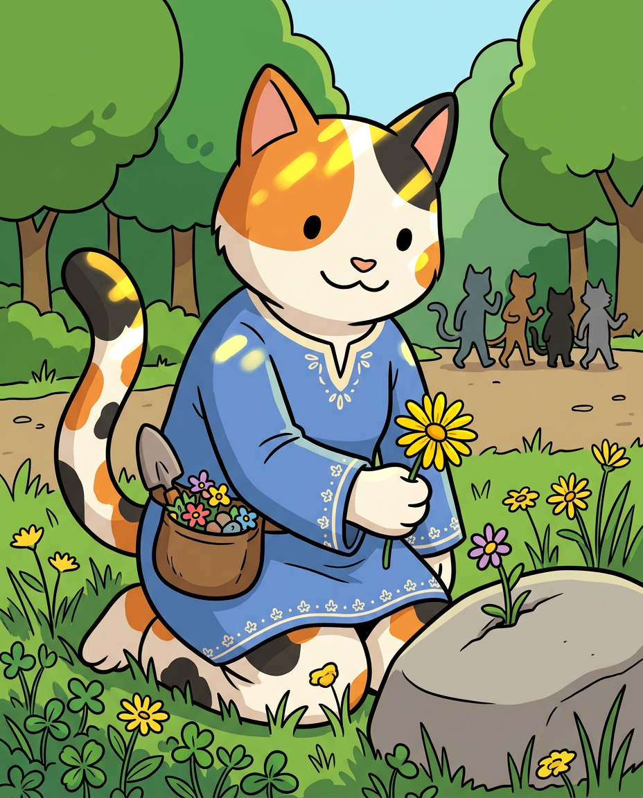 AI Design for � Pippa Sunpatch
Pippa Sunpatch is sunshine in cat form.
Not because she's loud.
Not because she's constantly talking.
But because whenever she's around, things feel a little brighter.
First Impression
Pippa is a calico cat.
Her fur is mostly white, covered in patches of:
🧡 Orange
🖤 Black
🤍 White
The patches are scattered naturally across her body.
When sunlight hits her fur, it almost looks like little pieces of sunlight resting on her coat.
That's where the name Sunpatch comes from.
Face
Pippa has a warm, friendly face.
Her eyes are bright and curious.
Not mischievous like Ashen.
Not focused like Jasper.
Not scholarly like Milo.
Just genuinely interested in the world.
She notices things other people miss.
Clothing
You mentioned blue, and I think blue works perfectly.
Not royal blue.
Not bright blue.
A soft storybook blue.
Something like:
🔵 Cornflower blue
🔵 Sky blue
🔵 Dusty blue
Her outfit could be a simple medieval dress or tunic.
Nothing fancy.
Just comfortable and practical.
Maybe small cream-colored embroidery along the sleeves.
Tiny flower patterns near the edges.
Subtle details.
Accessories
Pippa isn't the type to carry weapons everywhere.
Instead she might carry:
🌼 A flower pouch
🌿 Small gardening tools
📜 Little notes
🍎 Snacks
🐚 Interesting things she finds
Her pockets are always full of random treasures.
Personality
Pippa is kind.
But not in a boring way.
She's the friend who notices when someone feels left out.
The friend who remembers birthdays.
The friend who saves a flower because it looked lonely.
Her Role in the Group
This is important.
Every group needs someone who helps everyone stay connected.
That's Pippa.
When Jasper gets too obsessed with Rowan...
Pippa brings him back to earth.
When Milo disappears into research...
Pippa reminds him to eat.
When Shadow spends twelve hours drawing maps...
Pippa convinces him to take a break.
When Rufus gets discouraged...
Pippa encourages him.
When Ashen gets carried away...
Pippa laughs along with him.
She's the glue.
Pose
In illustrations she's often:
🌼 Holding flowers
🌿 Sitting in gardens
🐦 Feeding birds
📖 Listening to stories
😊 Smiling at friends
Not because she isn't adventurous.
Because she appreciates small beautiful things.
Silhouette
Even in silhouette:
🐱 Cat ears
👗 Simple blue outfit
🌼 Flower in paw
Recognizable immediately.
Storybook Illustration Example
Imagine a chapter illustration.
The group is walking along a forest road.
Jasper is looking ahead.
Shadow is studying a map.
Milo is reading while walking.
Ashen is playing his fiddle.
Rufus is carrying half the supplies.
Meanwhile, Pippa has stopped.
Not because she's tired.
Not because she's distracted.
A tiny wildflower is growing through a crack in a stone beside the road.
She's kneeling beside it.
Just admiring it for a moment.
Then she smiles and catches up with the group.
The Feeling She Gives
If Jasper is the adventure...
If Milo is the knowledge...
If Shadow is the exploration...
If Rufus is the courage...
If Ashen is the joy...
Then Pippa is the warmth.
She's the reason the group feels like friends instead of simply a team.
The kind of character readers remember because she makes the world feel kinder, brighter, and more alive. 🌼🐱💙✨
comic book art style with dot eyes bold black lines minimal shading simple colours baggz oneseie vibrant colours clothinkg middle ages style