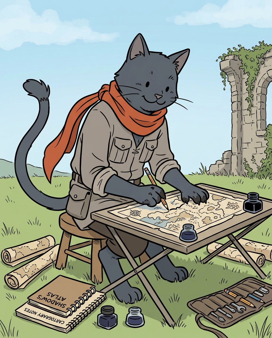 AI Design for � Shadow Nightwhisker

Shadow is probably the most misunderstood member of the group.

People see him sitting quietly with a notebook and assume he's serious.

They see him drawing maps and assume he's mysterious.

They see him standing apart from the others and assume he's lonely.

The truth?

Shadow is one of the happiest cats in the entire group.

He's just usually busy.

First Impression

Shadow is tall.

Very tall.

Not broad like Rufus.

Tall and lean.

His long legs and long tail make him seem older than he actually is.

When the group stands together, Shadow is often the highest head in the crowd.

Fur

Shadow has dark gray fur.

Not black.

Not gloomy.

A soft charcoal gray.

His fur is smooth and tidy because he's always traveling and hates getting dirt on his maps.

Face

His face is gentle.

He smiles often.

Not huge grins like Rufus.

More little smiles.

The kind you see when somebody is enjoying themselves.

His eyes are simple storybook eyes.

Expressive and warm.

When he discovers a new route or finishes a map, his entire face lights up.

The Scarf

His most recognizable feature.

A simple scarf.

Orange-red.

Wrapped around his neck.

The color contrasts beautifully against his gray fur.

It immediately draws attention to him.

When he runs through the countryside, the scarf trails behind him like a banner.

Clothing

Unlike some of the others, Shadow dresses very simply.

No armor.

No giant hat.

No flashy decorations.

Just practical travel clothes.

Neutral colors.

Comfortable fabrics.

Lots of pockets.

Because every pocket is filled with:

🗺️ Notes

🖊️ Pencils

📜 Map fragments

🌿 Interesting things he found

The Cartographer

This is Shadow's role.

He knows roads.

He knows trails.

He knows shortcuts.

He knows forgotten paths.

He knows where streams cross roads and where old bridges stand.

If somebody says:

"Has anyone been here before?"

Shadow probably has.

And if he hasn't?

He's excited to be the first.

Personality Through Art

The biggest mistake would be drawing him as edgy.

He isn't edgy.

He isn't brooding.

He isn't constantly standing in shadows.

He's cheerful.

Curious.

Energetic.

The reason he seems quiet is because he's usually concentrating on a map.

Pose

When illustrated, Shadow is often:

🗺️ Drawing maps

📍 Pointing at a route

✏️ Sketching landmarks

🏃 Exploring ahead

Or excitedly showing the group something he found.

Silhouette

Even in silhouette you'd recognize him.

🐱 Tall frame

🧣 Long scarf

🗺️ Rolled maps

📖 Notebook

Simple.

Clean.

Distinct.

Storybook Illustration Example

Imagine a chapter illustration.

The group has stopped on a hill.

Jasper is looking at the horizon.

Milo is reading.

Rufus is eating lunch.

Ashen is playing his fiddle.

Pippa is collecting flowers.

Meanwhile Shadow is lying flat on his stomach in the grass.

His scarf is spread out behind him.

A notebook is open in front of him.

He's carefully drawing the shape of a distant river.

And he's smiling the entire time.

Not because somebody told him to.

Not because it's important.

Just because he genuinely loves maps.

That's Shadow Nightwhisker:

A tall gray cat with an orange scarf, ink-stained paws, and the happiest cartographer in the kingdom. 🗺️🧣🐱✨ comic book art stzle dot eyes bold black lines alone in the image happyli drawing on map not watercolor more like simple colors with minimal shading