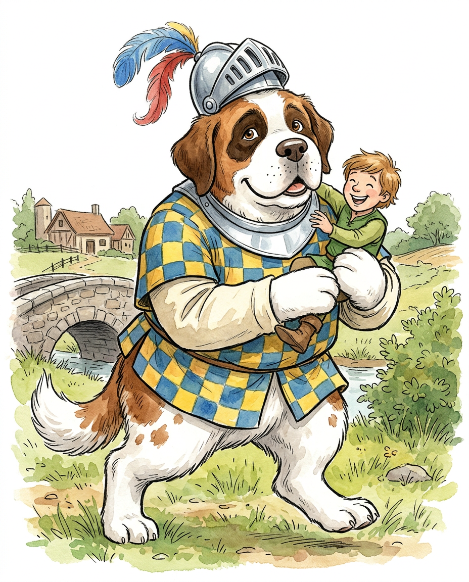 AI Design for # 🐶 Rufus Stonepaw

If Jasper is the dreamer and Milo is the scholar, then **Rufus is the heart of the group**.

The moment somebody sees Rufus, they should smile.

---

## First Impression

Rufus is big.

Very big.

Not scary big.

Comforting big.

The kind of dog who takes up half a bench when he sits down.

He's the tallest member of the friend group and much broader than everyone else.

When he walks, his footsteps feel heavy.

When he laughs, everyone hears it.

When he enters a room, people notice.

---

## Fur

Rufus has mostly white fur.

Across his body are patches of warm brown.

Most notably:

🤎 Around one eye.

🤎 Along parts of his back and shoulders.

🤎 Small patches scattered naturally across his body.

The colors make him look rustic and approachable.

Like a farm dog who somehow became a knight.

---

## Face

His face is friendly.

Very friendly.

Big smile.

Big nose.

Soft eyes.

His eyes aren't sharp or intimidating.

They're warm.

The kind of eyes that say:

> "Don't worry. I'll help."

Even when he has absolutely no idea what's going on.

---

## The Helmet

His most iconic feature.

A knight's helmet.

Silver.

Polished.

Decorated with:

🔵 Blue feathers

🔴 Red feathers

The funny part?

The helmet is too small.

Way too small.

It clearly doesn't fit him properly.

Yet he wears it proudly.

Like the greatest knight in the kingdom.

Everyone recognizes him because of it.

---

## Clothing

Rufus wears a knight-inspired outfit.

Not heavy armor.

More like a colorful medieval tunic.

Pattern:

🟡 Yellow

🔵 Blue

Checkerboard design.

The colors are vibrant without being bright.

They make him stand out immediately.

The outfit is worn and comfortable.

You can tell he's actually lived in it.

---

## The Silver Collar

Around his neck sits a silver collar.

Simple.

Clean.

Almost like a badge of honor.

Not flashy.

Just part of who he is.

---

## Pose

Rufus rarely looks serious.

Most illustrations show him:

😁 Laughing.

🍗 Eating.

🐾 Helping somebody carry something.

🛡 Proudly standing guard.

Or trying very hard to act knightly.

---

## Personality Through Art

The illustrator should communicate:

* Loyalty.
* Courage.
* Kindness.
* Enthusiasm.

Rufus is brave.

But he isn't trying to prove it.

He helps because helping feels right.

---

## Silhouette

Even as a black shadow, you'd instantly recognize him.

🐶 Huge body.

🪖 Tiny helmet.

🛡 Broad shoulders.

The silhouette is unmistakable.

---

## Storybook Illustration Example

Imagine a chapter illustration.

The group is crossing a stream.

Jasper carefully balances on a log.

Milo is checking a map.

Shadow is drawing notes.

Meanwhile Rufus has simply picked up three of his friends at once and is carrying them across.

He's grinning from ear to ear.

His tiny helmet is sliding sideways.

Nobody asked him to do this.

He just thought it would help.

And honestly?

It did.

That single image tells you everything about Rufus Stonepaw:

A giant dog with a tiny helmet, a huge heart, and the unwavering belief that every problem can be solved with courage, friendship, and perhaps a second helping of stew. 🐶🛡️🍲✨