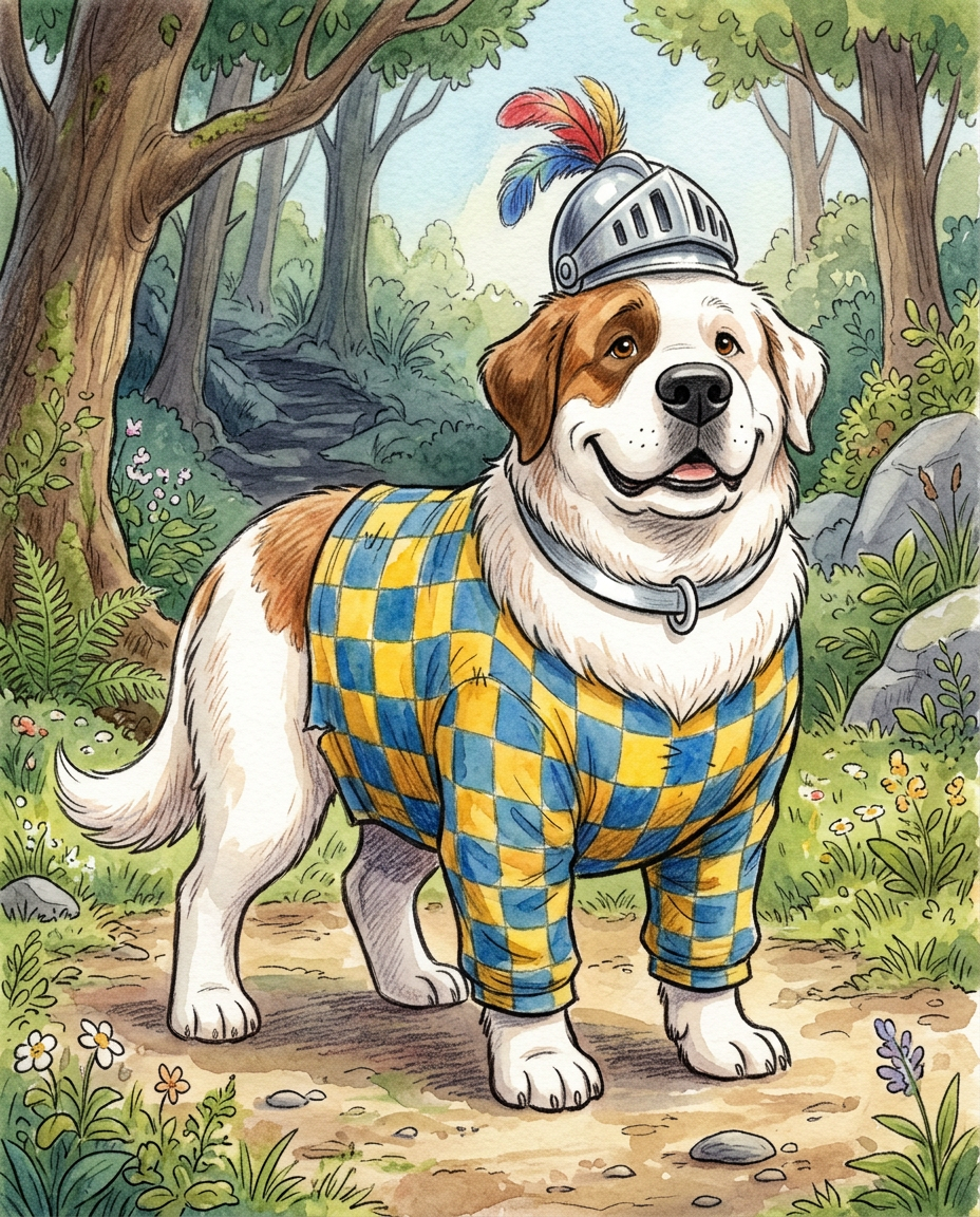 AI Design for # 🐶 Rufus Stonepaw

If Jasper is the dreamer and Milo is the scholar, then **Rufus is the heart of the group**.

The moment somebody sees Rufus, they should smile.

---

## First Impression

Rufus is big.

Very big.

Not scary big.

Comforting big.

The kind of dog who takes up half a bench when he sits down.

He's the tallest member of the friend group and much broader than everyone else.

When he walks, his footsteps feel heavy.

When he laughs, everyone hears it.

When he enters a room, people notice.

---

## Fur

Rufus has mostly white fur.

Across his body are patches of warm brown.

Most notably:

🤎 Around one eye.

🤎 Along parts of his back and shoulders.

🤎 Small patches scattered naturally across his body.

The colors make him look rustic and approachable.

Like a farm dog who somehow became a knight.

---

## Face

His face is friendly.

Very friendly.

Big smile.

Big nose.

Soft eyes.

His eyes aren't sharp or intimidating.

They're warm.

The kind of eyes that say:

> "Don't worry. I'll help."

Even when he has absolutely no idea what's going on.

---

## The Helmet

His most iconic feature.

A knight's helmet.

Silver.

Polished.

Decorated with:

🔵 Blue feathers

🔴 Red feathers

The funny part?

The helmet is too small.

Way too small.

It clearly doesn't fit him properly.

Yet he wears it proudly.

Like the greatest knight in the kingdom.

Everyone recognizes him because of it.

---

## Clothing

Rufus wears a knight-inspired outfit.

Not heavy armor.

More like a colorful medieval tunic.

Pattern:

🟡 Yellow

🔵 Blue

Checkerboard design.

The colors are vibrant without being bright.

They make him stand out immediately.

The outfit is worn and comfortable.

You can tell he's actually lived in it.

---

## The Silver Collar

Around his neck sits a silver collar.

Simple.

Clean.

Almost like a badge of honor.

Not flashy.

Just part of who he is.

---

## Pose

Rufus rarely looks serious.

Most illustrations show him:

😁 Laughing.

🍗 Eating.

🐾 Helping somebody carry something.

🛡 Proudly standing guard.

Or trying very hard to act knightly.

---

## Personality Through Art

The illustrator should communicate:

* Loyalty.
* Courage.
* Kindness.
* Enthusiasm.

Rufus is brave.

But he isn't trying to prove it.

He helps because helping feels right.

---

## Silhouette

Even as a black shadow, you'd instantly recognize him.

🐶 Huge body.

🪖 Tiny helmet.

🛡 Broad shoulders.

The silhouette is unmistakable.

---

## Storybook Illustration Example

Imagine a chapter illustration.

The group is crossing a stream.

Jasper carefully balances on a log.

Milo is checking a map.

Shadow is drawing notes.

Meanwhile Rufus has simply picked up three of his friends at once and is carrying them across.

He's grinning from ear to ear.

His tiny helmet is sliding sideways.

Nobody asked him to do this.

He just thought it would help.

And honestly?

It did.

That single image tells you everything about Rufus Stonepaw:

A giant dog with a tiny helmet, a huge heart, and the unwavering belief that every problem can be solved with courage, friendship, and perhaps a second helping of stew. 🐶🛡️🍲✨
quadropedal big chubbylonge sleeves