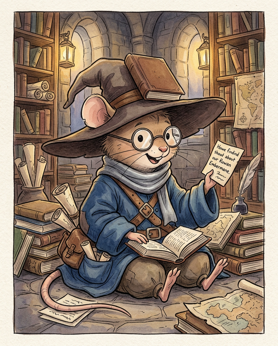 AI Design for Sure! Based on everything you've described so far, this is how I imagine **Milo Underburrow** in the *Embermane Chronicles* storybook art style.
---
# 🐭 Milo Underburrow
Milo is a small mouse, noticeably shorter than almost everyone else in the group.
At first glance, he looks like somebody who accidentally wandered out of a library and into an adventure.
---
## Face
Milo has a soft, friendly face.
His eyes are simple storybook eyes:
⚫ Small black dots or tiny ovals.
Not realistic.
Not anime.
Very expressive despite their simplicity.
His nose is small and dark.
His whiskers stick out in every direction, making him look a little untidy.
Like he forgot to comb them because he was busy reading.
---
## Glasses
One of his most recognizable features.
Large round spectacles.
Slightly oversized for his face.
They constantly slide down his nose.
Sometimes he pushes them back up while talking.
The glasses make him look:
* Curious
* Intelligent
* Slightly goofy
---
## Hat
His hat is enormous.
Almost comically large.
A floppy traveler's hat.
The brim droops slightly.
It casts a shadow over his face.
The hat always looks a little too big for him.
That's part of the charm.
---
## Clothing
Milo wears very baggy clothing.
Loose sleeves.
Oversized coat.
Big pockets everywhere.
The clothes almost look inherited from somebody twice his size.
Colors:
🔵 Deep blue
⚪ Silver-gray details
🟤 Brown belt
Nothing flashy.
Practical.
Comfortable.
A mouse who expects to spend all day reading.
---
## Accessories
Books.
Always books.
Not one book.
Several.
He often carries:
📚 A satchel full of notes
📚 Scrolls sticking out of pockets
📚 Little notebooks
📚 Folded maps
Sometimes papers fall out while he walks.
---
## Pose
When illustrated, Milo rarely stands still.
He's usually:
📖 Reading
📝 Writing notes
🔍 Examining something interesting
🤔 Thinking
Or excitedly explaining something nobody asked about.
---
## Personality Through Art
The illustrator should make him look:
* Enthusiastic
* Intelligent
* Curious
* Slightly chaotic
Not a serious scholar.
Not a boring professor.
More like:
> A mouse who got distracted researching one thing and accidentally discovered twelve more things.
---
## Silhouette
This is important.
Even completely blacked out, you'd recognize him instantly:
🎩 Huge floppy hat
👓 Round glasses
📚 Stack of books
🧥 Oversized coat
🐭 Small body
That silhouette becomes uniquely Milo.
---
## Storybook Illustration Example
Imagine a chapter illustration.
Milo is sitting cross-legged on a library floor.
Books are piled around him.
One book is open.
Another is balanced on his knee.
A third is somehow resting on top of his hat.
His glasses have slipped down his nose.
His tail curls around a stack of papers.
Meanwhile he's grinning because he's just discovered a fascinating fact about Rowan Embermane.
That single image tells you exactly who Milo is.
Not a warrior.
Not a king.
Not a hero in the traditional sense.
Just a wonderfully curious little mouse who loves learning almost as much as Jasper loves adventuring. 🐭📚✨
