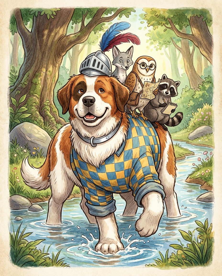 AI Design for # 🐶 Rufus Stonepaw

If Jasper is the dreamer and Milo is the scholar, then **Rufus is the heart of the group**.

The moment somebody sees Rufus, they should smile.

---

## First Impression

Rufus is big.

Very big.

Not scary big.

Comforting big.

The kind of dog who takes up half a bench when he sits down.

He's the tallest member of the friend group and much broader than everyone else.

When he walks, his footsteps feel heavy.

When he laughs, everyone hears it.

When he enters a room, people notice.

---

## Fur

Rufus has mostly white fur.

Across his body are patches of warm brown.

Most notably:

🤎 Around one eye.

🤎 Along parts of his back and shoulders.

🤎 Small patches scattered naturally across his body.

The colors make him look rustic and approachable.

Like a farm dog who somehow became a knight.

---

## Face

His face is friendly.

Very friendly.

Big smile.

Big nose.

Soft eyes.

His eyes aren't sharp or intimidating.

They're warm.

The kind of eyes that say:

> "Don't worry. I'll help."

Even when he has absolutely no idea what's going on.

---

## The Helmet

His most iconic feature.

A knight's helmet.

Silver.

Polished.

Decorated with:

🔵 Blue feathers

🔴 Red feathers

The funny part?

The helmet is too small.

Way too small.

It clearly doesn't fit him properly.

Yet he wears it proudly.

Like the greatest knight in the kingdom.

Everyone recognizes him because of it.

---

## Clothing

Rufus wears a knight-inspired outfit.

Not heavy armor.

More like a colorful medieval tunic.

Pattern:

🟡 Yellow

🔵 Blue

Checkerboard design.

The colors are vibrant without being bright.

They make him stand out immediately.

The outfit is worn and comfortable.

You can tell he's actually lived in it.

---

## The Silver Collar

Around his neck sits a silver collar.

Simple.

Clean.

Almost like a badge of honor.

Not flashy.

Just part of who he is.

---

## Pose

Rufus rarely looks serious.

Most illustrations show him:

😁 Laughing.

🍗 Eating.

🐾 Helping somebody carry something.

🛡 Proudly standing guard.

Or trying very hard to act knightly.

---

## Personality Through Art

The illustrator should communicate:

* Loyalty.
* Courage.
* Kindness.
* Enthusiasm.

Rufus is brave.

But he isn't trying to prove it.

He helps because helping feels right.

---

## Silhouette

Even as a black shadow, you'd instantly recognize him.

🐶 Huge body.

🪖 Tiny helmet.

🛡 Broad shoulders.

The silhouette is unmistakable.

---

## Storybook Illustration Example

Imagine a chapter illustration.

The group is crossing a stream.

Jasper carefully balances on a log.

Milo is checking a map.

Shadow is drawing notes.

Meanwhile Rufus has simply picked up three of his friends at once and is carrying them across.

He's grinning from ear to ear.

His tiny helmet is sliding sideways.

Nobody asked him to do this.

He just thought it would help.

And honestly?

It did.

That single image tells you everything about Rufus Stonepaw:

A giant dog with a tiny helmet, a huge heart, and the unwavering belief that every problem can be solved with courage, friendship, and perhaps a second helping of stew. 🐶🛡️🍲✨
quadropedal big chubbylonge sleeves