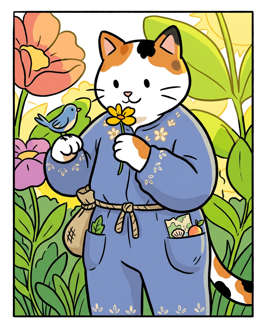 AI Design for � Pippa Sunpatch
Pippa Sunpatch is sunshine in cat form.
Not because she's loud.
Not because she's constantly talking.
But because whenever she's around, things feel a little brighter.
First Impression
Pippa is a calico cat.
Her fur is mostly white, covered in patches of:
🧡 Orange
🖤 Black
🤍 White
The patches are scattered naturally across her body.
When sunlight hits her fur, it almost looks like little pieces of sunlight resting on her coat.
That's where the name Sunpatch comes from.
Face
Pippa has a warm, friendly face.
Her eyes are bright and curious.
Not mischievous like Ashen.
Not focused like Jasper.
Not scholarly like Milo.
Just genuinely interested in the world.
She notices things other people miss.
Clothing
You mentioned blue, and I think blue works perfectly.
Not royal blue.
Not bright blue.
A soft storybook blue.
Something like:
🔵 Cornflower blue
🔵 Sky blue
🔵 Dusty blue
Her outfit could be a simple medieval dress or tunic.
Nothing fancy.
Just comfortable and practical.
Maybe small cream-colored embroidery along the sleeves.
Tiny flower patterns near the edges.
Subtle details.
Accessories
Pippa isn't the type to carry weapons everywhere.
Instead she might carry:
🌼 A flower pouch
🌿 Small gardening tools
📜 Little notes
🍎 Snacks
🐚 Interesting things she finds
Her pockets are always full of random treasures.
Personality
Pippa is kind.
But not in a boring way.
She's the friend who notices when someone feels left out.
The friend who remembers birthdays.
The friend who saves a flower because it looked lonely.
Her Role in the Group
This is important.
Every group needs someone who helps everyone stay connected.
That's Pippa.
When Jasper gets too obsessed with Rowan...
Pippa brings him back to earth.
When Milo disappears into research...
Pippa reminds him to eat.
When Shadow spends twelve hours drawing maps...
Pippa convinces him to take a break.
When Rufus gets discouraged...
Pippa encourages him.
When Ashen gets carried away...
Pippa laughs along with him.
She's the glue.
Pose
In illustrations she's often:
🌼 Holding flowers
🌿 Sitting in gardens
🐦 Feeding birds
📖 Listening to stories
😊 Smiling at friends
Not because she isn't adventurous.
Because she appreciates small beautiful things.
Silhouette
Even in silhouette:
🐱 Cat ears
👗 Simple blue outfit
🌼 Flower in paw
Recognizable immediately.
Storybook Illustration Example
Imagine a chapter illustration.
The group is walking along a forest road.
Jasper is looking ahead.
Shadow is studying a map.
Milo is reading while walking.
Ashen is playing his fiddle.
Rufus is carrying half the supplies.
Meanwhile, Pippa has stopped.
Not because she's tired.
Not because she's distracted.
A tiny wildflower is growing through a crack in a stone beside the road.
She's kneeling beside it.
Just admiring it for a moment.
Then she smiles and catches up with the group.
The Feeling She Gives
If Jasper is the adventure...
If Milo is the knowledge...
If Shadow is the exploration...
If Rufus is the courage...
If Ashen is the joy...
Then Pippa is the warmth.
She's the reason the group feels like friends instead of simply a team.
The kind of character readers remember because she makes the world feel kinder, brighter, and more alive. 🌼🐱💙✨
comic book art style with dot eyes bold black lines minimal shading simple colours baggz oneseie vibrant colours