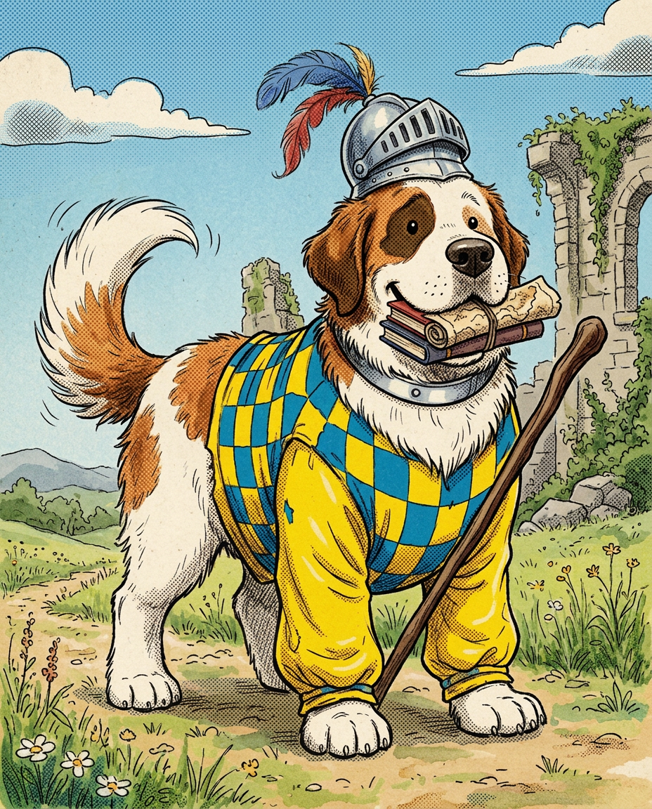 AI Design for # 🐶 Rufus Stonepaw

If Jasper is the dreamer and Milo is the scholar, then **Rufus is the heart of the group**.

The moment somebody sees Rufus, they should smile.

---

## First Impression

Rufus is big.

Very big.

Not scary big.

Comforting big.

The kind of dog who takes up half a bench when he sits down.

He's the tallest member of the friend group and much broader than everyone else.

When he walks, his footsteps feel heavy.

When he laughs, everyone hears it.

When he enters a room, people notice.

---

## Fur

Rufus has mostly white fur.

Across his body are patches of warm brown.

Most notably:

🤎 Around one eye.

🤎 Along parts of his back and shoulders.

🤎 Small patches scattered naturally across his body.

The colors make him look rustic and approachable.

Like a farm dog who somehow became a knight.

---

## Face

His face is friendly.

Very friendly.

Big smile.

Big nose.

Soft eyes.

His eyes aren't sharp or intimidating.

They're warm.

The kind of eyes that say:

> "Don't worry. I'll help."

Even when he has absolutely no idea what's going on.

---

## The Helmet

His most iconic feature.

A knight's helmet.

Silver.

Polished.

Decorated with:

🔵 Blue feathers

🔴 Red feathers

The funny part?

The helmet is too small.

Way too small.

It clearly doesn't fit him properly.

Yet he wears it proudly.

Like the greatest knight in the kingdom.

Everyone recognizes him because of it.

---

## Clothing

Rufus wears a knight-inspired outfit.

Not heavy armor.

More like a colorful medieval tunic.

Pattern:

🟡 Yellow

🔵 Blue

Checkerboard design.

The colors are vibrant without being bright.

They make him stand out immediately.

The outfit is worn and comfortable.

You can tell he's actually lived in it.

---

## The Silver Collar

Around his neck sits a silver collar.

Simple.

Clean.

Almost like a badge of honor.

Not flashy.

Just part of who he is.

---

## Pose

Rufus rarely looks serious.

Most illustrations show him:

😁 Laughing.

🍗 Eating.

🐾 Helping somebody carry something.

🛡 Proudly standing guard.

Or trying very hard to act knightly.

---

## Personality Through Art

The illustrator should communicate:

* Loyalty.
* Courage.
* Kindness.
* Enthusiasm.

Rufus is brave.

But he isn't trying to prove it.

He helps because helping feels right.

---

## Silhouette

Even as a black shadow, you'd instantly recognize him.

🐶 Huge body.

🪖 Tiny helmet.

🛡 Broad shoulders.

The silhouette is unmistakable.

---

## Storybook Illustration Example

Imagine a chapter illustration.

The group is crossing a stream.

Jasper carefully balances on a log.

Milo is checking a map.

Shadow is drawing notes.

Meanwhile Rufus has simply picked up three of his friends at once and is carrying them across.

He's grinning from ear to ear.

His tiny helmet is sliding sideways.

Nobody asked him to do this.

He just thought it would help.

And honestly?

It did.

That single image tells you everything about Rufus Stonepaw:

A giant dog with a tiny helmet, a huge heart, and the unwavering belief that every problem can be solved with courage, friendship, and perhaps a second helping of stew. 🐶🛡️🍲✨
quadropedal big chubbylonge sleeves comic boook art stzle insired  bold thivk lines dot ezes comic book stzle no other charachters are around him he is alone smiling comic book stzle of drawing