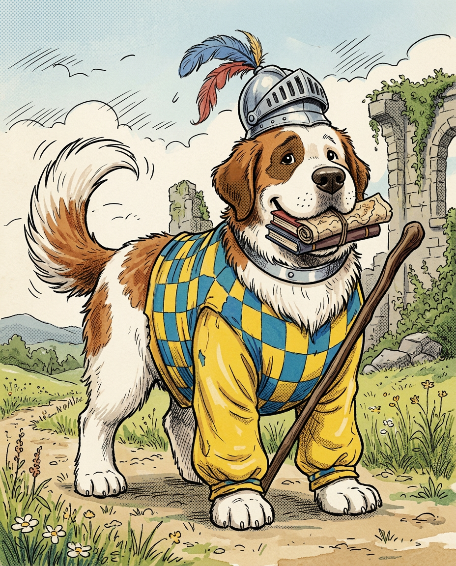 AI Design for # 🐶 Rufus Stonepaw

If Jasper is the dreamer and Milo is the scholar, then **Rufus is the heart of the group**.

The moment somebody sees Rufus, they should smile.

---

## First Impression

Rufus is big.

Very big.

Not scary big.

Comforting big.

The kind of dog who takes up half a bench when he sits down.

He's the tallest member of the friend group and much broader than everyone else.

When he walks, his footsteps feel heavy.

When he laughs, everyone hears it.

When he enters a room, people notice.

---

## Fur

Rufus has mostly white fur.

Across his body are patches of warm brown.

Most notably:

🤎 Around one eye.

🤎 Along parts of his back and shoulders.

🤎 Small patches scattered naturally across his body.

The colors make him look rustic and approachable.

Like a farm dog who somehow became a knight.

---

## Face

His face is friendly.

Very friendly.

Big smile.

Big nose.

Soft eyes.

His eyes aren't sharp or intimidating.

They're warm.

The kind of eyes that say:

> "Don't worry. I'll help."

Even when he has absolutely no idea what's going on.

---

## The Helmet

His most iconic feature.

A knight's helmet.

Silver.

Polished.

Decorated with:

🔵 Blue feathers

🔴 Red feathers

The funny part?

The helmet is too small.

Way too small.

It clearly doesn't fit him properly.

Yet he wears it proudly.

Like the greatest knight in the kingdom.

Everyone recognizes him because of it.

---

## Clothing

Rufus wears a knight-inspired outfit.

Not heavy armor.

More like a colorful medieval tunic.

Pattern:

🟡 Yellow

🔵 Blue

Checkerboard design.

The colors are vibrant without being bright.

They make him stand out immediately.

The outfit is worn and comfortable.

You can tell he's actually lived in it.

---

## The Silver Collar

Around his neck sits a silver collar.

Simple.

Clean.

Almost like a badge of honor.

Not flashy.

Just part of who he is.

---

## Pose

Rufus rarely looks serious.

Most illustrations show him:

😁 Laughing.

🍗 Eating.

🐾 Helping somebody carry something.

🛡 Proudly standing guard.

Or trying very hard to act knightly.

---

## Personality Through Art

The illustrator should communicate:

* Loyalty.
* Courage.
* Kindness.
* Enthusiasm.

Rufus is brave.

But he isn't trying to prove it.

He helps because helping feels right.

---

## Silhouette

Even as a black shadow, you'd instantly recognize him.

🐶 Huge body.

🪖 Tiny helmet.

🛡 Broad shoulders.

The silhouette is unmistakable.

---

## Storybook Illustration Example

Imagine a chapter illustration.

The group is crossing a stream.

Jasper carefully balances on a log.

Milo is checking a map.

Shadow is drawing notes.

Meanwhile Rufus has simply picked up three of his friends at once and is carrying them across.

He's grinning from ear to ear.

His tiny helmet is sliding sideways.

Nobody asked him to do this.

He just thought it would help.

And honestly?

It did.

That single image tells you everything about Rufus Stonepaw:

A giant dog with a tiny helmet, a huge heart, and the unwavering belief that every problem can be solved with courage, friendship, and perhaps a second helping of stew. 🐶🛡️🍲✨
quadropedal big chubbylonge sleeves comic boook art stzle insired  bold thivk lines dot ezes comic book stzle no other charachters are around him he is alone smiling comic book stzle of drawing