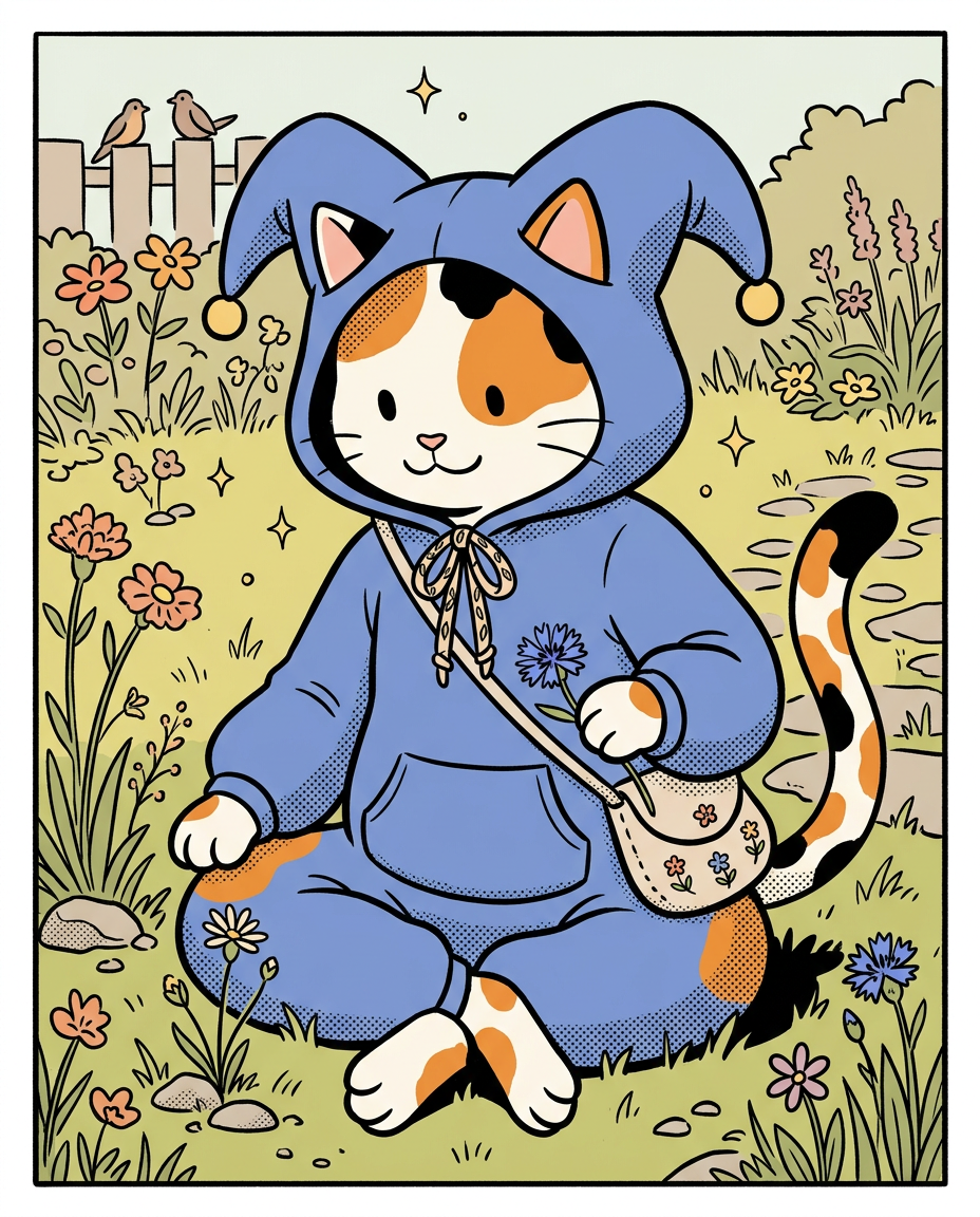 AI Design for � Pippa Sunpatch
Pippa Sunpatch is sunshine in cat form.
Not because she's loud.
Not because she's constantly talking.
But because whenever she's around, things feel a little brighter.
First Impression
Pippa is a calico cat.
Her fur is mostly white, covered in patches of:
🧡 Orange
🖤 Black
🤍 White
The patches are scattered naturally across her body.
When sunlight hits her fur, it almost looks like little pieces of sunlight resting on her coat.
That's where the name Sunpatch comes from.
Face
Pippa has a warm, friendly face.
Her eyes are bright and curious.
Not mischievous like Ashen.
Not focused like Jasper.
Not scholarly like Milo.
Just genuinely interested in the world.
She notices things other people miss.
Clothing
You mentioned blue, and I think blue works perfectly.
Not royal blue.
Not bright blue.
A soft storybook blue.
Something like:
🔵 Cornflower blue
🔵 Sky blue
🔵 Dusty blue
Her outfit could be a simple medieval dress or tunic.
Nothing fancy.
Just comfortable and practical.
Maybe small cream-colored embroidery along the sleeves.
Tiny flower patterns near the edges.
Subtle details.
Accessories
Pippa isn't the type to carry weapons everywhere.
Instead she might carry:
🌼 A flower pouch
🌿 Small gardening tools
📜 Little notes
🍎 Snacks
🐚 Interesting things she finds
Her pockets are always full of random treasures.
Personality
Pippa is kind.
But not in a boring way.
She's the friend who notices when someone feels left out.
The friend who remembers birthdays.
The friend who saves a flower because it looked lonely.
Her Role in the Group
This is important.
Every group needs someone who helps everyone stay connected.
That's Pippa.
When Jasper gets too obsessed with Rowan...
Pippa brings him back to earth.
When Milo disappears into research...
Pippa reminds him to eat.
When Shadow spends twelve hours drawing maps...
Pippa convinces him to take a break.
When Rufus gets discouraged...
Pippa encourages him.
When Ashen gets carried away...
Pippa laughs along with him.
She's the glue.
Pose
In illustrations she's often:
🌼 Holding flowers
🌿 Sitting in gardens
🐦 Feeding birds
📖 Listening to stories
😊 Smiling at friends
Not because she isn't adventurous.
Because she appreciates small beautiful things.
Silhouette
Even in silhouette:
🐱 Cat ears
👗 Simple blue outfit
🌼 Flower in paw
Recognizable immediately.
Storybook Illustration Example
Imagine a chapter illustration.
The group is walking along a forest road.
Jasper is looking ahead.
Shadow is studying a map.
Milo is reading while walking.
Ashen is playing his fiddle.
Rufus is carrying half the supplies.
Meanwhile, Pippa has stopped.
Not because she's tired.
Not because she's distracted.
A tiny wildflower is growing through a crack in a stone beside the road.
She's kneeling beside it.
Just admiring it for a moment.
Then she smiles and catches up with the group.
The Feeling She Gives
If Jasper is the adventure...
If Milo is the knowledge...
If Shadow is the exploration...
If Rufus is the courage...
If Ashen is the joy...
Then Pippa is the warmth.
She's the reason the group feels like friends instead of simply a team.
The kind of character readers remember because she makes the world feel kinder, brighter, and more alive. 🌼🐱💙✨
comic book art style with dot eyes bold black lines minimal shading simple colours jester hat baggz oneseie vibrant colours