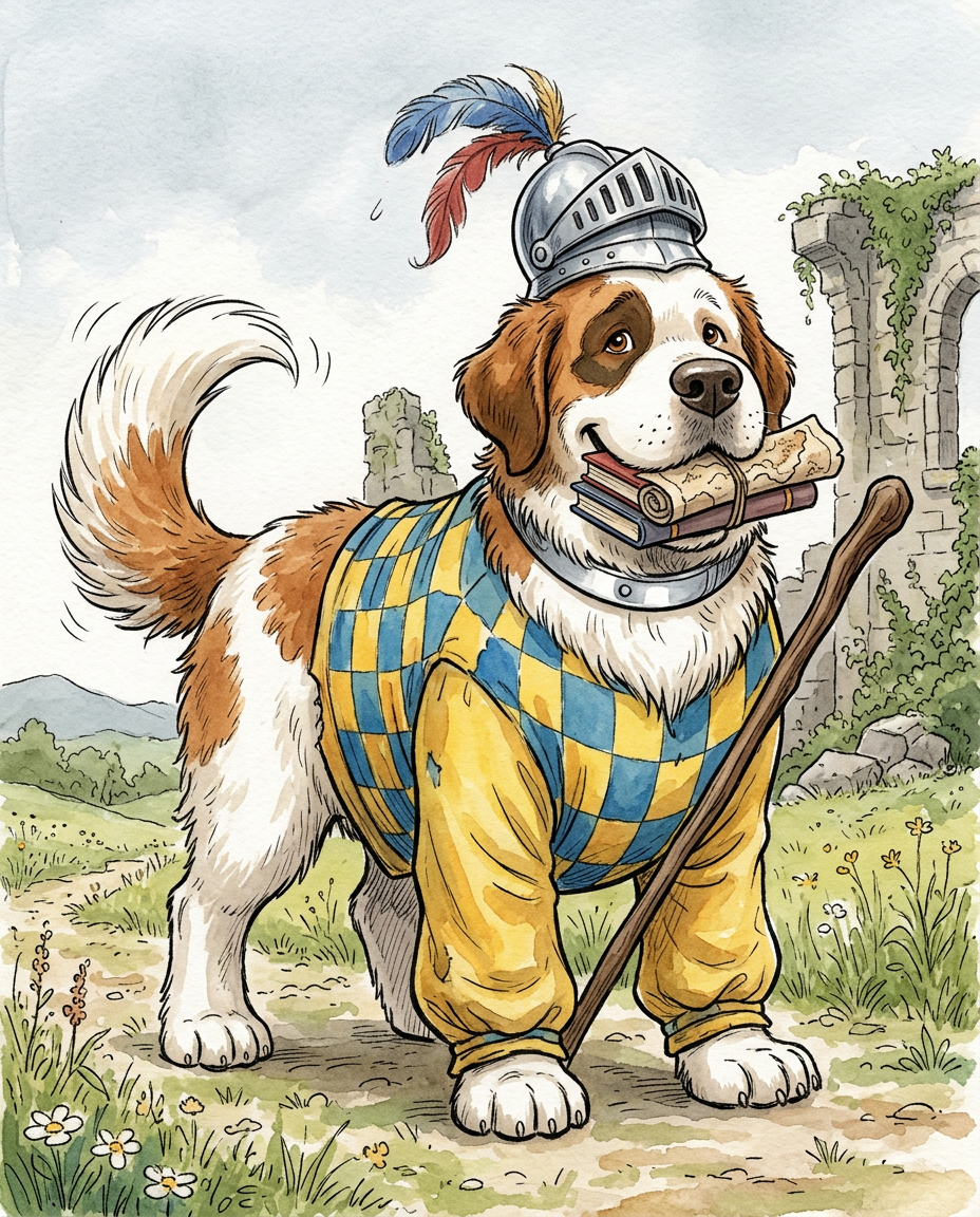 AI Design for # 🐶 Rufus Stonepaw

If Jasper is the dreamer and Milo is the scholar, then **Rufus is the heart of the group**.

The moment somebody sees Rufus, they should smile.

---

## First Impression

Rufus is big.

Very big.

Not scary big.

Comforting big.

The kind of dog who takes up half a bench when he sits down.

He's the tallest member of the friend group and much broader than everyone else.

When he walks, his footsteps feel heavy.

When he laughs, everyone hears it.

When he enters a room, people notice.

---

## Fur

Rufus has mostly white fur.

Across his body are patches of warm brown.

Most notably:

🤎 Around one eye.

🤎 Along parts of his back and shoulders.

🤎 Small patches scattered naturally across his body.

The colors make him look rustic and approachable.

Like a farm dog who somehow became a knight.

---

## Face

His face is friendly.

Very friendly.

Big smile.

Big nose.

Soft eyes.

His eyes aren't sharp or intimidating.

They're warm.

The kind of eyes that say:

> "Don't worry. I'll help."

Even when he has absolutely no idea what's going on.

---

## The Helmet

His most iconic feature.

A knight's helmet.

Silver.

Polished.

Decorated with:

🔵 Blue feathers

🔴 Red feathers

The funny part?

The helmet is too small.

Way too small.

It clearly doesn't fit him properly.

Yet he wears it proudly.

Like the greatest knight in the kingdom.

Everyone recognizes him because of it.

---

## Clothing

Rufus wears a knight-inspired outfit.

Not heavy armor.

More like a colorful medieval tunic.

Pattern:

🟡 Yellow

🔵 Blue

Checkerboard design.

The colors are vibrant without being bright.

They make him stand out immediately.

The outfit is worn and comfortable.

You can tell he's actually lived in it.

---

## The Silver Collar

Around his neck sits a silver collar.

Simple.

Clean.

Almost like a badge of honor.

Not flashy.

Just part of who he is.

---

## Pose

Rufus rarely looks serious.

Most illustrations show him:

😁 Laughing.

🍗 Eating.

🐾 Helping somebody carry something.

🛡 Proudly standing guard.

Or trying very hard to act knightly.

---

## Personality Through Art

The illustrator should communicate:

* Loyalty.
* Courage.
* Kindness.
* Enthusiasm.

Rufus is brave.

But he isn't trying to prove it.

He helps because helping feels right.

---

## Silhouette

Even as a black shadow, you'd instantly recognize him.

🐶 Huge body.

🪖 Tiny helmet.

🛡 Broad shoulders.

The silhouette is unmistakable.

---

## Storybook Illustration Example

Imagine a chapter illustration.

The group is crossing a stream.

Jasper carefully balances on a log.

Milo is checking a map.

Shadow is drawing notes.

Meanwhile Rufus has simply picked up three of his friends at once and is carrying them across.

He's grinning from ear to ear.

His tiny helmet is sliding sideways.

Nobody asked him to do this.

He just thought it would help.

And honestly?

It did.

That single image tells you everything about Rufus Stonepaw:

A giant dog with a tiny helmet, a huge heart, and the unwavering belief that every problem can be solved with courage, friendship, and perhaps a second helping of stew. 🐶🛡️🍲✨
quadropedal big chubbylonge sleeves