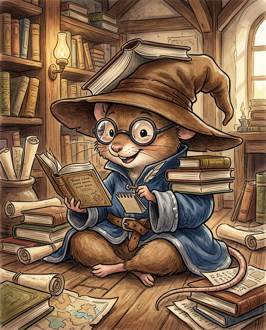 AI Design for Sure! Based on everything you've described so far, this is how I imagine **Milo Underburrow** in the *Embermane Chronicles* storybook art style.
---
# 🐭 Milo Underburrow
Milo is a small mouse, noticeably shorter than almost everyone else in the group.
At first glance, he looks like somebody who accidentally wandered out of a library and into an adventure.
---
## Face
Milo has a soft, friendly face.
His eyes are simple storybook eyes:
⚫ Small black dots or tiny ovals.
Not realistic.
Not anime.
Very expressive despite their simplicity.
His nose is small and dark.
His whiskers stick out in every direction, making him look a little untidy.
Like he forgot to comb them because he was busy reading.
---
## Glasses
One of his most recognizable features.
Large round spectacles.
Slightly oversized for his face.
They constantly slide down his nose.
Sometimes he pushes them back up while talking.
The glasses make him look:
* Curious
* Intelligent
* Slightly goofy
---
## Hat
His hat is enormous.
Almost comically large.
A floppy traveler's hat.
The brim droops slightly.
It casts a shadow over his face.
The hat always looks a little too big for him.
That's part of the charm.
---
## Clothing
Milo wears very baggy clothing.
Loose sleeves.
Oversized coat.
Big pockets everywhere.
The clothes almost look inherited from somebody twice his size.
Colors:
🔵 Deep blue
⚪ Silver-gray details
🟤 Brown belt
Nothing flashy.
Practical.
Comfortable.
A mouse who expects to spend all day reading.
---
## Accessories
Books.
Always books.
Not one book.
Several.
He often carries:
📚 A satchel full of notes
📚 Scrolls sticking out of pockets
📚 Little notebooks
📚 Folded maps
Sometimes papers fall out while he walks.
---
## Pose
When illustrated, Milo rarely stands still.
He's usually:
📖 Reading
📝 Writing notes
🔍 Examining something interesting
🤔 Thinking
Or excitedly explaining something nobody asked about.
---
## Personality Through Art
The illustrator should make him look:
* Enthusiastic
* Intelligent
* Curious
* Slightly chaotic
Not a serious scholar.
Not a boring professor.
More like:
> A mouse who got distracted researching one thing and accidentally discovered twelve more things.
---
## Silhouette
This is important.
Even completely blacked out, you'd recognize him instantly:
🎩 Huge floppy hat
👓 Round glasses
📚 Stack of books
🧥 Oversized coat
🐭 Small body
That silhouette becomes uniquely Milo.
---
## Storybook Illustration Example
Imagine a chapter illustration.
Milo is sitting cross-legged on a library floor.
Books are piled around him.
One book is open.
Another is balanced on his knee.
A third is somehow resting on top of his hat.
His glasses have slipped down his nose.
His tail curls around a stack of papers.
Meanwhile he's grinning because he's just discovered a fascinating fact about Rowan Embermane.
That single image tells you exactly who Milo is.
Not a warrior.
Not a king.
Not a hero in the traditional sense.
Just a wonderfully curious little mouse who loves learning almost as much as Jasper loves adventuring. 🐭📚✨
