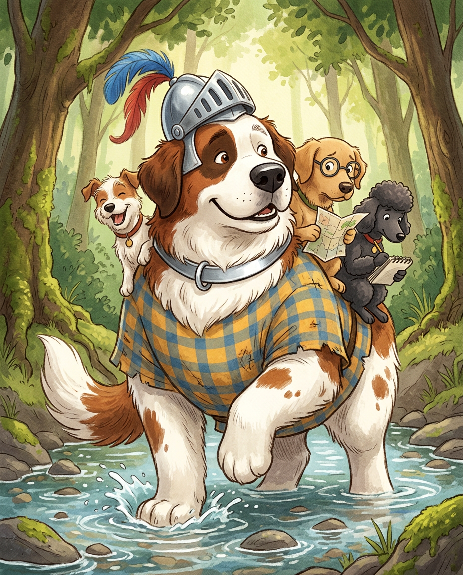 AI Design for # 🐶 Rufus Stonepaw

If Jasper is the dreamer and Milo is the scholar, then **Rufus is the heart of the group**.

The moment somebody sees Rufus, they should smile.

---

## First Impression

Rufus is big.

Very big.

Not scary big.

Comforting big.

The kind of dog who takes up half a bench when he sits down.

He's the tallest member of the friend group and much broader than everyone else.

When he walks, his footsteps feel heavy.

When he laughs, everyone hears it.

When he enters a room, people notice.

---

## Fur

Rufus has mostly white fur.

Across his body are patches of warm brown.

Most notably:

🤎 Around one eye.

🤎 Along parts of his back and shoulders.

🤎 Small patches scattered naturally across his body.

The colors make him look rustic and approachable.

Like a farm dog who somehow became a knight.

---

## Face

His face is friendly.

Very friendly.

Big smile.

Big nose.

Soft eyes.

His eyes aren't sharp or intimidating.

They're warm.

The kind of eyes that say:

> "Don't worry. I'll help."

Even when he has absolutely no idea what's going on.

---

## The Helmet

His most iconic feature.

A knight's helmet.

Silver.

Polished.

Decorated with:

🔵 Blue feathers

🔴 Red feathers

The funny part?

The helmet is too small.

Way too small.

It clearly doesn't fit him properly.

Yet he wears it proudly.

Like the greatest knight in the kingdom.

Everyone recognizes him because of it.

---

## Clothing

Rufus wears a knight-inspired outfit.

Not heavy armor.

More like a colorful medieval tunic.

Pattern:

🟡 Yellow

🔵 Blue

Checkerboard design.

The colors are vibrant without being bright.

They make him stand out immediately.

The outfit is worn and comfortable.

You can tell he's actually lived in it.

---

## The Silver Collar

Around his neck sits a silver collar.

Simple.

Clean.

Almost like a badge of honor.

Not flashy.

Just part of who he is.

---

## Pose

Rufus rarely looks serious.

Most illustrations show him:

😁 Laughing.

🍗 Eating.

🐾 Helping somebody carry something.

🛡 Proudly standing guard.

Or trying very hard to act knightly.

---

## Personality Through Art

The illustrator should communicate:

* Loyalty.
* Courage.
* Kindness.
* Enthusiasm.

Rufus is brave.

But he isn't trying to prove it.

He helps because helping feels right.

---

## Silhouette

Even as a black shadow, you'd instantly recognize him.

🐶 Huge body.

🪖 Tiny helmet.

🛡 Broad shoulders.

The silhouette is unmistakable.

---

## Storybook Illustration Example

Imagine a chapter illustration.

The group is crossing a stream.

Jasper carefully balances on a log.

Milo is checking a map.

Shadow is drawing notes.

Meanwhile Rufus has simply picked up three of his friends at once and is carrying them across.

He's grinning from ear to ear.

His tiny helmet is sliding sideways.

Nobody asked him to do this.

He just thought it would help.

And honestly?

It did.

That single image tells you everything about Rufus Stonepaw:

A giant dog with a tiny helmet, a huge heart, and the unwavering belief that every problem can be solved with courage, friendship, and perhaps a second helping of stew. 🐶🛡️🍲✨