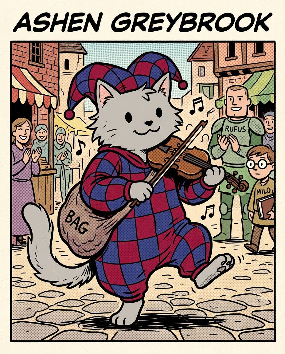 AI Design for # � Ashen Greybrook
If Jasper is the hero, Milo is the scholar, Shadow is the explorer, and Rufus is the knight...
**Ashen is the spark.**
He's the friend who makes every scene more fun the moment he walks into it.
---
## First Impression
Ashen is a medium-sized gray cat.
Not as tall as Shadow.
Not as large as Rufus.
Not as small as Milo.
He sits right in the middle.
But somehow he always stands out.
---
## Fur
Soft ash-gray fur.
Lighter than Shadow's.
His fur has a slightly messy look to it.
Not dirty.
Just the kind of fur that never stays perfectly neat.
Especially after running around all day.
---
## Face
Ashen always looks like he's about to say something.
Or do something.
Or accidentally cause something.
His eyes are bright and lively.
His smile comes easily.
Sometimes a little mischievous.
Sometimes completely innocent.
Usually both.
---
## Clothing
One of the most recognizable outfits in the group.
A loose, comfortable outfit made of:
🔴 Deep red
🔵 Deep blue
In a checkered pattern.
Not royal.
Not flashy.
Just colorful enough to make him instantly recognizable.
The clothes are slightly oversized.
They move when he runs.
They sway when he dances.
And they make him look like he belongs at a festival.
---
## The Fiddle
His signature item.
🎻 A fiddle carried almost everywhere.
Not because somebody told him to.
Because he genuinely loves music.
Whenever there's silence...
Ashen fills it.
---
## Personality
Ashen is cheerful.
Very cheerful.
He's the sort of person who can turn a boring walk into an adventure.
A rainy afternoon into a game.
A quiet dinner into a celebration.
He's not reckless.
He's just enthusiastic.
---
## His Role in the Group
People often think every fantasy group needs:
* A hero
* A fighter
* A scholar
But Ashen fills a different role.
He keeps everyone's spirits high.
When things get tense...
Ashen tells a joke.
When people argue...
Ashen changes the subject.
When the road feels long...
Ashen starts playing music.
---
## Pose
In illustrations he's often:
🎻 Playing his fiddle
🕺 Dancing
😄 Laughing
🎶 Teaching someone a song
Or doing something slightly ridiculous.
---
## Silhouette
Even in black silhouette you'd know it's him.
🐱 Cat ears
🎻 Fiddle
🧥 Loose checkered outfit
Energetic pose
Instantly recognizable.
---
## Storybook Illustration Example
Imagine a chapter illustration.
The group has stopped at a village fair.
Milo is examining books.
Shadow is studying a town map.
Jasper is trying an archery game.
Pippa is looking at flowers.
Rufus is carrying too much food.
And right in the middle of the square...
Ashen is standing on a barrel.
Playing his fiddle.
A crowd of children is dancing.
A few adults are clapping.
Even Rufus is trying to dance.
The whole scene feels alive because Ashen is there.
---
## The Feeling He Gives
Ashen isn't the strongest.
He isn't the smartest.
He isn't the leader.
But if he disappeared for a day, everyone would notice.
Because he's the one who brings laughter, music, and energy wherever he goes.
He's the friend who reminds everyone that adventures aren't just about reaching the destination.
They're about having fun along the way. 🎻🐱✨🌟comic book art style with dot eyes bold black lines minimal shading simple colours jester hat baggz oneseie vibrant colours
