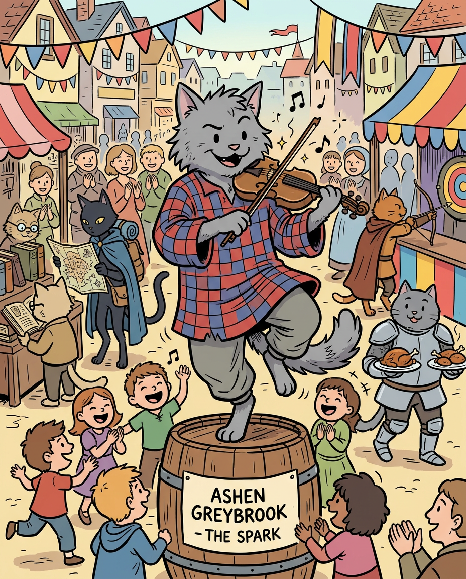 AI Design for # � Ashen Greybrook
If Jasper is the hero, Milo is the scholar, Shadow is the explorer, and Rufus is the knight...
**Ashen is the spark.**
He's the friend who makes every scene more fun the moment he walks into it.
---
## First Impression
Ashen is a medium-sized gray cat.
Not as tall as Shadow.
Not as large as Rufus.
Not as small as Milo.
He sits right in the middle.
But somehow he always stands out.
---
## Fur
Soft ash-gray fur.
Lighter than Shadow's.
His fur has a slightly messy look to it.
Not dirty.
Just the kind of fur that never stays perfectly neat.
Especially after running around all day.
---
## Face
Ashen always looks like he's about to say something.
Or do something.
Or accidentally cause something.
His eyes are bright and lively.
His smile comes easily.
Sometimes a little mischievous.
Sometimes completely innocent.
Usually both.
---
## Clothing
One of the most recognizable outfits in the group.
A loose, comfortable outfit made of:
🔴 Deep red
🔵 Deep blue
In a checkered pattern.
Not royal.
Not flashy.
Just colorful enough to make him instantly recognizable.
The clothes are slightly oversized.
They move when he runs.
They sway when he dances.
And they make him look like he belongs at a festival.
---
## The Fiddle
His signature item.
🎻 A fiddle carried almost everywhere.
Not because somebody told him to.
Because he genuinely loves music.
Whenever there's silence...
Ashen fills it.
---
## Personality
Ashen is cheerful.
Very cheerful.
He's the sort of person who can turn a boring walk into an adventure.
A rainy afternoon into a game.
A quiet dinner into a celebration.
He's not reckless.
He's just enthusiastic.
---
## His Role in the Group
People often think every fantasy group needs:
* A hero
* A fighter
* A scholar
But Ashen fills a different role.
He keeps everyone's spirits high.
When things get tense...
Ashen tells a joke.
When people argue...
Ashen changes the subject.
When the road feels long...
Ashen starts playing music.
---
## Pose
In illustrations he's often:
🎻 Playing his fiddle
🕺 Dancing
😄 Laughing
🎶 Teaching someone a song
Or doing something slightly ridiculous.
---
## Silhouette
Even in black silhouette you'd know it's him.
🐱 Cat ears
🎻 Fiddle
🧥 Loose checkered outfit
Energetic pose
Instantly recognizable.
---
## Storybook Illustration Example
Imagine a chapter illustration.
The group has stopped at a village fair.
Milo is examining books.
Shadow is studying a town map.
Jasper is trying an archery game.
Pippa is looking at flowers.
Rufus is carrying too much food.
And right in the middle of the square...
Ashen is standing on a barrel.
Playing his fiddle.
A crowd of children is dancing.
A few adults are clapping.
Even Rufus is trying to dance.
The whole scene feels alive because Ashen is there.
---
## The Feeling He Gives
Ashen isn't the strongest.
He isn't the smartest.
He isn't the leader.
But if he disappeared for a day, everyone would notice.
Because he's the one who brings laughter, music, and energy wherever he goes.
He's the friend who reminds everyone that adventures aren't just about reaching the destination.
They're about having fun along the way. 🎻🐱✨🌟comic book art style with dot eyes bold black lines minimal shading simple colours