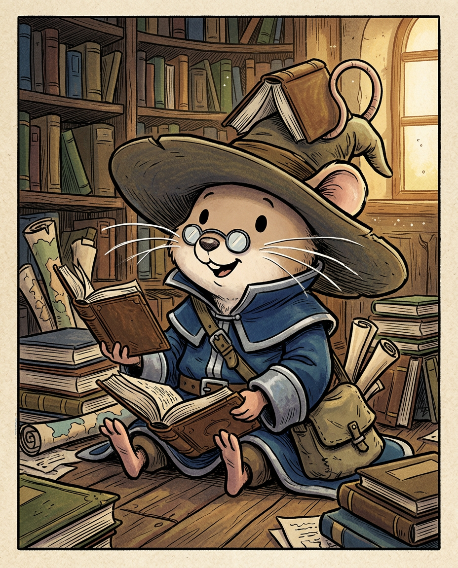 AI Design for Sure! Based on everything you've described so far, this is how I imagine **Milo Underburrow** in the *Embermane Chronicles* storybook art style.

---

# 🐭 Milo Underburrow

Milo is a small mouse, noticeably shorter than almost everyone else in the group.

At first glance, he looks like somebody who accidentally wandered out of a library and into an adventure.

---

## Face

Milo has a soft, friendly face.

His eyes are simple storybook eyes:

⚫ Small black dots or tiny ovals.

Not realistic.

Not anime.

Very expressive despite their simplicity.

His nose is small and dark.

His whiskers stick out in every direction, making him look a little untidy.

Like he forgot to comb them because he was busy reading.

---

## Glasses

One of his most recognizable features.

Large round spectacles.

Slightly oversized for his face.

They constantly slide down his nose.

Sometimes he pushes them back up while talking.

The glasses make him look:

* Curious
* Intelligent
* Slightly goofy

---

## Hat

His hat is enormous.

Almost comically large.

A floppy traveler's hat.

The brim droops slightly.

It casts a shadow over his face.

The hat always looks a little too big for him.

That's part of the charm.

---

## Clothing

Milo wears very baggy clothing.

Loose sleeves.

Oversized coat.

Big pockets everywhere.

The clothes almost look inherited from somebody twice his size.

Colors:

🔵 Deep blue

⚪ Silver-gray details

🟤 Brown belt

Nothing flashy.

Practical.

Comfortable.

A mouse who expects to spend all day reading.

---

## Accessories

Books.

Always books.

Not one book.

Several.

He often carries:

📚 A satchel full of notes

📚 Scrolls sticking out of pockets

📚 Little notebooks

📚 Folded maps

Sometimes papers fall out while he walks.

---

## Pose

When illustrated, Milo rarely stands still.

He's usually:

📖 Reading

📝 Writing notes

🔍 Examining something interesting

🤔 Thinking

Or excitedly explaining something nobody asked about.

---

## Personality Through Art

The illustrator should make him look:

* Enthusiastic
* Intelligent
* Curious
* Slightly chaotic

Not a serious scholar.

Not a boring professor.

More like:

> A mouse who got distracted researching one thing and accidentally discovered twelve more things.

---

## Silhouette

This is important.

Even completely blacked out, you'd recognize him instantly:

🎩 Huge floppy hat

👓 Round glasses

📚 Stack of books

🧥 Oversized coat

🐭 Small body

That silhouette becomes uniquely Milo.

---

## Storybook Illustration Example

Imagine a chapter illustration.

Milo is sitting cross-legged on a library floor.

Books are piled around him.

One book is open.

Another is balanced on his knee.

A third is somehow resting on top of his hat.

His glasses have slipped down his nose.

His tail curls around a stack of papers.

Meanwhile he's grinning because he's just discovered a fascinating fact about Rowan Embermane.

That single image tells you exactly who Milo is.

Not a warrior.

Not a king.

Not a hero in the traditional sense.

Just a wonderfully curious little mouse who loves learning almost as much as Jasper loves adventuring. 🐭📚✨
 gray rat cartoonz bold lines minimal shadind comic book INSpO not copzing