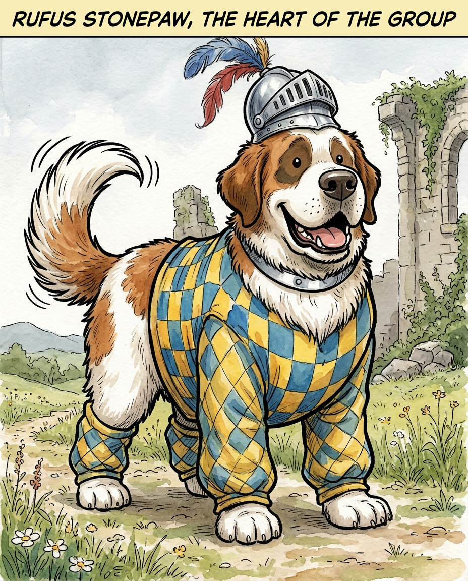 AI Design for # 🐶 Rufus Stonepaw

If Jasper is the dreamer and Milo is the scholar, then **Rufus is the heart of the group**.

The moment somebody sees Rufus, they should smile.

---

## First Impression

Rufus is big.

Very big.

Not scary big.

Comforting big.

The kind of dog who takes up half a bench when he sits down.

He's the tallest member of the friend group and much broader than everyone else.

When he walks, his footsteps feel heavy.

When he laughs, everyone hears it.

When he enters a room, people notice.

---

## Fur

Rufus has mostly white fur.

Across his body are patches of warm brown.

Most notably:

🤎 Around one eye.

🤎 Along parts of his back and shoulders.

🤎 Small patches scattered naturally across his body.

The colors make him look rustic and approachable.

Like a farm dog who somehow became a knight.

---

## Face

His face is friendly.

Very friendly.

Big smile.

Big nose.

Soft eyes.

His eyes aren't sharp or intimidating.

They're warm.

The kind of eyes that say:

> "Don't worry. I'll help."

Even when he has absolutely no idea what's going on.

---

## The Helmet

His most iconic feature.

A knight's helmet.

Silver.

Polished.

Decorated with:

🔵 Blue feathers

🔴 Red feathers

The funny part?

The helmet is too small.

Way too small.

It clearly doesn't fit him properly.

Yet he wears it proudly.

Like the greatest knight in the kingdom.

Everyone recognizes him because of it.

---

## Clothing

Rufus wears a knight-inspired outfit.

Not heavy armor.

More like a colorful medieval tunic.

Pattern:

🟡 Yellow

🔵 Blue

Checkerboard design.

The colors are vibrant without being bright.

They make him stand out immediately.

The outfit is worn and comfortable.

You can tell he's actually lived in it.

---

## The Silver Collar

Around his neck sits a silver collar.

Simple.

Clean.

Almost like a badge of honor.

Not flashy.

Just part of who he is.

---

## Pose

Rufus rarely looks serious.

Most illustrations show him:

😁 Laughing.

🍗 Eating.

🐾 Helping somebody carry something.

🛡 Proudly standing guard.

Or trying very hard to act knightly.

---

## Personality Through Art

The illustrator should communicate:

* Loyalty.
* Courage.
* Kindness.
* Enthusiasm.

Rufus is brave.

But he isn't trying to prove it.

He helps because helping feels right.

---

## Silhouette

Even as a black shadow, you'd instantly recognize him.

🐶 Huge body.

🪖 Tiny helmet.

🛡 Broad shoulders.

The silhouette is unmistakable.

---

## Storybook Illustration Example

Imagine a chapter illustration.

The group is crossing a stream.

Jasper carefully balances on a log.

Milo is checking a map.

Shadow is drawing notes.

Meanwhile Rufus has simply picked up three of his friends at once and is carrying them across.

He's grinning from ear to ear.

His tiny helmet is sliding sideways.

Nobody asked him to do this.

He just thought it would help.

And honestly?

It did.

That single image tells you everything about Rufus Stonepaw:

A giant dog with a tiny helmet, a huge heart, and the unwavering belief that every problem can be solved with courage, friendship, and perhaps a second helping of stew. 🐶🛡️🍲✨
quadropedal big chubbylonge sleeves comic boook art stzle insired  bold thivk lines dot ezes comic book stzle no other charachters are around him he is alone smiling comic book stzle of drawing