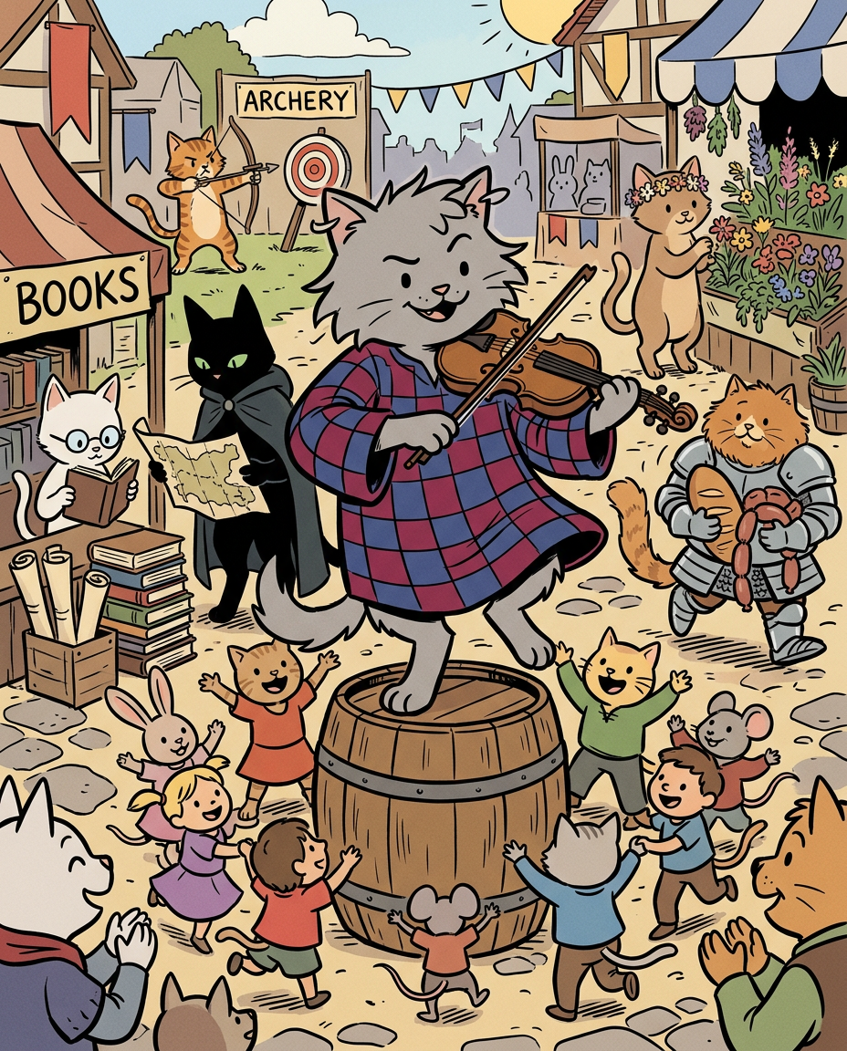 AI Design for # � Ashen Greybrook
If Jasper is the hero, Milo is the scholar, Shadow is the explorer, and Rufus is the knight...
**Ashen is the spark.**
He's the friend who makes every scene more fun the moment he walks into it.
---
## First Impression
Ashen is a medium-sized gray cat.
Not as tall as Shadow.
Not as large as Rufus.
Not as small as Milo.
He sits right in the middle.
But somehow he always stands out.
---
## Fur
Soft ash-gray fur.
Lighter than Shadow's.
His fur has a slightly messy look to it.
Not dirty.
Just the kind of fur that never stays perfectly neat.
Especially after running around all day.
---
## Face
Ashen always looks like he's about to say something.
Or do something.
Or accidentally cause something.
His eyes are bright and lively.
His smile comes easily.
Sometimes a little mischievous.
Sometimes completely innocent.
Usually both.
---
## Clothing
One of the most recognizable outfits in the group.
A loose, comfortable outfit made of:
🔴 Deep red
🔵 Deep blue
In a checkered pattern.
Not royal.
Not flashy.
Just colorful enough to make him instantly recognizable.
The clothes are slightly oversized.
They move when he runs.
They sway when he dances.
And they make him look like he belongs at a festival.
---
## The Fiddle
His signature item.
🎻 A fiddle carried almost everywhere.
Not because somebody told him to.
Because he genuinely loves music.
Whenever there's silence...
Ashen fills it.
---
## Personality
Ashen is cheerful.
Very cheerful.
He's the sort of person who can turn a boring walk into an adventure.
A rainy afternoon into a game.
A quiet dinner into a celebration.
He's not reckless.
He's just enthusiastic.
---
## His Role in the Group
People often think every fantasy group needs:
* A hero
* A fighter
* A scholar
But Ashen fills a different role.
He keeps everyone's spirits high.
When things get tense...
Ashen tells a joke.
When people argue...
Ashen changes the subject.
When the road feels long...
Ashen starts playing music.
---
## Pose
In illustrations he's often:
🎻 Playing his fiddle
🕺 Dancing
😄 Laughing
🎶 Teaching someone a song
Or doing something slightly ridiculous.
---
## Silhouette
Even in black silhouette you'd know it's him.
🐱 Cat ears
🎻 Fiddle
🧥 Loose checkered outfit
Energetic pose
Instantly recognizable.
---
## Storybook Illustration Example
Imagine a chapter illustration.
The group has stopped at a village fair.
Milo is examining books.
Shadow is studying a town map.
Jasper is trying an archery game.
Pippa is looking at flowers.
Rufus is carrying too much food.
And right in the middle of the square...
Ashen is standing on a barrel.
Playing his fiddle.
A crowd of children is dancing.
A few adults are clapping.
Even Rufus is trying to dance.
The whole scene feels alive because Ashen is there.
---
## The Feeling He Gives
Ashen isn't the strongest.
He isn't the smartest.
He isn't the leader.
But if he disappeared for a day, everyone would notice.
Because he's the one who brings laughter, music, and energy wherever he goes.
He's the friend who reminds everyone that adventures aren't just about reaching the destination.
They're about having fun along the way. 🎻🐱✨🌟comic book art style with dot eyes bold black lines minimal shading simple colours