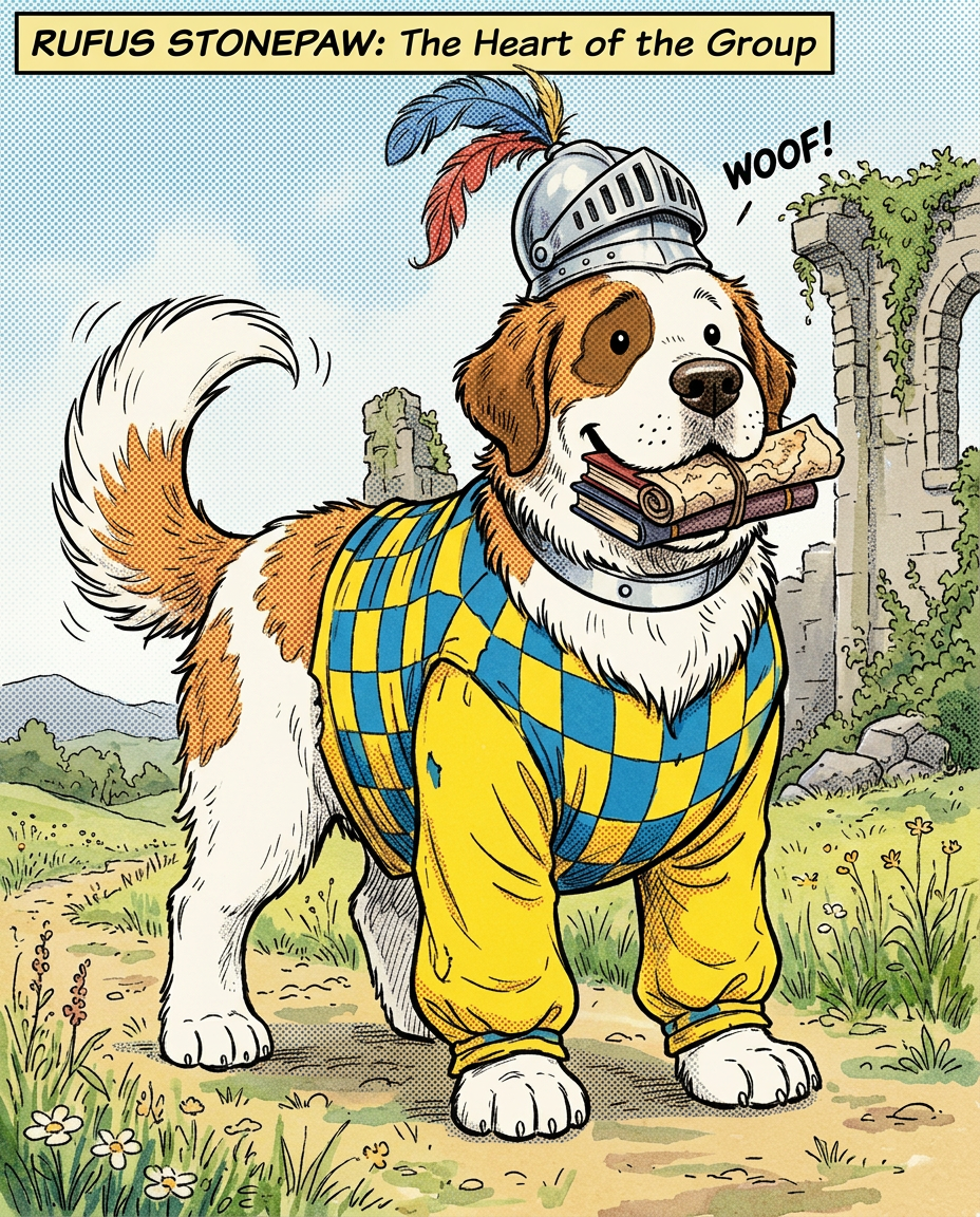 AI Design for # 🐶 Rufus Stonepaw

If Jasper is the dreamer and Milo is the scholar, then **Rufus is the heart of the group**.

The moment somebody sees Rufus, they should smile.

---

## First Impression

Rufus is big.

Very big.

Not scary big.

Comforting big.

The kind of dog who takes up half a bench when he sits down.

He's the tallest member of the friend group and much broader than everyone else.

When he walks, his footsteps feel heavy.

When he laughs, everyone hears it.

When he enters a room, people notice.

---

## Fur

Rufus has mostly white fur.

Across his body are patches of warm brown.

Most notably:

🤎 Around one eye.

🤎 Along parts of his back and shoulders.

🤎 Small patches scattered naturally across his body.

The colors make him look rustic and approachable.

Like a farm dog who somehow became a knight.

---

## Face

His face is friendly.

Very friendly.

Big smile.

Big nose.

Soft eyes.

His eyes aren't sharp or intimidating.

They're warm.

The kind of eyes that say:

> "Don't worry. I'll help."

Even when he has absolutely no idea what's going on.

---

## The Helmet

His most iconic feature.

A knight's helmet.

Silver.

Polished.

Decorated with:

🔵 Blue feathers

🔴 Red feathers

The funny part?

The helmet is too small.

Way too small.

It clearly doesn't fit him properly.

Yet he wears it proudly.

Like the greatest knight in the kingdom.

Everyone recognizes him because of it.

---

## Clothing

Rufus wears a knight-inspired outfit.

Not heavy armor.

More like a colorful medieval tunic.

Pattern:

🟡 Yellow

🔵 Blue

Checkerboard design.

The colors are vibrant without being bright.

They make him stand out immediately.

The outfit is worn and comfortable.

You can tell he's actually lived in it.

---

## The Silver Collar

Around his neck sits a silver collar.

Simple.

Clean.

Almost like a badge of honor.

Not flashy.

Just part of who he is.

---

## Pose

Rufus rarely looks serious.

Most illustrations show him:

😁 Laughing.

🍗 Eating.

🐾 Helping somebody carry something.

🛡 Proudly standing guard.

Or trying very hard to act knightly.

---

## Personality Through Art

The illustrator should communicate:

* Loyalty.
* Courage.
* Kindness.
* Enthusiasm.

Rufus is brave.

But he isn't trying to prove it.

He helps because helping feels right.

---

## Silhouette

Even as a black shadow, you'd instantly recognize him.

🐶 Huge body.

🪖 Tiny helmet.

🛡 Broad shoulders.

The silhouette is unmistakable.

---

## Storybook Illustration Example

Imagine a chapter illustration.

The group is crossing a stream.

Jasper carefully balances on a log.

Milo is checking a map.

Shadow is drawing notes.

Meanwhile Rufus has simply picked up three of his friends at once and is carrying them across.

He's grinning from ear to ear.

His tiny helmet is sliding sideways.

Nobody asked him to do this.

He just thought it would help.

And honestly?

It did.

That single image tells you everything about Rufus Stonepaw:

A giant dog with a tiny helmet, a huge heart, and the unwavering belief that every problem can be solved with courage, friendship, and perhaps a second helping of stew. 🐶🛡️🍲✨
quadropedal big chubbylonge sleeves comic boook art stzle insired  bold thivk lines dot ezes comic book stzle no other charachters are around him he is alone smiling comic book stzle of drawing  bold thick black lines