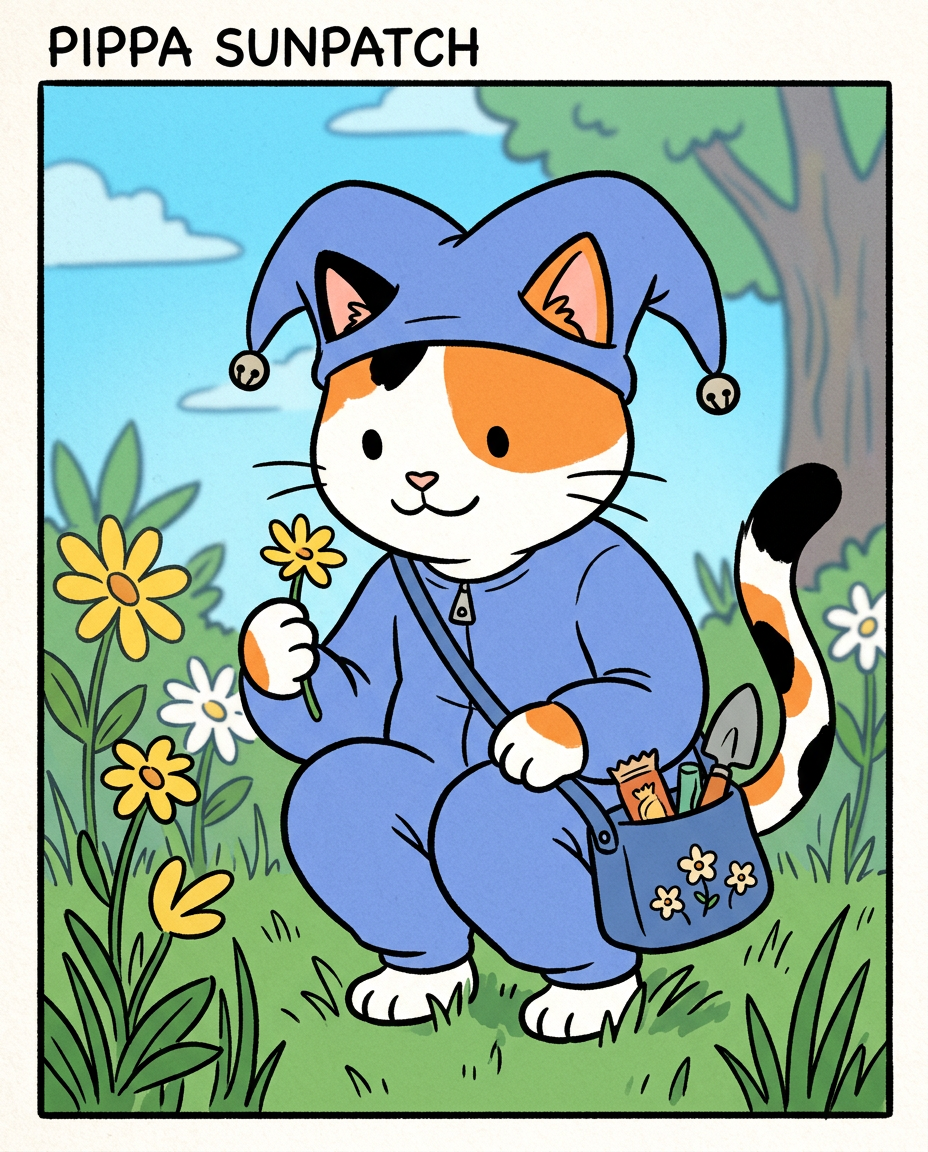 AI Design for � Pippa Sunpatch
Pippa Sunpatch is sunshine in cat form.
Not because she's loud.
Not because she's constantly talking.
But because whenever she's around, things feel a little brighter.
First Impression
Pippa is a calico cat.
Her fur is mostly white, covered in patches of:
🧡 Orange
🖤 Black
🤍 White
The patches are scattered naturally across her body.
When sunlight hits her fur, it almost looks like little pieces of sunlight resting on her coat.
That's where the name Sunpatch comes from.
Face
Pippa has a warm, friendly face.
Her eyes are bright and curious.
Not mischievous like Ashen.
Not focused like Jasper.
Not scholarly like Milo.
Just genuinely interested in the world.
She notices things other people miss.
Clothing
You mentioned blue, and I think blue works perfectly.
Not royal blue.
Not bright blue.
A soft storybook blue.
Something like:
🔵 Cornflower blue
🔵 Sky blue
🔵 Dusty blue
Her outfit could be a simple medieval dress or tunic.
Nothing fancy.
Just comfortable and practical.
Maybe small cream-colored embroidery along the sleeves.
Tiny flower patterns near the edges.
Subtle details.
Accessories
Pippa isn't the type to carry weapons everywhere.
Instead she might carry:
🌼 A flower pouch
🌿 Small gardening tools
📜 Little notes
🍎 Snacks
🐚 Interesting things she finds
Her pockets are always full of random treasures.
Personality
Pippa is kind.
But not in a boring way.
She's the friend who notices when someone feels left out.
The friend who remembers birthdays.
The friend who saves a flower because it looked lonely.
Her Role in the Group
This is important.
Every group needs someone who helps everyone stay connected.
That's Pippa.
When Jasper gets too obsessed with Rowan...
Pippa brings him back to earth.
When Milo disappears into research...
Pippa reminds him to eat.
When Shadow spends twelve hours drawing maps...
Pippa convinces him to take a break.
When Rufus gets discouraged...
Pippa encourages him.
When Ashen gets carried away...
Pippa laughs along with him.
She's the glue.
Pose
In illustrations she's often:
🌼 Holding flowers
🌿 Sitting in gardens
🐦 Feeding birds
📖 Listening to stories
😊 Smiling at friends
Not because she isn't adventurous.
Because she appreciates small beautiful things.
Silhouette
Even in silhouette:
🐱 Cat ears
👗 Simple blue outfit
🌼 Flower in paw
Recognizable immediately.
Storybook Illustration Example
Imagine a chapter illustration.
The group is walking along a forest road.
Jasper is looking ahead.
Shadow is studying a map.
Milo is reading while walking.
Ashen is playing his fiddle.
Rufus is carrying half the supplies.
Meanwhile, Pippa has stopped.
Not because she's tired.
Not because she's distracted.
A tiny wildflower is growing through a crack in a stone beside the road.
She's kneeling beside it.
Just admiring it for a moment.
Then she smiles and catches up with the group.
The Feeling She Gives
If Jasper is the adventure...
If Milo is the knowledge...
If Shadow is the exploration...
If Rufus is the courage...
If Ashen is the joy...
Then Pippa is the warmth.
She's the reason the group feels like friends instead of simply a team.
The kind of character readers remember because she makes the world feel kinder, brighter, and more alive. 🌼🐱💙✨
comic book art style with dot eyes bold black lines minimal shading simple colours jester hat baggz oneseie vibrant colours