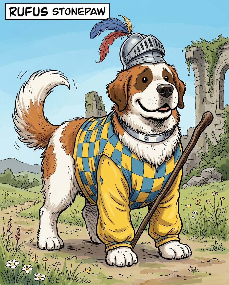 AI Design for # 🐶 Rufus Stonepaw

If Jasper is the dreamer and Milo is the scholar, then **Rufus is the heart of the group**.

The moment somebody sees Rufus, they should smile.

---

## First Impression

Rufus is big.

Very big.

Not scary big.

Comforting big.

The kind of dog who takes up half a bench when he sits down.

He's the tallest member of the friend group and much broader than everyone else.

When he walks, his footsteps feel heavy.

When he laughs, everyone hears it.

When he enters a room, people notice.

---

## Fur

Rufus has mostly white fur.

Across his body are patches of warm brown.

Most notably:

🤎 Around one eye.

🤎 Along parts of his back and shoulders.

🤎 Small patches scattered naturally across his body.

The colors make him look rustic and approachable.

Like a farm dog who somehow became a knight.

---

## Face

His face is friendly.

Very friendly.

Big smile.

Big nose.

Soft eyes.

His eyes aren't sharp or intimidating.

They're warm.

The kind of eyes that say:

> "Don't worry. I'll help."

Even when he has absolutely no idea what's going on.

---

## The Helmet

His most iconic feature.

A knight's helmet.

Silver.

Polished.

Decorated with:

🔵 Blue feathers

🔴 Red feathers

The funny part?

The helmet is too small.

Way too small.

It clearly doesn't fit him properly.

Yet he wears it proudly.

Like the greatest knight in the kingdom.

Everyone recognizes him because of it.

---

## Clothing

Rufus wears a knight-inspired outfit.

Not heavy armor.

More like a colorful medieval tunic.

Pattern:

🟡 Yellow

🔵 Blue

Checkerboard design.

The colors are vibrant without being bright.

They make him stand out immediately.

The outfit is worn and comfortable.

You can tell he's actually lived in it.

---

## The Silver Collar

Around his neck sits a silver collar.

Simple.

Clean.

Almost like a badge of honor.

Not flashy.

Just part of who he is.

---

## Pose

Rufus rarely looks serious.

Most illustrations show him:

😁 Laughing.

🍗 Eating.

🐾 Helping somebody carry something.

🛡 Proudly standing guard.

Or trying very hard to act knightly.

---

## Personality Through Art

The illustrator should communicate:

* Loyalty.
* Courage.
* Kindness.
* Enthusiasm.

Rufus is brave.

But he isn't trying to prove it.

He helps because helping feels right.

---

## Silhouette

Even as a black shadow, you'd instantly recognize him.

🐶 Huge body.

🪖 Tiny helmet.

🛡 Broad shoulders.

The silhouette is unmistakable.

---

## Storybook Illustration Example

Imagine a chapter illustration.

The group is crossing a stream.

Jasper carefully balances on a log.

Milo is checking a map.

Shadow is drawing notes.

Meanwhile Rufus has simply picked up three of his friends at once and is carrying them across.

He's grinning from ear to ear.

His tiny helmet is sliding sideways.

Nobody asked him to do this.

He just thought it would help.

And honestly?

It did.

That single image tells you everything about Rufus Stonepaw:

A giant dog with a tiny helmet, a huge heart, and the unwavering belief that every problem can be solved with courage, friendship, and perhaps a second helping of stew. 🐶🛡️🍲✨
quadropedal big chubbylonge sleeves comic boook art stzle insired  bold thivk lines dot ezes comic book stzle no other charachters are around him he is alone smiling comic book stzle of drawing  bold thick black lines