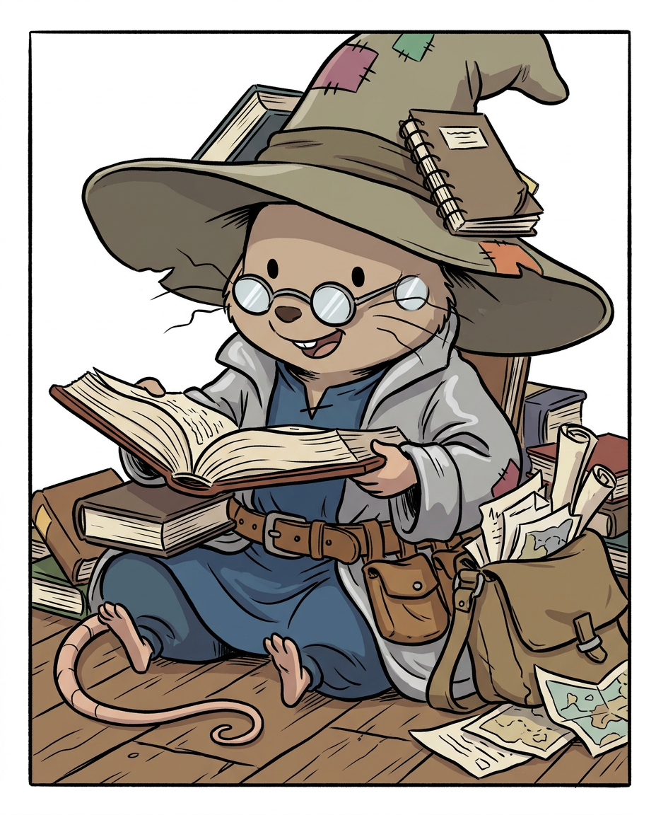 AI Design for Sure! Based on everything you've described so far, this is how I imagine **Milo Underburrow** in the *Embermane Chronicles* storybook art style.

---

# 🐭 Milo Underburrow

Milo is a small mouse, noticeably shorter than almost everyone else in the group.

At first glance, he looks like somebody who accidentally wandered out of a library and into an adventure.

---

## Face

Milo has a soft, friendly face.

His eyes are simple storybook eyes:

⚫ Small black dots or tiny ovals.

Not realistic.

Not anime.

Very expressive despite their simplicity.

His nose is small and dark.

His whiskers stick out in every direction, making him look a little untidy.

Like he forgot to comb them because he was busy reading.

---

## Glasses

One of his most recognizable features.

Large round spectacles.

Slightly oversized for his face.

They constantly slide down his nose.

Sometimes he pushes them back up while talking.

The glasses make him look:

* Curious
* Intelligent
* Slightly goofy

---

## Hat

His hat is enormous.

Almost comically large.

A floppy traveler's hat.

The brim droops slightly.

It casts a shadow over his face.

The hat always looks a little too big for him.

That's part of the charm.

---

## Clothing

Milo wears very baggy clothing.

Loose sleeves.

Oversized coat.

Big pockets everywhere.

The clothes almost look inherited from somebody twice his size.

Colors:

🔵 Deep blue

⚪ Silver-gray details

🟤 Brown belt

Nothing flashy.

Practical.

Comfortable.

A mouse who expects to spend all day reading.

---

## Accessories

Books.

Always books.

Not one book.

Several.

He often carries:

📚 A satchel full of notes

📚 Scrolls sticking out of pockets

📚 Little notebooks

📚 Folded maps

Sometimes papers fall out while he walks.

---

## Pose

When illustrated, Milo rarely stands still.

He's usually:

📖 Reading

📝 Writing notes

🔍 Examining something interesting

🤔 Thinking

Or excitedly explaining something nobody asked about.

---

## Personality Through Art

The illustrator should make him look:

* Enthusiastic
* Intelligent
* Curious
* Slightly chaotic

Not a serious scholar.

Not a boring professor.

More like:

> A mouse who got distracted researching one thing and accidentally discovered twelve more things.

---

## Silhouette

This is important.

Even completely blacked out, you'd recognize him instantly:

🎩 Huge floppy hat

👓 Round glasses

📚 Stack of books

🧥 Oversized coat

🐭 Small body

That silhouette becomes uniquely Milo.

---

## Storybook Illustration Example

Imagine a chapter illustration.

Milo is sitting cross-legged on a library floor.

Books are piled around him.

One book is open.

Another is balanced on his knee.

A third is somehow resting on top of his hat.

His glasses have slipped down his nose.

His tail curls around a stack of papers.

Meanwhile he's grinning because he's just discovered a fascinating fact about Rowan Embermane.

That single image tells you exactly who Milo is.

Not a warrior.

Not a king.

Not a hero in the traditional sense.

Just a wonderfully curious little mouse who loves learning almost as much as Jasper loves adventuring. 🐭📚✨
 gray rat cartoonz bold lines minimal shadind comic book INSpO not copzing