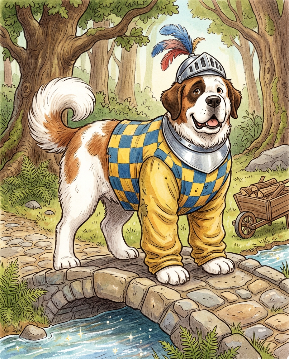AI Design for # 🐶 Rufus Stonepaw

If Jasper is the dreamer and Milo is the scholar, then **Rufus is the heart of the group**.

The moment somebody sees Rufus, they should smile.

---

## First Impression

Rufus is big.

Very big.

Not scary big.

Comforting big.

The kind of dog who takes up half a bench when he sits down.

He's the tallest member of the friend group and much broader than everyone else.

When he walks, his footsteps feel heavy.

When he laughs, everyone hears it.

When he enters a room, people notice.

---

## Fur

Rufus has mostly white fur.

Across his body are patches of warm brown.

Most notably:

🤎 Around one eye.

🤎 Along parts of his back and shoulders.

🤎 Small patches scattered naturally across his body.

The colors make him look rustic and approachable.

Like a farm dog who somehow became a knight.

---

## Face

His face is friendly.

Very friendly.

Big smile.

Big nose.

Soft eyes.

His eyes aren't sharp or intimidating.

They're warm.

The kind of eyes that say:

> "Don't worry. I'll help."

Even when he has absolutely no idea what's going on.

---

## The Helmet

His most iconic feature.

A knight's helmet.

Silver.

Polished.

Decorated with:

🔵 Blue feathers

🔴 Red feathers

The funny part?

The helmet is too small.

Way too small.

It clearly doesn't fit him properly.

Yet he wears it proudly.

Like the greatest knight in the kingdom.

Everyone recognizes him because of it.

---

## Clothing

Rufus wears a knight-inspired outfit.

Not heavy armor.

More like a colorful medieval tunic.

Pattern:

🟡 Yellow

🔵 Blue

Checkerboard design.

The colors are vibrant without being bright.

They make him stand out immediately.

The outfit is worn and comfortable.

You can tell he's actually lived in it.

---

## The Silver Collar

Around his neck sits a silver collar.

Simple.

Clean.

Almost like a badge of honor.

Not flashy.

Just part of who he is.

---

## Pose

Rufus rarely looks serious.

Most illustrations show him:

😁 Laughing.

🍗 Eating.

🐾 Helping somebody carry something.

🛡 Proudly standing guard.

Or trying very hard to act knightly.

---

## Personality Through Art

The illustrator should communicate:

* Loyalty.
* Courage.
* Kindness.
* Enthusiasm.

Rufus is brave.

But he isn't trying to prove it.

He helps because helping feels right.

---

## Silhouette

Even as a black shadow, you'd instantly recognize him.

🐶 Huge body.

🪖 Tiny helmet.

🛡 Broad shoulders.

The silhouette is unmistakable.

---

## Storybook Illustration Example

Imagine a chapter illustration.

The group is crossing a stream.

Jasper carefully balances on a log.

Milo is checking a map.

Shadow is drawing notes.

Meanwhile Rufus has simply picked up three of his friends at once and is carrying them across.

He's grinning from ear to ear.

His tiny helmet is sliding sideways.

Nobody asked him to do this.

He just thought it would help.

And honestly?

It did.

That single image tells you everything about Rufus Stonepaw:

A giant dog with a tiny helmet, a huge heart, and the unwavering belief that every problem can be solved with courage, friendship, and perhaps a second helping of stew. 🐶🛡️🍲✨
quadropedal big chubbylonge sleeves
