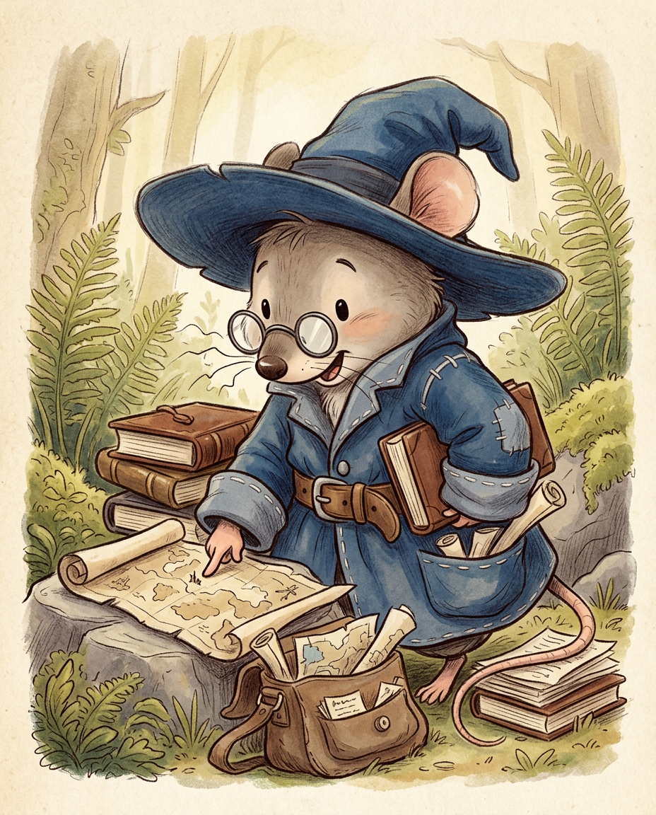 AI Design for Sure! Based on everything you've described so far, this is how I imagine **Milo Underburrow** in the *Embermane Chronicles* storybook art style.
---
# 🐭 Milo Underburrow
Milo is a small mouse, noticeably shorter than almost everyone else in the group.
At first glance, he looks like somebody who accidentally wandered out of a library and into an adventure.
---
## Face
Milo has a soft, friendly face.
His eyes are simple storybook eyes:
⚫ Small black dots or tiny ovals.
Not realistic.
Not anime.
Very expressive despite their simplicity.
His nose is small and dark.
His whiskers stick out in every direction, making him look a little untidy.
Like he forgot to comb them because he was busy reading.
---
## Glasses
One of his most recognizable features.
Large round spectacles.
Slightly oversized for his face.
They constantly slide down his nose.
Sometimes he pushes them back up while talking.
The glasses make him look:
* Curious
* Intelligent
* Slightly goofy
---
## Hat
His hat is enormous.
Almost comically large.
A floppy traveler's hat.
The brim droops slightly.
It casts a shadow over his face.
The hat always looks a little too big for him.
That's part of the charm.
---
## Clothing
Milo wears very baggy clothing.
Loose sleeves.
Oversized coat.
Big pockets everywhere.
The clothes almost look inherited from somebody twice his size.
Colors:
🔵 Deep blue
⚪ Silver-gray details
🟤 Brown belt
Nothing flashy.
Practical.
Comfortable.
A mouse who expects to spend all day reading.
---
## Accessories
Books.
Always books.
Not one book.
Several.
He often carries:
📚 A satchel full of notes
📚 Scrolls sticking out of pockets
📚 Little notebooks
📚 Folded maps
Sometimes papers fall out while he walks.
---
## Pose
When illustrated, Milo rarely stands still.
He's usually:
📖 Reading
📝 Writing notes
🔍 Examining something interesting
🤔 Thinking
Or excitedly explaining something nobody asked about.
---
## Personality Through Art
The illustrator should make him look:
* Enthusiastic
* Intelligent
* Curious
* Slightly chaotic
Not a serious scholar.
Not a boring professor.
More like:
> A mouse who got distracted researching one thing and accidentally discovered twelve more things.
---
## Silhouette
This is important.
Even completely blacked out, you'd recognize him instantly:
🎩 Huge floppy hat
👓 Round glasses
📚 Stack of books
🧥 Oversized coat
🐭 Small body
That silhouette becomes uniquely Milo.
---
## Storybook Illustration Example
Imagine a chapter illustration.
Milo is sitting cross-legged on a library floor.
Books are piled around him.
One book is open.
Another is balanced on his knee.
A third is somehow resting on top of his hat.
His glasses have slipped down his nose.
His tail curls around a stack of papers.
Meanwhile he's grinning because he's just discovered a fascinating fact about Rowan Embermane.
That single image tells you exactly who Milo is.
Not a warrior.
Not a king.
Not a hero in the traditional sense.
Just a wonderfully curious little mouse who loves learning almost as much as Jasper loves adventuring. 🐭📚✨