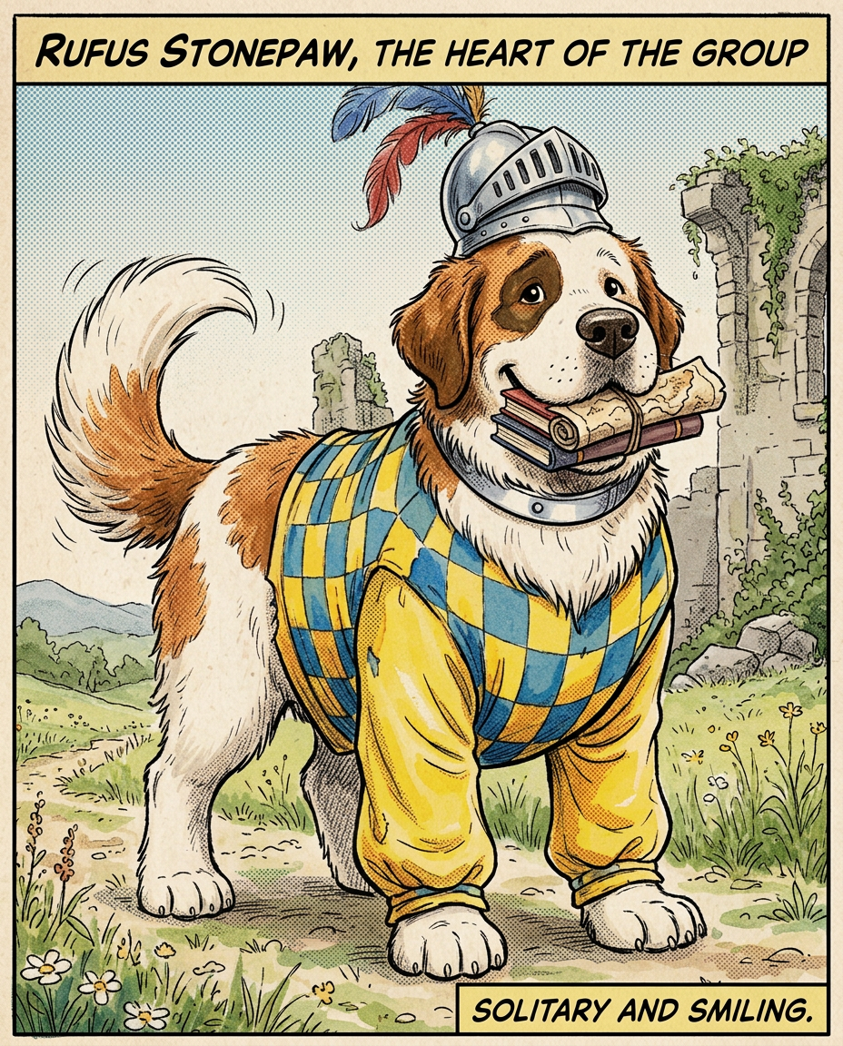 AI Design for # 🐶 Rufus Stonepaw

If Jasper is the dreamer and Milo is the scholar, then **Rufus is the heart of the group**.

The moment somebody sees Rufus, they should smile.

---

## First Impression

Rufus is big.

Very big.

Not scary big.

Comforting big.

The kind of dog who takes up half a bench when he sits down.

He's the tallest member of the friend group and much broader than everyone else.

When he walks, his footsteps feel heavy.

When he laughs, everyone hears it.

When he enters a room, people notice.

---

## Fur

Rufus has mostly white fur.

Across his body are patches of warm brown.

Most notably:

🤎 Around one eye.

🤎 Along parts of his back and shoulders.

🤎 Small patches scattered naturally across his body.

The colors make him look rustic and approachable.

Like a farm dog who somehow became a knight.

---

## Face

His face is friendly.

Very friendly.

Big smile.

Big nose.

Soft eyes.

His eyes aren't sharp or intimidating.

They're warm.

The kind of eyes that say:

> "Don't worry. I'll help."

Even when he has absolutely no idea what's going on.

---

## The Helmet

His most iconic feature.

A knight's helmet.

Silver.

Polished.

Decorated with:

🔵 Blue feathers

🔴 Red feathers

The funny part?

The helmet is too small.

Way too small.

It clearly doesn't fit him properly.

Yet he wears it proudly.

Like the greatest knight in the kingdom.

Everyone recognizes him because of it.

---

## Clothing

Rufus wears a knight-inspired outfit.

Not heavy armor.

More like a colorful medieval tunic.

Pattern:

🟡 Yellow

🔵 Blue

Checkerboard design.

The colors are vibrant without being bright.

They make him stand out immediately.

The outfit is worn and comfortable.

You can tell he's actually lived in it.

---

## The Silver Collar

Around his neck sits a silver collar.

Simple.

Clean.

Almost like a badge of honor.

Not flashy.

Just part of who he is.

---

## Pose

Rufus rarely looks serious.

Most illustrations show him:

😁 Laughing.

🍗 Eating.

🐾 Helping somebody carry something.

🛡 Proudly standing guard.

Or trying very hard to act knightly.

---

## Personality Through Art

The illustrator should communicate:

* Loyalty.
* Courage.
* Kindness.
* Enthusiasm.

Rufus is brave.

But he isn't trying to prove it.

He helps because helping feels right.

---

## Silhouette

Even as a black shadow, you'd instantly recognize him.

🐶 Huge body.

🪖 Tiny helmet.

🛡 Broad shoulders.

The silhouette is unmistakable.

---

## Storybook Illustration Example

Imagine a chapter illustration.

The group is crossing a stream.

Jasper carefully balances on a log.

Milo is checking a map.

Shadow is drawing notes.

Meanwhile Rufus has simply picked up three of his friends at once and is carrying them across.

He's grinning from ear to ear.

His tiny helmet is sliding sideways.

Nobody asked him to do this.

He just thought it would help.

And honestly?

It did.

That single image tells you everything about Rufus Stonepaw:

A giant dog with a tiny helmet, a huge heart, and the unwavering belief that every problem can be solved with courage, friendship, and perhaps a second helping of stew. 🐶🛡️🍲✨
quadropedal big chubbylonge sleeves comic boook art stzle insired  bold thivk lines dot ezes comic book stzle no other charachters are around him he is alone smiling comic book stzle of drawing