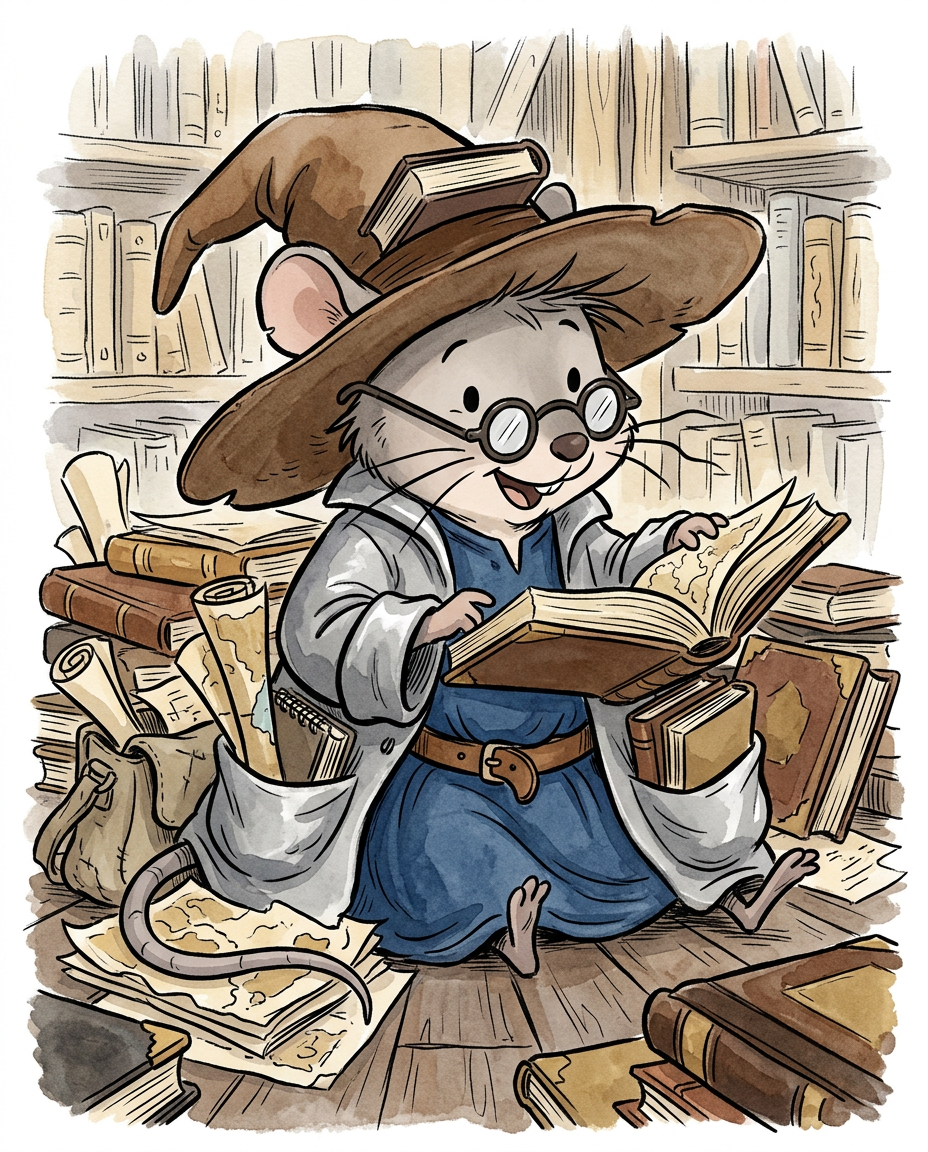 AI Design for Sure! Based on everything you've described so far, this is how I imagine **Milo Underburrow** in the *Embermane Chronicles* storybook art style.

---

# 🐭 Milo Underburrow

Milo is a small mouse, noticeably shorter than almost everyone else in the group.

At first glance, he looks like somebody who accidentally wandered out of a library and into an adventure.

---

## Face

Milo has a soft, friendly face.

His eyes are simple storybook eyes:

⚫ Small black dots or tiny ovals.

Not realistic.

Not anime.

Very expressive despite their simplicity.

His nose is small and dark.

His whiskers stick out in every direction, making him look a little untidy.

Like he forgot to comb them because he was busy reading.

---

## Glasses

One of his most recognizable features.

Large round spectacles.

Slightly oversized for his face.

They constantly slide down his nose.

Sometimes he pushes them back up while talking.

The glasses make him look:

* Curious
* Intelligent
* Slightly goofy

---

## Hat

His hat is enormous.

Almost comically large.

A floppy traveler's hat.

The brim droops slightly.

It casts a shadow over his face.

The hat always looks a little too big for him.

That's part of the charm.

---

## Clothing

Milo wears very baggy clothing.

Loose sleeves.

Oversized coat.

Big pockets everywhere.

The clothes almost look inherited from somebody twice his size.

Colors:

🔵 Deep blue

⚪ Silver-gray details

🟤 Brown belt

Nothing flashy.

Practical.

Comfortable.

A mouse who expects to spend all day reading.

---

## Accessories

Books.

Always books.

Not one book.

Several.

He often carries:

📚 A satchel full of notes

📚 Scrolls sticking out of pockets

📚 Little notebooks

📚 Folded maps

Sometimes papers fall out while he walks.

---

## Pose

When illustrated, Milo rarely stands still.

He's usually:

📖 Reading

📝 Writing notes

🔍 Examining something interesting

🤔 Thinking

Or excitedly explaining something nobody asked about.

---

## Personality Through Art

The illustrator should make him look:

* Enthusiastic
* Intelligent
* Curious
* Slightly chaotic

Not a serious scholar.

Not a boring professor.

More like:

> A mouse who got distracted researching one thing and accidentally discovered twelve more things.

---

## Silhouette

This is important.

Even completely blacked out, you'd recognize him instantly:

🎩 Huge floppy hat

👓 Round glasses

📚 Stack of books

🧥 Oversized coat

🐭 Small body

That silhouette becomes uniquely Milo.

---

## Storybook Illustration Example

Imagine a chapter illustration.

Milo is sitting cross-legged on a library floor.

Books are piled around him.

One book is open.

Another is balanced on his knee.

A third is somehow resting on top of his hat.

His glasses have slipped down his nose.

His tail curls around a stack of papers.

Meanwhile he's grinning because he's just discovered a fascinating fact about Rowan Embermane.

That single image tells you exactly who Milo is.

Not a warrior.

Not a king.

Not a hero in the traditional sense.

Just a wonderfully curious little mouse who loves learning almost as much as Jasper loves adventuring. 🐭📚✨
 gray rat cartoonz bold lines minimal shadind comic book INSpO not copzing