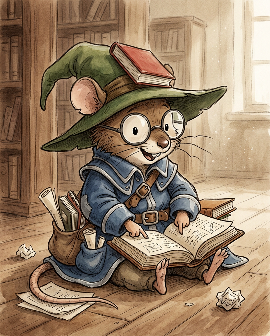 AI Design for Sure! Based on everything you've described so far, this is how I imagine **Milo Underburrow** in the *Embermane Chronicles* storybook art style.
---
# 🐭 Milo Underburrow
Milo is a small mouse, noticeably shorter than almost everyone else in the group.
At first glance, he looks like somebody who accidentally wandered out of a library and into an adventure.
---
## Face
Milo has a soft, friendly face.
His eyes are simple storybook eyes:
⚫ Small black dots or tiny ovals.
Not realistic.
Not anime.
Very expressive despite their simplicity.
His nose is small and dark.
His whiskers stick out in every direction, making him look a little untidy.
Like he forgot to comb them because he was busy reading.
---
## Glasses
One of his most recognizable features.
Large round spectacles.
Slightly oversized for his face.
They constantly slide down his nose.
Sometimes he pushes them back up while talking.
The glasses make him look:
* Curious
* Intelligent
* Slightly goofy
---
## Hat
His hat is enormous.
Almost comically large.
A floppy traveler's hat.
The brim droops slightly.
It casts a shadow over his face.
The hat always looks a little too big for him.
That's part of the charm.
---
## Clothing
Milo wears very baggy clothing.
Loose sleeves.
Oversized coat.
Big pockets everywhere.
The clothes almost look inherited from somebody twice his size.
Colors:
🔵 Deep blue
⚪ Silver-gray details
🟤 Brown belt
Nothing flashy.
Practical.
Comfortable.
A mouse who expects to spend all day reading.
---
## Accessories
Books.
Always books.
Not one book.
Several.
He often carries:
📚 A satchel full of notes
📚 Scrolls sticking out of pockets
📚 Little notebooks
📚 Folded maps
Sometimes papers fall out while he walks.
---
## Pose
When illustrated, Milo rarely stands still.
He's usually:
📖 Reading
📝 Writing notes
🔍 Examining something interesting
🤔 Thinking
Or excitedly explaining something nobody asked about.
---
## Personality Through Art
The illustrator should make him look:
* Enthusiastic
* Intelligent
* Curious
* Slightly chaotic
Not a serious scholar.
Not a boring professor.
More like:
> A mouse who got distracted researching one thing and accidentally discovered twelve more things.
---
## Silhouette
This is important.
Even completely blacked out, you'd recognize him instantly:
🎩 Huge floppy hat
👓 Round glasses
📚 Stack of books
🧥 Oversized coat
🐭 Small body
That silhouette becomes uniquely Milo.
---
## Storybook Illustration Example
Imagine a chapter illustration.
Milo is sitting cross-legged on a library floor.
Books are piled around him.
One book is open.
Another is balanced on his knee.
A third is somehow resting on top of his hat.
His glasses have slipped down his nose.
His tail curls around a stack of papers.
Meanwhile he's grinning because he's just discovered a fascinating fact about Rowan Embermane.
That single image tells you exactly who Milo is.
Not a warrior.
Not a king.
Not a hero in the traditional sense.
Just a wonderfully curious little mouse who loves learning almost as much as Jasper loves adventuring. 🐭📚✨