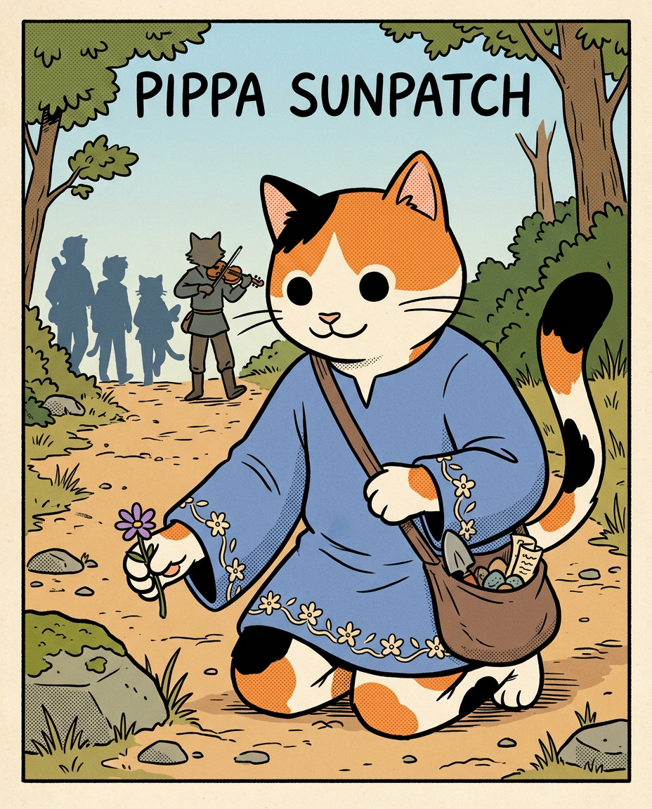 AI Design for � Pippa Sunpatch
Pippa Sunpatch is sunshine in cat form.
Not because she's loud.
Not because she's constantly talking.
But because whenever she's around, things feel a little brighter.
First Impression
Pippa is a calico cat.
Her fur is mostly white, covered in patches of:
🧡 Orange
🖤 Black
🤍 White
The patches are scattered naturally across her body.
When sunlight hits her fur, it almost looks like little pieces of sunlight resting on her coat.
That's where the name Sunpatch comes from.
Face
Pippa has a warm, friendly face.
Her eyes are bright and curious.
Not mischievous like Ashen.
Not focused like Jasper.
Not scholarly like Milo.
Just genuinely interested in the world.
She notices things other people miss.
Clothing
You mentioned blue, and I think blue works perfectly.
Not royal blue.
Not bright blue.
A soft storybook blue.
Something like:
🔵 Cornflower blue
🔵 Sky blue
🔵 Dusty blue
Her outfit could be a simple medieval dress or tunic.
Nothing fancy.
Just comfortable and practical.
Maybe small cream-colored embroidery along the sleeves.
Tiny flower patterns near the edges.
Subtle details.
Accessories
Pippa isn't the type to carry weapons everywhere.
Instead she might carry:
🌼 A flower pouch
🌿 Small gardening tools
📜 Little notes
🍎 Snacks
🐚 Interesting things she finds
Her pockets are always full of random treasures.
Personality
Pippa is kind.
But not in a boring way.
She's the friend who notices when someone feels left out.
The friend who remembers birthdays.
The friend who saves a flower because it looked lonely.
Her Role in the Group
This is important.
Every group needs someone who helps everyone stay connected.
That's Pippa.
When Jasper gets too obsessed with Rowan...
Pippa brings him back to earth.
When Milo disappears into research...
Pippa reminds him to eat.
When Shadow spends twelve hours drawing maps...
Pippa convinces him to take a break.
When Rufus gets discouraged...
Pippa encourages him.
When Ashen gets carried away...
Pippa laughs along with him.
She's the glue.
Pose
In illustrations she's often:
🌼 Holding flowers
🌿 Sitting in gardens
🐦 Feeding birds
📖 Listening to stories
😊 Smiling at friends
Not because she isn't adventurous.
Because she appreciates small beautiful things.
Silhouette
Even in silhouette:
🐱 Cat ears
👗 Simple blue outfit
🌼 Flower in paw
Recognizable immediately.
Storybook Illustration Example
Imagine a chapter illustration.
The group is walking along a forest road.
Jasper is looking ahead.
Shadow is studying a map.
Milo is reading while walking.
Ashen is playing his fiddle.
Rufus is carrying half the supplies.
Meanwhile, Pippa has stopped.
Not because she's tired.
Not because she's distracted.
A tiny wildflower is growing through a crack in a stone beside the road.
She's kneeling beside it.
Just admiring it for a moment.
Then she smiles and catches up with the group.
The Feeling She Gives
If Jasper is the adventure...
If Milo is the knowledge...
If Shadow is the exploration...
If Rufus is the courage...
If Ashen is the joy...
Then Pippa is the warmth.
She's the reason the group feels like friends instead of simply a team.
The kind of character readers remember because she makes the world feel kinder, brighter, and more alive. 🌼🐱💙✨
comic book art style with dot eyes bold black lines minimal shading simple colours baggz oneseie vibrant colours clothinkg middle ages style