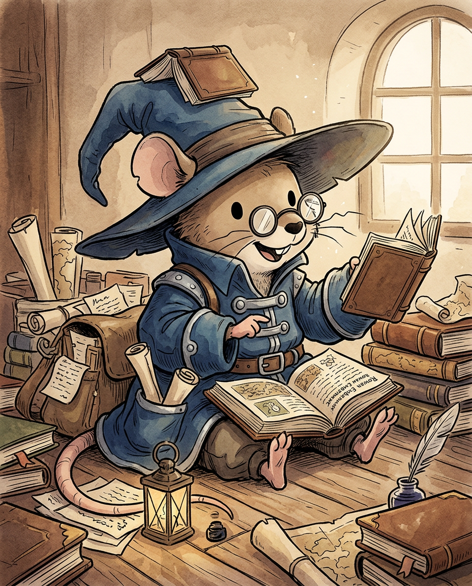 AI Design for Sure! Based on everything you've described so far, this is how I imagine **Milo Underburrow** in the *Embermane Chronicles* storybook art style.
---
# 🐭 Milo Underburrow
Milo is a small mouse, noticeably shorter than almost everyone else in the group.
At first glance, he looks like somebody who accidentally wandered out of a library and into an adventure.
---
## Face
Milo has a soft, friendly face.
His eyes are simple storybook eyes:
⚫ Small black dots or tiny ovals.
Not realistic.
Not anime.
Very expressive despite their simplicity.
His nose is small and dark.
His whiskers stick out in every direction, making him look a little untidy.
Like he forgot to comb them because he was busy reading.
---
## Glasses
One of his most recognizable features.
Large round spectacles.
Slightly oversized for his face.
They constantly slide down his nose.
Sometimes he pushes them back up while talking.
The glasses make him look:
* Curious
* Intelligent
* Slightly goofy
---
## Hat
His hat is enormous.
Almost comically large.
A floppy traveler's hat.
The brim droops slightly.
It casts a shadow over his face.
The hat always looks a little too big for him.
That's part of the charm.
---
## Clothing
Milo wears very baggy clothing.
Loose sleeves.
Oversized coat.
Big pockets everywhere.
The clothes almost look inherited from somebody twice his size.
Colors:
🔵 Deep blue
⚪ Silver-gray details
🟤 Brown belt
Nothing flashy.
Practical.
Comfortable.
A mouse who expects to spend all day reading.
---
## Accessories
Books.
Always books.
Not one book.
Several.
He often carries:
📚 A satchel full of notes
📚 Scrolls sticking out of pockets
📚 Little notebooks
📚 Folded maps
Sometimes papers fall out while he walks.
---
## Pose
When illustrated, Milo rarely stands still.
He's usually:
📖 Reading
📝 Writing notes
🔍 Examining something interesting
🤔 Thinking
Or excitedly explaining something nobody asked about.
---
## Personality Through Art
The illustrator should make him look:
* Enthusiastic
* Intelligent
* Curious
* Slightly chaotic
Not a serious scholar.
Not a boring professor.
More like:
> A mouse who got distracted researching one thing and accidentally discovered twelve more things.
---
## Silhouette
This is important.
Even completely blacked out, you'd recognize him instantly:
🎩 Huge floppy hat
👓 Round glasses
📚 Stack of books
🧥 Oversized coat
🐭 Small body
That silhouette becomes uniquely Milo.
---
## Storybook Illustration Example
Imagine a chapter illustration.
Milo is sitting cross-legged on a library floor.
Books are piled around him.
One book is open.
Another is balanced on his knee.
A third is somehow resting on top of his hat.
His glasses have slipped down his nose.
His tail curls around a stack of papers.
Meanwhile he's grinning because he's just discovered a fascinating fact about Rowan Embermane.
That single image tells you exactly who Milo is.
Not a warrior.
Not a king.
Not a hero in the traditional sense.
Just a wonderfully curious little mouse who loves learning almost as much as Jasper loves adventuring. 🐭📚✨