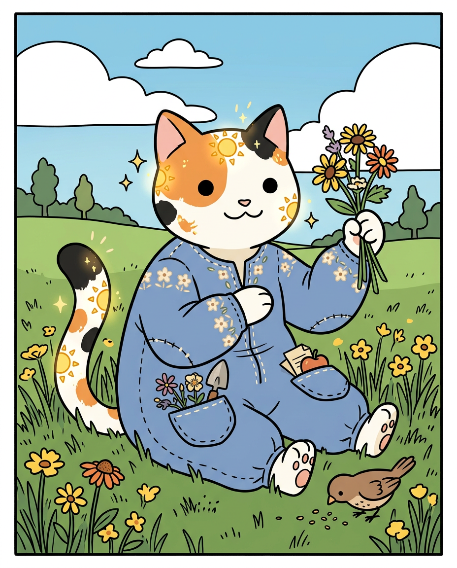 AI Design for � Pippa Sunpatch
Pippa Sunpatch is sunshine in cat form.
Not because she's loud.
Not because she's constantly talking.
But because whenever she's around, things feel a little brighter.
First Impression
Pippa is a calico cat.
Her fur is mostly white, covered in patches of:
🧡 Orange
🖤 Black
🤍 White
The patches are scattered naturally across her body.
When sunlight hits her fur, it almost looks like little pieces of sunlight resting on her coat.
That's where the name Sunpatch comes from.
Face
Pippa has a warm, friendly face.
Her eyes are bright and curious.
Not mischievous like Ashen.
Not focused like Jasper.
Not scholarly like Milo.
Just genuinely interested in the world.
She notices things other people miss.
Clothing
You mentioned blue, and I think blue works perfectly.
Not royal blue.
Not bright blue.
A soft storybook blue.
Something like:
🔵 Cornflower blue
🔵 Sky blue
🔵 Dusty blue
Her outfit could be a simple medieval dress or tunic.
Nothing fancy.
Just comfortable and practical.
Maybe small cream-colored embroidery along the sleeves.
Tiny flower patterns near the edges.
Subtle details.
Accessories
Pippa isn't the type to carry weapons everywhere.
Instead she might carry:
🌼 A flower pouch
🌿 Small gardening tools
📜 Little notes
🍎 Snacks
🐚 Interesting things she finds
Her pockets are always full of random treasures.
Personality
Pippa is kind.
But not in a boring way.
She's the friend who notices when someone feels left out.
The friend who remembers birthdays.
The friend who saves a flower because it looked lonely.
Her Role in the Group
This is important.
Every group needs someone who helps everyone stay connected.
That's Pippa.
When Jasper gets too obsessed with Rowan...
Pippa brings him back to earth.
When Milo disappears into research...
Pippa reminds him to eat.
When Shadow spends twelve hours drawing maps...
Pippa convinces him to take a break.
When Rufus gets discouraged...
Pippa encourages him.
When Ashen gets carried away...
Pippa laughs along with him.
She's the glue.
Pose
In illustrations she's often:
🌼 Holding flowers
🌿 Sitting in gardens
🐦 Feeding birds
📖 Listening to stories
😊 Smiling at friends
Not because she isn't adventurous.
Because she appreciates small beautiful things.
Silhouette
Even in silhouette:
🐱 Cat ears
👗 Simple blue outfit
🌼 Flower in paw
Recognizable immediately.
Storybook Illustration Example
Imagine a chapter illustration.
The group is walking along a forest road.
Jasper is looking ahead.
Shadow is studying a map.
Milo is reading while walking.
Ashen is playing his fiddle.
Rufus is carrying half the supplies.
Meanwhile, Pippa has stopped.
Not because she's tired.
Not because she's distracted.
A tiny wildflower is growing through a crack in a stone beside the road.
She's kneeling beside it.
Just admiring it for a moment.
Then she smiles and catches up with the group.
The Feeling She Gives
If Jasper is the adventure...
If Milo is the knowledge...
If Shadow is the exploration...
If Rufus is the courage...
If Ashen is the joy...
Then Pippa is the warmth.
She's the reason the group feels like friends instead of simply a team.
The kind of character readers remember because she makes the world feel kinder, brighter, and more alive. 🌼🐱💙✨
comic book art style with dot eyes bold black lines minimal shading simple colours baggz oneseie vibrant colours